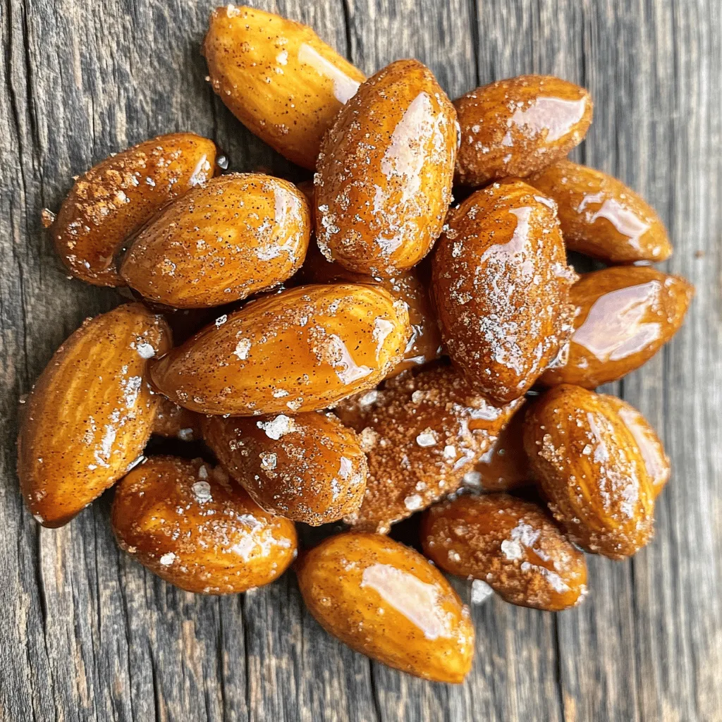 - 2 cups raw almonds - 1/4 cup pure maple syrup - 1 teaspoon ground cinnamon - 1/2 teaspoon vanilla extract - 1/4 teaspoon sea salt - 1/8 teaspoon cayenne pepper (optional) Gathering the right ingredients is key for the best flavor. First, you need raw almonds. They are the main star of this snack. Next, grab pure maple syrup. This syrup adds sweetness that complements the nuts perfectly. Ground cinnamon is next. It gives that warm, comforting spice flavor. You will also need vanilla extract. This will enhance the sweetness and make everything taste better. Sea salt is important too; it balances the flavors. If you like a bit of heat, cayenne pepper is an optional but fun addition. Make sure all your ingredients are fresh. This ensures the best taste in your Maple Cinnamon Roasted Almonds. Start by preheating your oven to 350°F (175°C). This step is key to getting the right crunch. While the oven heats, line a baking sheet with parchment paper. This will help your almonds not stick and make cleanup easy. In a medium bowl, combine the pure maple syrup, ground cinnamon, vanilla extract, sea salt, and cayenne pepper if you want a spicy kick. Mix these ingredients well until they blend into a smooth coating. This sweet and spicy mix makes the almonds pop with flavor. Now, add the raw almonds to the bowl. Make sure every almond gets covered in that tasty maple mixture. Use a spatula or your clean hands to mix them well. You want each almond to be luxuriously coated, so take your time with this step. Spread the coated almonds onto the lined baking sheet in a single layer. This ensures even roasting. Place the baking sheet in the preheated oven. Roast the almonds for 10 to 12 minutes. Stir them halfway through to promote even cooking. Keep a close eye on them; they should turn a beautiful golden color. Once the almonds smell amazing and have a lovely golden hue, take them out of the oven. Let them cool on the baking sheet for about 15 minutes. They will become crunchier as they cool, which makes them even more enjoyable to eat. After they cool, transfer the roasted almonds into an airtight container. Store them at room temperature. They will stay fresh and delightful for up to two weeks. Enjoy these tasty snacks anytime! - Keep an eye on the cooking time to avoid burning. - Stir the almonds halfway through for even roasting. Roasting almonds can be tricky. If you leave them too long, they may burn. Set a timer for 10 minutes. Check their color and aroma often. You want a nice golden brown, not dark. Stirring helps them roast evenly. This simple trick makes a big difference. - Think about adding spices like nutmeg or ginger for extra flavor. - Change the sweetness by adjusting the maple syrup amount. Want a unique twist? Add nutmeg for warmth or ginger for a kick. Both spices complement the sweet maple well. If you prefer less sweetness, reduce the maple syrup. Try it with less syrup first, then taste. You can always add more! - Serve in decorative bowls or on platters for a beautiful display. - Pair with fresh fruits or cheese for a fun snack board. Presentation matters! Use a colorful bowl or wooden platter. It makes the almonds look more inviting. For snack boards, add cheese or fruits. Apples or grapes go well with the sweet almonds. This creates a delightful mix of tastes and textures! {{image_4}} If you love a little heat, try this twist. Just add more cayenne pepper to the mix. This will give your almonds a nice kick. Feel free to start with a pinch and taste as you go. You can always add more heat later. This variation works well for those who enjoy bold flavors. Almonds are great, but you can switch things up. Try using cashews or pecans instead. Both nuts have a rich taste that pairs well with maple and cinnamon. You can follow the same recipe. Just remember to adjust the roasting time if needed. Each nut has a unique crunch and flavor. Want a healthier choice? Use sugar-free maple syrup. This swap keeps the sweet taste but lowers the sugar. You can enjoy the same great flavor without the extra calories. It’s a perfect option for those watching their sugar intake. Just mix it in the same way as the regular syrup. Store your Maple Cinnamon Roasted Almonds in an airtight container. This keeps them fresh and crunchy. You can use glass jars or plastic containers. Make sure the lid seals tightly to block out air. These roasted almonds last up to two weeks at room temperature. Keep them in a cool, dry place. Avoid direct sunlight, as it can make them go stale faster. If you notice any change in taste or smell, it’s best to throw them out. You can freeze these almonds for longer storage. Place them in a freezer-safe bag or container. Squeeze out as much air as possible before sealing. When ready to eat, let them thaw at room temperature. Enjoy their deliciousness even after weeks! You can use roasted almonds, but they will taste different. Raw almonds soak up the maple syrup and spices better. Roasted almonds may not absorb the flavors as much. If you use roasted almonds, reduce the roasting time to avoid overcooking. These almonds pair well with many snacks. Try serving them with: - Cheese, like sharp cheddar or creamy Brie - Fresh fruits, such as apples or pears - Yogurt, for a tasty dip - Dark chocolate, for a sweet treat This recipe is already vegan! All the ingredients are plant-based. The maple syrup, almonds, and spices fit a vegan diet perfectly. Enjoy these almonds guilt-free! Yes, you can change the sweetness by adjusting the maple syrup. If you prefer less sweetness, use only 2 tablespoons. For a sweeter taste, add more syrup, but keep it balanced. You want the flavors to shine! Now you have a simple way to make Maple Cinnamon Roasted Almonds. You can use basic ingredients and easy steps to create a tasty snack. Remember to keep an eye on your almonds while they roast to get them just right. You can try variations to suit your taste, like adding spices or using different nuts. These almonds store well and make great treats for sharing. Enjoy your new snack on its own or with other foods!