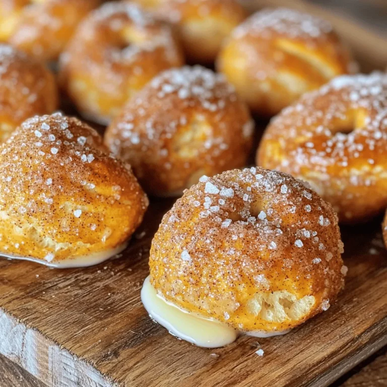 - 1 ½ cups warm water (around 110°F or 43°C) - 2 ¼ teaspoons active dry yeast (1 packet) - 2 tablespoons granulated sugar (for the dough) - 1 teaspoon salt - 4 cups all-purpose flour - ½ teaspoon baking soda (for boiling) - ¼ cup unsalted butter, melted (for brushing) - ½ cup granulated sugar (for coating) - 2 teaspoons ground cinnamon - Coarse sea salt (for final sprinkle) To make these tasty cinnamon sugar pretzel bites, you need simple, fresh ingredients. First, warm water activates the yeast. This crucial step helps the dough rise. Next, granulated sugar adds a touch of sweetness. Salt balances the flavors, while all-purpose flour gives structure. Baking soda plays a vital role in the boiling step. It gives pretzels their classic chewy texture. Unsalted butter brushed on top adds richness, while cinnamon sugar creates that sweet, irresistible coating. The coarse sea salt at the end enhances the flavor and adds a nice crunch. - Dipping sauces: melted butter, cream cheese - Additional toppings or flavorings You can customize your pretzel bites with fun dips. Melted butter makes a rich dip. Cream cheese adds a creamy twist. Feel free to add other toppings too, like chocolate or nuts, to make them your own! To start, you need to activate the yeast. In a large bowl, mix together: - 1 ½ cups warm water (around 110°F or 43°C) - 2 ¼ teaspoons active dry yeast (1 packet) - 2 tablespoons granulated sugar Let this sit for about 5 minutes. You want it frothy and bubbly. This shows the yeast is alive and ready to help your dough rise. Next, add in the salt and flour. Mix in: - 4 cups all-purpose flour Do this one cup at a time. Use a wooden spoon or a dough hook if you have one. Mix until the dough pulls away from the bowl and forms a ball. Now, knead the dough on a floured surface for about 5 minutes. You want it smooth and elastic. Form it into a ball and place it in a greased bowl. Cover it with a damp cloth and let it rise in a warm place for about 1 hour. It should double in size. Once the dough has risen, it’s time to shape the pretzel bites. Gently punch the dough down to release the air bubbles. Turn it out onto a floured surface. Roll it into a long rope about 1 inch thick. Cut it into bite-sized pieces, each about 1 inch wide. Now, prepare to boil. In a medium saucepan, bring 10 cups of water to a rolling boil. Carefully add: - ½ teaspoon baking soda Be careful, as it may bubble up. Once the water is ready, drop the pretzel bites in batches. Boil each for about 30 seconds. Use a slotted spoon to remove them and place them on a prepared baking sheet. Preheat your oven to 425°F (220°C). While it heats, brush the tops of the boiled pretzel bites with melted butter and sprinkle them with: - ½ cup granulated sugar - 2 teaspoons ground cinnamon Add a light sprinkle of coarse sea salt for more flavor. Bake the bites for 12-15 minutes or until they are golden brown and puffed up. Let them cool slightly on the baking sheet before serving. I love to serve them warm in a rustic basket lined with parchment paper. You can add small bowls of melted butter or cream cheese for dipping. They make a perfect snack or appetizer! To get that soft and chewy texture, knead your dough well. Knead it for about 5 minutes. It should feel smooth and elastic when done. If it’s too sticky, add a little flour. If it’s too dry, add a bit of water. Boiling the pretzels is very important. This step helps create that classic pretzel crust. When you boil them in water with baking soda, they puff up nicely. Boil them for about 30 seconds. This makes all the difference for the final texture. Balancing the sugar and cinnamon is key. Use ½ cup of sugar mixed with 2 teaspoons of cinnamon. This ratio gives a sweet and spicy flavor. You can adjust it slightly, but this mix works well. Timing also matters for coating. Sprinkle the cinnamon sugar right after brushing the pretzels with butter. This helps the sugar stick better. If you wait too long, the sugar won’t adhere as well. Enjoy those warm bites fresh out of the oven! {{image_4}} You can have fun with flavor! Why not try pumpkin spice? Just add pumpkin pie spice to the dough. This gives a nice fall twist. You could also make chocolate pretzel bites! Simply add cocoa powder to the dough. If you want something savory, think outside the box. Try adding herbs like rosemary or garlic powder. This will give your pretzel bites a unique taste. Savory pretzels pair well with cheese dips or marinara sauce. Presentation is key! Serve your cinnamon sugar pretzel bites in a rustic basket. Line the basket with parchment paper for a nice touch. You can also include small bowls of melted butter or cream cheese. These dips add a rich flavor and fun to your snack time. Try creative plating ideas too! Arrange the bites in a circle with dips in the center. This makes it easy for guests to reach for more. You could even sprinkle some extra cinnamon sugar on top for visual appeal. Enjoy experimenting with your serving style! To keep your leftover pretzel bites fresh, store them in an airtight container. This helps them stay soft and tasty. You can also wrap them in plastic wrap. If you want to keep them longer, place them in the fridge. For best results, eat them within two days. Reheating pretzel bites is easy. Preheat your oven to 350°F (175°C). Place the bites on a baking sheet. Heat them for about 5 to 7 minutes. This keeps them warm and crispy. You can also use a microwave. Heat them for 15 to 20 seconds, but they might get soft. For the best texture, stick with the oven. Enjoy your snack! Yes, you can freeze cinnamon sugar pretzel bites. First, let them cool completely. Then, place them in a single layer on a baking sheet. Freeze them for about an hour. After that, transfer them to an airtight bag or container. They will keep well for up to three months. To thaw, simply remove them from the freezer and let them sit at room temperature. You can also reheat them in the oven for a few minutes to regain that fresh-baked taste. Cinnamon sugar pretzel bites shine at any gathering. Serve them warm in a rustic basket lined with parchment paper. Add small bowls of melted butter or cream cheese for dipping. They are perfect for parties, game days, or family movie nights. You can also include a sweet dipping sauce like chocolate or caramel for extra fun. To make gluten-free pretzel bites, use a gluten-free flour blend. Look for blends that substitute for all-purpose flour. You can also add a bit of xanthan gum to help with the texture. Be sure to check that your baking soda and other ingredients are gluten-free too. This swap keeps the taste delicious while catering to dietary needs. You can find the full recipe for cinnamon sugar pretzel bites earlier in this article. It includes all the steps from mixing the dough to baking and serving. This recipe makes about 24 bites, perfect for sharing or enjoying on your own! Making pretzel bites is fun and rewarding. We covered the key ingredients and steps, from activating yeast to shaping and boiling. You learned tips for getting the best texture and tasty variations. It's easy to store and reheat leftover pretzels, too. In the end, enjoy these snacks however you like. Get creative with dips and toppings! With practice, you'll master the art of pretzel making. Enjoy your baking journey and share these treats with family and friends!