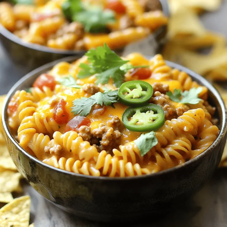 - 8 ounces fusilli or rotini pasta - 1 pound ground turkey or lean ground beef - 1 tablespoon olive oil - 1 small onion, diced - 2 cloves garlic, minced - 1 packet taco seasoning - 1 can (15 ounces) diced tomatoes with green chilies - 1 cup chicken or vegetable broth - 1 cup heavy cream - 1 cup shredded cheddar cheese - 1 cup corn kernels (fresh or frozen) - Salt and pepper to taste - Fresh cilantro, chopped (for garnish) - Sliced jalapeños (optional, for an extra kick) Gather all these ingredients before you start cooking. This makes the process smooth and easy. The pasta is the base of the dish. You can use fusilli or rotini, which hold the sauce well. Ground turkey or lean beef gives it protein and flavor. Olive oil helps cook the meat and adds richness. Onions and garlic bring depth to the dish. Taco seasoning gives it that classic taco taste. Diced tomatoes with green chilies add a nice kick. Chicken or vegetable broth keeps the pasta moist and flavorful. Heavy cream makes the sauce rich and creamy. Shredded cheddar cheese adds a gooey texture. Corn kernels add sweetness and color. Finally, season with salt and pepper. Fresh cilantro brightens the dish. If you like heat, add jalapeños for extra spice. By prepping these ingredients, you’ll make a delicious creamy taco pasta. This meal is quick, tasty, and perfect for busy nights. Enjoy cooking! - Bring a large pot of salted water to a boil. - Add 8 ounces of fusilli or rotini pasta. - Cook until al dente, about 8-10 minutes. - Drain the pasta and set it aside. - Heat 1 tablespoon of olive oil in a large skillet. - Add 1 pound of ground turkey or lean ground beef. - Brown the meat for 5-7 minutes, breaking it apart as it cooks. - Drain any excess fat from the skillet if needed. - Stir in 1 small diced onion and 2 minced garlic cloves. - Sauté for about 3 minutes until the onion is tender. - Mix in 1 packet of taco seasoning, stirring well to combine. - Pour in 1 can of diced tomatoes with green chilies. - Add 1 cup of chicken or vegetable broth. - Mix everything and bring to a gentle simmer for 4-5 minutes. - Carefully stir in 1 cup of heavy cream, letting it thicken. - Add the cooked pasta and 1 cup of corn kernels. - Mix in 1 cup of shredded cheddar cheese until melted. - Season with salt and pepper to taste, mixing well. - Garnish with chopped cilantro and sliced jalapeños if desired. To cook pasta to al dente, start with a large pot of salted water. Bring it to a boil before adding your fusilli or rotini. Cook according to package directions, usually about 8-10 minutes. Check the pasta a minute or two before the time is up. It should be firm yet tender. Drain the pasta right away to stop cooking. To avoid a greasy skillet, drain excess fat after browning the meat. Use a leaner meat option like ground turkey. This keeps the dish lighter and lets the flavors shine. For depth, add extra spices. You might try chili powder, cumin, or paprika. These spices enhance the taco flavor. You can also mix in a pinch of cayenne for heat. Using fresh herbs can elevate your dish. Add cilantro or parsley right before serving. The fresh taste brightens the rich creaminess. You can also sprinkle some lime juice for a zesty kick. For serving, consider deep bowls over plates. This helps keep the pasta warm and lets the sauce pool at the bottom. Adding garnishes boosts visual appeal. Top with extra cheddar cheese and a few sprigs of cilantro. You can also add sliced jalapeños for color and spice. Serve with tortilla chips on the side for a delightful crunch. {{image_4}} You can switch the meat in this dish easily. Ground chicken works well for a leaner choice. If you prefer plants, use lentils or a meat substitute. These options cater to different diets. They keep the dish tasty while meeting your needs. Changing the cheese can change the dish's flavor. Try pepper jack for a spicy kick. You can also use mozzarella for a milder taste. If you need dairy-free, swap heavy cream for coconut milk. It adds creaminess without the dairy. Not a fan of wheat pasta? Use gluten-free pasta. There are many options, like rice or quinoa pasta. You can even try whole grain for more fiber. Different shapes, like penne or bowties, can make this dish fun. Mix it up to keep things interesting! To store leftovers, let the creamy taco pasta cool first. Once cooled, place it in an airtight container. This keeps it fresh and tasty. Use shallow containers to help it cool faster. I recommend glass or BPA-free plastic containers. They are durable and safe for food storage. To reheat, use a skillet on low heat. This warms the pasta gently. Stir often to keep it from sticking. You can also use a microwave. Heat it in short bursts, stirring in between. Add a splash of cream if it seems too thick. This helps keep the creaminess intact. Yes, you can freeze creamy taco pasta! Store it in an airtight container. Leave some space at the top for expansion. When you want to eat it, take it out of the freezer. Thaw it overnight in the fridge. Reheat it in a skillet or microwave as mentioned above. Just remember, the texture may change slightly after freezing. How long does it take to make Creamy Taco Pasta Skillet? It takes about 30 minutes to make this dish. You spend 15 minutes on prep and 15 minutes cooking. Can I use different types of meat? Yes! Ground turkey and lean ground beef work well. You can also use ground chicken or tofu for a meatless option. Is this recipe suitable for leftovers? Absolutely! This pasta skillet keeps well in the fridge. Store it in an airtight container for up to three days. What are the best sides to serve with it? Tortilla chips make a great side. You can also serve a fresh salad or some steamed veggies for balance. Can I make this dish in advance? Yes, you can prep it ahead of time. Just cook and combine the ingredients, then store it in the fridge. Reheat before serving. This blog post shared a simple recipe for Creamy Taco Pasta Skillet. We covered each ingredient, from pasta to protein. I outlined step-by-step instructions and provided tips for texture and flavor. You can also adapt the recipe with various proteins and sauces. For storage, I included best practices to keep your dish fresh. Enjoy cooking and savoring this tasty meal! Whether you share it or keep it for yourself, it’s a winner.