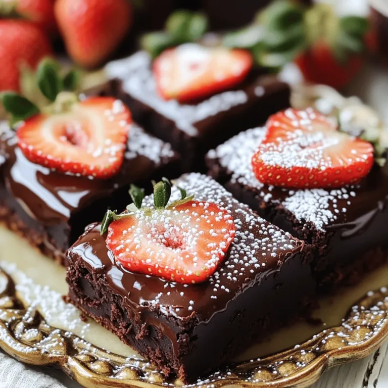 Here is the detailed list of ingredients you need for these chocolate covered strawberry brownies: - 1 cup all-purpose flour - 1/2 cup unsweetened cocoa powder - 1/2 teaspoon baking powder - 1/4 teaspoon salt - 1/2 cup unsalted butter, melted - 1 cup granulated sugar - 2 large eggs - 1 teaspoon vanilla extract - 1 cup fresh strawberries, hulled and sliced - 1/2 cup semi-sweet chocolate chips - 1/2 cup heavy cream - 1/4 cup powdered sugar These ingredients create a rich and moist brownie base. The cocoa powder adds deep chocolate flavor, while the strawberries bring in natural sweetness and freshness. The chocolate ganache on top makes each bite a delight. You will love how they come together! - Preheat oven to 350°F (175°C). - Prepare an 8x8 inch baking pan by greasing it lightly. Line it with parchment paper. Leave some paper hanging over the edges. This will help you lift the brownies out later. - In a medium bowl, whisk together: - 1 cup all-purpose flour - 1/2 cup unsweetened cocoa powder - 1/2 teaspoon baking powder - 1/4 teaspoon salt - Mix until all the dry ingredients blend well. Set this bowl aside. - In a larger bowl, mix: - 1/2 cup melted unsalted butter - 1 cup granulated sugar - Use a whisk or spatula to stir until smooth. - Add 2 large eggs one at a time. Mix well after each egg. - Finally, stir in 1 teaspoon vanilla extract to add flavor. - Gradually fold the dry mix into the wet ingredients. Mix just until no dry flour remains. - Overmixing can make brownies dense, so be gentle. - Next, fold in 1 cup of hulled and sliced fresh strawberries. Distribute them evenly in the batter. - Pour the brownie batter into the prepared pan. Use a spatula to spread it evenly. - Bake in your preheated oven for 20-25 minutes. - Check doneness with a toothpick. It should come out with a few moist crumbs. - While the brownies bake, prepare the chocolate ganache. - In a small saucepan, heat 1/2 cup heavy cream over medium heat until it simmers. - Pour the hot cream over 1/2 cup semi-sweet chocolate chips in a heatproof bowl. - Let it sit for about a minute. Then, stir until smooth and shiny. This method ensures each step is clear and easy to follow, making your chocolate covered strawberry brownies a delightful treat! To make perfect brownies, avoid overmixing the batter. When you mix too much, they turn out dense and tough. Mix just until you no longer see dry flour. Know when your brownies are done baking by checking with a toothpick. Insert it into the center. If it comes out with a few moist crumbs, they are ready. If it comes out wet with batter, bake a bit longer. For the best chocolate ganache, use semi-sweet chocolate chips and heavy cream. Heat the cream until it simmers, then pour it over the chocolate. Let it sit for a minute before stirring. This helps the chocolate melt evenly. Stir until the ganache is smooth and shiny. If it seems too thick, add a little more warm cream for the right texture. Cut the cooled brownies into equal squares for a neat look. Use a sharp knife for clean cuts. Arrange them on a decorative platter. Top each brownie with a slice of fresh strawberry. Dust with powdered sugar using a fine sieve. This adds a lovely touch and makes your brownies look inviting. {{image_4}} You can make these brownies your own by adding nuts or other berries. Try walnuts or pecans for a nice crunch. You can also use raspberries or blueberries if you want a fruity twist. Just remember to chop nuts and berries into smaller pieces. This way, they mix well into the batter. If you want to switch things up, consider using white chocolate ganache or cream cheese frosting. For white chocolate ganache, simply melt white chocolate with heavy cream. This creates a sweet and creamy topping. Cream cheese frosting adds a tangy flavor that pairs well with the sweet brownies. Both options give a new taste to your dessert. If you need gluten-free brownies, swap out the all-purpose flour for a gluten-free blend. Many stores sell these blends that work well in baking. Just make sure to check the mix for any extra ingredients. This way, you still enjoy fudgy brownies without gluten. To keep your chocolate covered strawberry brownies fresh, place them in an airtight container. You can store them at room temperature for up to three days. If you want them to last longer, refrigerate them. Just remember to let them cool completely before sealing. - Room temperature: up to 3 days - Refrigerator: up to 1 week - Freezer: up to 3 months If you freeze them, wrap each brownie in plastic wrap, then place them in a freezer bag. This helps prevent freezer burn. When you want to enjoy a warm brownie, reheating is easy. Preheat your oven to 350°F (175°C). Place the brownies on a baking sheet and cover them with foil. Heat for about 10 minutes. This keeps them soft and chewy. You can also reheat in the microwave. Place a brownie on a microwave-safe plate. Heat for 10-15 seconds. Check if it’s warm enough. Be careful not to overheat; they can become tough. These brownies stay fresh for a while. At room temperature, they last about three days. In the fridge, they stay good for one week. If you freeze them, they can last up to three months. Just make sure to wrap them well. This way, you can enjoy a sweet treat anytime! Yes, you can make these brownies ahead of time. Bake them, then cool fully. Wrap them well in plastic wrap or foil. Store in the fridge for up to a week. You can also freeze them for up to three months. Just thaw before serving. If your brownies are too dense, try these tips: - Check your mixing: Don't overmix the batter. This can lead to density. - Measure carefully: Use the right amount of flour and cocoa powder. Too much can make them heavy. - Bake correctly: Overbaking can also cause density. Use a toothpick to check for doneness. Yes! You can use different types of chocolate. For the ganache, try dark or milk chocolate. You can also use white chocolate for a sweeter touch. In the batter, feel free to mix semi-sweet with dark chocolate chips. This adds a rich flavor. You can find Chocolate Covered Strawberry Brownies at local bakeries. Many bakeries sell gourmet brownies. You might also look online. Some websites offer delivery of freshly baked brownies. Check out specialty dessert shops for unique options. This blog post laid out how to make delicious chocolate-covered strawberry brownies. We covered each ingredient you need and shared step-by-step instructions. Now you know tips for perfect brownies, variations you can try, and how to store them. With these simple steps, you can impress anyone with your baking. Enjoy creating and sharing these treats! Happy baking!