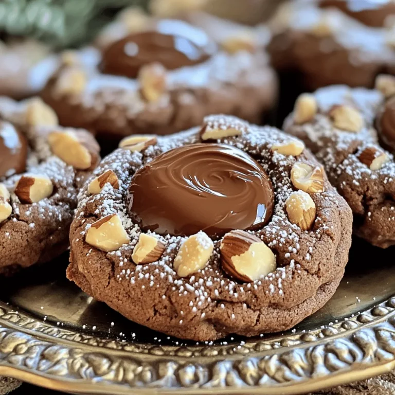 To make Chocolate Hazelnut Thumbprint Cookies, gather these ingredients: - 1 cup all-purpose flour - ½ cup unsweetened cocoa powder - ½ teaspoon baking powder - ¼ teaspoon salt - ½ cup unsalted butter, softened to room temperature - ½ cup granulated sugar - ½ cup packed brown sugar - 1 large egg - 1 teaspoon pure vanilla extract - ¾ cup chopped roasted hazelnuts (reserve some for garnish) - ½ cup chocolate hazelnut spread These ingredients are key to creating a rich, chocolatey cookie. The flour and cocoa powder provide the base, while the baking powder helps them rise. Salt enhances the flavor, and butter adds richness. The sugars give the cookies sweetness and a lovely texture. The egg binds everything together, and vanilla adds depth to the taste. Chopped hazelnuts bring a delightful crunch, and chocolate hazelnut spread fills the thumbprint with creamy goodness. Gather these items before you start. Having everything ready makes cooking easier and more fun! - Preheat your oven to 350°F (175°C). - Line a baking sheet with parchment paper to keep cookies from sticking. - In a bowl, sift 1 cup of all-purpose flour with ½ cup of cocoa powder. - Add ½ teaspoon of baking powder and ¼ teaspoon of salt. Mix well and set aside. - In a large bowl, cream together ½ cup of softened butter with ½ cup of granulated sugar and ½ cup of brown sugar. - Beat until the mixture is light and fluffy, about 2-3 minutes. - Add 1 large egg and 1 teaspoon of pure vanilla extract, mixing until smooth. - Gently mix the dry ingredients into the wet mixture. Stir just until combined. - Fold in ¾ cup of chopped roasted hazelnuts for a nice crunch. - Scoop out dough using a tablespoon or a cookie scoop. Roll it into balls. - Place the dough balls on the baking sheet, leaving space between them. - Use your thumb or a small spoon to make an indentation in each ball. - Fill each thumbprint with a small dollop of chocolate hazelnut spread. - Bake for 10-12 minutes. Watch for firm edges and soft centers. - Let the cookies cool on the baking sheet for 5 minutes. - Transfer them to a wire rack to cool completely. Enjoy your cookies with a sprinkle of powdered sugar for a lovely touch! - Avoiding overmixing: Mix your dough just until it comes together. Overmixing makes cookies tough. Gently fold in the hazelnuts for the best texture. - The importance of room temperature ingredients: Softened butter blends well with sugar. Room temperature eggs mix in easily, creating a smooth batter. This helps cookies rise and bake evenly. - Dusting with powdered sugar: Sprinkle powdered sugar on top before serving. This adds a touch of sweetness and looks beautiful. - Decorative serving suggestions: Place cookies on a pretty platter with whole hazelnuts. This creates an inviting display. It makes your treats more appealing to everyone! {{image_4}} You can change up this recipe in fun ways. Instead of hazelnuts, try pecans or walnuts. These nuts add their own unique taste. You can also use almond flour for a nutty twist. If you want different fillings, swap out the chocolate hazelnut spread. You can use fruit preserves like raspberry or apricot. These options bring a fresh, fruity flavor. If you need gluten-free cookies, use a gluten-free flour blend. This ensures everyone can enjoy them. Just make sure it has a good mix of starches and proteins. For a vegan version, replace the egg with flaxseed meal. Mix one tablespoon of flaxseed with three tablespoons of water. Let it sit for a few minutes to thicken. Use a vegan butter substitute in place of regular butter. These simple changes keep your cookies tasty and inclusive. To keep your chocolate hazelnut thumbprint cookies fresh, store them in a cool, dry place. Use an airtight container to prevent them from drying out. Layer parchment paper between cookies to avoid sticking. This helps maintain their shape and texture. You can freeze these cookies for later enjoyment. First, let the cookies cool completely. Place them in a single layer on a baking sheet and freeze for about an hour. Once frozen, transfer them to a freezer-safe bag or container. This keeps them fresh for up to three months. When you're ready to eat them, simply take out a cookie and let it thaw at room temperature. You can also warm them in the oven for a few minutes. This brings back their delightful texture and flavor. Enjoy your treat whenever you like! Yes, you can use other types of spread. Almond butter or peanut butter works great. Just choose a spread you like. To keep cookies from spreading, chill the dough for 30 minutes. This helps them hold their shape. Also, be sure to measure your ingredients accurately. You can soften butter quickly by cutting it into small cubes. Place it in a warm area for about 10 minutes. You can also microwave it for 5-10 seconds, but watch closely to avoid melting. Yes, you can make the dough ahead of time. Wrap it tightly in plastic wrap and refrigerate it for up to 3 days. You can also freeze it for longer storage. These cookies last about a week at room temperature in an airtight container. For longer freshness, store them in the fridge or freeze them. This blog post covered all the steps to make delicious thumbprint cookies. You learned about the ingredients, from all-purpose flour to chocolate hazelnut spread. I shared easy instructions for mixing, shaping, and baking. Plus, I included tips for success and variations to try. Baking these cookies can bring joy to your kitchen. Remember to have fun and be creative. Happy baking!