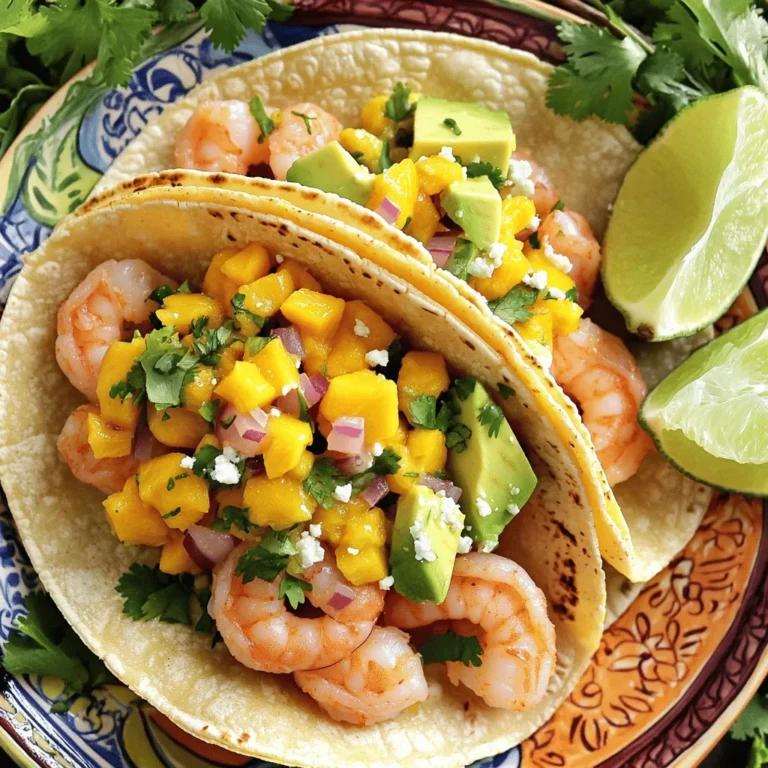 - 1 lb large shrimp, peeled and deveined - 1 ripe mango, diced - 1 habanero pepper, finely chopped - 1/4 cup red onion, finely diced - 2 tablespoons fresh cilantro, chopped - 2 tablespoons fresh lime juice - 1 tablespoon olive oil - 1 teaspoon garlic powder - Salt and black pepper, to taste - 8 small corn tortillas - 1 avocado, sliced thinly - 1/2 cup crumbled queso fresco (optional) Gathering fresh ingredients makes this dish shine. Start with large shrimp, as they give a good bite. Peel and devein them for a clean taste. The ripe mango adds sweetness and color. Make sure it is firm yet soft enough to cut easily into small cubes. The habanero gives heat, so chop it finely to spread the flavor. Red onion adds crunch and a bit of sharp taste. Cilantro brings freshness, cutting through the richness of the shrimp. In your pantry, lime juice brightens every bite. Olive oil helps to marinate the shrimp well. Garlic powder adds depth, while salt and black pepper enhance all the flavors. For tortillas, small corn tortillas work best. They hold the filling nicely. Avocado adds creaminess, balancing the heat from the habanero. If you want a bit of tang, crumble queso fresco on top as a garnish. This entire mix creates a tasty taco experience. - Combine shrimp, garlic powder, lime juice, olive oil, and seasonings. - Incorporate finely chopped habanero pepper. - Marinate for 15 to 20 minutes. I love starting with the shrimp. You want to use large, fresh shrimp. Peel and devein them first. Then, in a bowl, mix garlic powder, lime juice, olive oil, and a sprinkle of salt and pepper. Add the finely chopped habanero pepper. If you want less heat, use less pepper. Toss everything to coat the shrimp well. Cover the bowl and let it sit for 15 to 20 minutes. This step lets the shrimp soak up those zesty flavors. - Mix diced mango, red onion, cilantro, lime juice, and salt. - Allow flavors to blend. While the shrimp marinates, it's time for the mango salsa. Grab another bowl and add diced ripe mango, finely chopped red onion, and chopped cilantro. Squeeze in fresh lime juice and add a pinch of salt. Mix it all gently. Let it sit for a few minutes. This waiting time helps the flavors mix nicely. - Heat skillet to medium-high. - Cook shrimp for 2 to 3 minutes per side. - Avoid overcooking for best texture. Now, heat a skillet over medium-high heat. Once hot, add the marinated shrimp in a single layer. Cook for about 2 to 3 minutes on each side. Watch for the shrimp to turn pink and opaque. Overcooking can make them rubbery, so keep an eye on them. Once done, remove the skillet from heat. - Heat tortillas in a skillet or microwave. - Ensure pliability without crisping. Next, it’s time to warm the tortillas. You can do this in a dry skillet for about 30 seconds on each side. They should be pliable but not crispy. If you prefer, wrap them in a clean towel and microwave for about 20 seconds. This makes the tortillas easy to fold. - Layer shrimp and salsa in tortillas. - Add avocado slices and queso fresco. Now comes the fun part—assembling the tacos! Take a warm tortilla and add a generous portion of the cooked shrimp. Spoon some mango salsa on top. If you like, add a few slices of avocado for creaminess. For an extra treat, sprinkle some crumbled queso fresco on top. - Serve immediately with lime wedges and extra cilantro. Serve the tacos right away while they’re warm. Include lime wedges on the side for a zesty kick. You can also add extra cilantro sprigs for a fresh look. Enjoy your mango habanero shrimp tacos! To avoid rubbery shrimp, do not overcook them. Cook for just 2 to 3 minutes on each side. The shrimp should turn pink and opaque when done. If you want less heat, use less habanero. You can also remove the seeds to lower the spice level. This way, you can still enjoy the vibrant flavor without the burn. Balancing sweetness and acidity in your salsa is key. The ripe mango adds sweetness, while fresh lime juice brings in acidity. Add a pinch of salt to enhance the flavor. For more texture, try adding diced cucumber or chopped bell pepper. You can also mix in some diced jalapeño for extra kick or use fresh avocado for creaminess. Warm your tortillas to enhance their flavor. I prefer using a dry skillet over medium heat. Heat each tortilla for about 30 seconds on each side. This makes them soft and easy to fold. If you have leftovers, store them in a sealed bag or container. This keeps them fresh and ready for your next meal. {{image_4}} For those who want to swap shrimp, chicken or tofu works great. Chicken adds hearty flavor while tofu gives a satisfying bite. If you prefer a vegan option, try a mango salsa with black beans. This mix keeps the dish hearty and healthy. If habaneros are too hot, use jalapeños or bell peppers instead. These peppers offer a milder taste. To make it extra spicy, add more chopped habaneros or even a dash of hot sauce. Adjust to your taste for the perfect kick. These tacos pair well with rice or beans for a filling meal. Try serving them in lettuce wraps for a fun low-carb twist. This adds crunch and freshness, making it a great option for those watching carbs. To keep your tacos fresh, it’s best to store the shrimp, salsa, and tortillas separately. This way, the tortillas stay soft and the shrimp remains juicy. Use airtight containers for the shrimp and salsa. For tortillas, wrap them in plastic wrap or place them in a resealable bag. When reheating shrimp, use a skillet over medium heat. Add a splash of water to keep them moist. Heat for just a few minutes until warm, but don’t overcook. For tortillas, warm them in a dry skillet or microwave for about 20 seconds. This helps maintain their softness. You can also serve leftover shrimp on a salad or in a wrap for a twist. Shrimp lasts about three days in the fridge. Salsa can stay fresh for up to five days. If you freeze shrimp, it can last up to three months. Always check for signs of spoilage. Shrimp should smell fresh, not fishy. Salsa that looks dull or has mold should be discarded. Yes, you can use frozen shrimp. First, thaw the shrimp safely. Place them in the fridge overnight or run cold water over them for 10 to 15 minutes. Avoid hot water, as it can cook the shrimp. Pat them dry before marinating. This helps the shrimp soak up all the flavors. You can add many toppings. Try shredded cabbage for crunch. Pickled onions add a tangy bite. You can also use fresh jalapeños for extra heat. A drizzle of spicy mayo can enhance the flavor. Serve with lime wedges for a zesty touch. To prep ahead, marinate the shrimp earlier in the day. Store them in the fridge until you are ready to cook. You can also make the mango salsa in advance. Just keep it covered in the fridge. Warm the tortillas just before serving for the best taste. In summary, we explored vibrant shrimp tacos made with fresh and pantry ingredients. We marinated shrimp, prepared a delicious mango salsa, and assembled the tacos with care. Remember, you can adjust spice levels and substitute proteins to fit your tastes. Store leftovers properly for future enjoyment. Experimenting with different flavors and serving ideas can keep meals exciting. Get creative, and enjoy your delicious tacos!