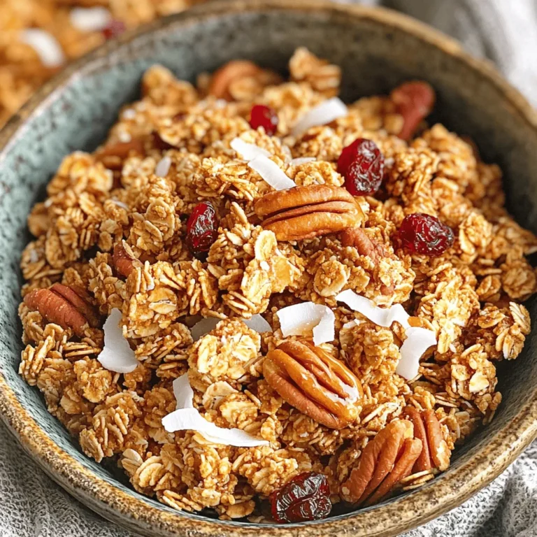 - 2 cups rolled oats - 1 cup pecans, roughly chopped - 1/2 cup unsweetened shredded coconut - 1/2 cup pure maple syrup - 1/4 cup melted coconut oil - 1/2 teaspoon pure vanilla extract - 1/2 teaspoon ground cinnamon - 1/4 teaspoon fine sea salt - 1/2 cup dried cranberries (or other dried fruits) You will need a mix of wholesome ingredients for this granola. First, rolled oats form the base. They provide fiber and help create a crunchy texture. Next, we add pecans, which give a rich flavor and a nice crunch. Don't forget the unsweetened shredded coconut; it adds a tropical touch. Using pure maple syrup as the sweetener brings a lovely depth of flavor. Coconut oil keeps the granola moist while adding healthy fats. The vanilla extract, ground cinnamon, and sea salt enhance the taste. Lastly, I recommend adding dried cranberries or any dried fruit you like for a sweet bite. These ingredients work together to create a tasty Maple Pecan Granola that you will love! First, set your oven to 350°F (175°C). This is the perfect heat for crisping the granola. Next, grab a large baking sheet and line it with parchment paper. This paper stops the granola from sticking and makes clean-up easy. In a big mixing bowl, toss in 2 cups of rolled oats, 1 cup of roughly chopped pecans, and 1/2 cup of unsweetened shredded coconut. Using a spoon, stir these dry ingredients well. Make sure everything is mixed evenly. This step is key for balanced flavor. In another bowl, whisk together 1/2 cup of pure maple syrup, 1/4 cup of melted coconut oil, 1/2 teaspoon of pure vanilla extract, 1/2 teaspoon of ground cinnamon, and 1/4 teaspoon of fine sea salt. Mix until it's smooth. This wet mixture adds sweetness and flavor to your granola. Pour the wet mixture over the dry ingredients. Gently stir everything together. You want to ensure all the oats and pecans get coated in the sweet maple blend. This step helps the granola clump together as it bakes. Spread the granola mixture evenly on the lined baking sheet. Make sure it’s in a single layer for even cooking. Place the sheet in your preheated oven and bake for 20-25 minutes. Halfway through, stir the granola to help it brown evenly. Keep an eye on it to avoid burning. After baking, take the sheet out of the oven. Let the granola cool completely on the baking sheet. This cooling time is crucial for the crunchy texture you want. Once cooled, gently fold in 1/2 cup of dried cranberries. This adds a nice touch of sweetness and color to your granola. To get that perfect crunch in your granola, cooling is key. After you bake it, let it cool on the sheet. This cooling time helps form clusters. Once it's cool, break it into pieces. If you try to break it apart while it's hot, it will crumble. You can switch out the coconut or sweeteners if needed. For coconut, try using nuts like almonds. If you want a different sweet taste, agave syrup works great. Honey is also a good choice if you are not vegan. Feel free to experiment until you find your favorite mix! Stir the granola halfway through baking. This helps everything cook evenly. Keep an eye on it to avoid burning. If you see it turning dark, take it out sooner. The best granola is golden brown, not burnt. These small steps will ensure your granola turns out just right! {{image_4}} You can change the flavor of your granola easily. Try adding chocolate chips for a sweet twist. Dark chocolate pairs well with the maple and pecans. You can also use spices. A pinch of nutmeg or ginger adds warmth. These flavors make your granola exciting and new. If you want to switch it up, use different nuts. Almonds or walnuts work great in this recipe. They add a nice crunch and flavor. You can even mix different nuts together. Just make sure to chop them roughly for even baking. Add seeds or dried fruits for extra texture. Pumpkin seeds or sunflower seeds boost nutrition. They add a good crunch too. For dried fruits, try raisins, apricots, or figs. These fruits add sweetness and chewiness. Mixing these extras creates a fun and tasty granola. To keep your maple pecan granola fresh, store it in airtight containers. These containers prevent air and moisture from getting in. You can use glass jars or plastic bins with tight lids. This way, your granola stays crunchy and tasty for longer. When stored properly, your granola lasts about two weeks. After that, it may lose its crunch and flavor. Check for any signs of spoilage, like odd smells or changes in texture. If it smells great and looks good, it’s still good to eat! If you want to save some for later, you can freeze your granola. Place it in a freezer-safe bag or container. Remove as much air as you can before sealing. Granola can last for about three months in the freezer. When you’re ready to eat it, just let it thaw at room temperature. Then, enjoy your crunchy snack! To make this granola vegan, substitute the honey with maple syrup. Use plant-based oils like coconut oil. Ensure your vanilla extract is pure and vegan-friendly. You can also add a splash of almond milk if you want a creamier texture. Yes! You can use a variety of nuts. Try walnuts, almonds, or cashews. Mixing different nuts adds flavor and crunch. Just keep the total amount the same, so your granola bakes evenly. Yes, this granola can be gluten-free. Use certified gluten-free oats. Always check labels on other ingredients like nuts and dried fruits. This way, you ensure no gluten sneaks in. You can add your favorite seeds like chia or flaxseeds. Try different dried fruits such as apricots or figs. Add spices like nutmeg or cardamom for a twist. Make it your own by mixing flavors you love! Making Maple Pecan Granola is simple and fun. You need just a few ingredients and clear steps. We talked about key ingredients like oats, pecans, and maple syrup. I showed you how to mix and bake them for a tasty snack. Remember to cool your granola for a great crunch. You can try different nuts or flavors to make it your own. Store it right to keep it fresh. Enjoy your delicious creation, and share it with friends!