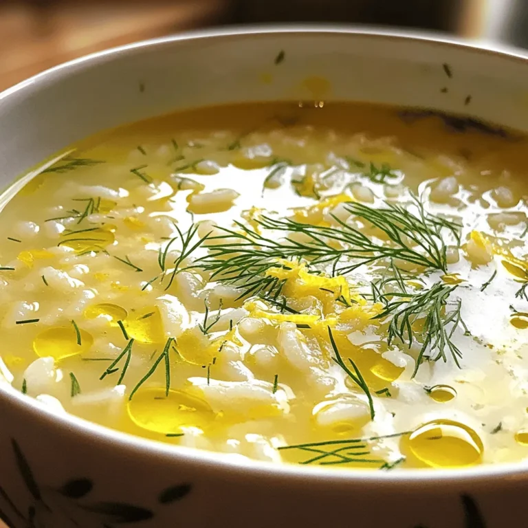 Let’s gather the needed ingredients to make this delicious Greek lemon rice soup. Each item plays a key role in creating the perfect balance of flavor. Here’s what you need: - 1 cup uncooked rice (jasmine or basmati) - 4 cups chicken or vegetable broth - 1 small onion, finely chopped - 2 cloves garlic, minced - 2 large eggs - 1/4 cup fresh lemon juice (about 2 lemons) - Zest of 1 lemon - 2 tablespoons olive oil - Salt and pepper to taste - Fresh dill or parsley, chopped, for garnish Each of these ingredients adds something special to the soup. The rice gives it body, while the lemon juice adds a bright, fresh taste. The eggs create a creamy texture without using heavy cream. I like to use fresh herbs like dill or parsley to finish it off with a pop of color and flavor. When you prepare this soup, make sure to choose high-quality broth. It makes a big difference! You can use either chicken or vegetable broth depending on your preference. Fresh lemon juice is a must. It brightens the dish and gives it that classic Greek flavor. This list is simple, yet it creates a warm and comforting meal perfect for any day. As you gather these ingredients, think about how they will come together to create a delightful bowl of Greek lemon rice soup. 1. In a medium pot, bring 4 cups of chicken or vegetable broth to a boil. 2. Once the broth is boiling, add 1 cup of uncooked rice. 3. Cook the rice until tender, about 15-20 minutes. 4. After cooking, drain any excess liquid and set the rice aside. 1. In a large pot, heat 2 tablespoons of olive oil over medium heat. 2. Add 1 small, finely chopped onion to the pot. 3. Sauté the onion until soft and translucent, about 4-5 minutes. 4. Then, add 2 cloves of minced garlic and sauté for 1 more minute. 1. Lower the heat to a gentle simmer. 2. Add the cooked rice and broth to the pot with the onion and garlic. 3. Stir well to mix everything together. 4. Let the mixture simmer gently for about 5 minutes. 1. In a separate bowl, whisk together 2 large eggs, 1/4 cup of fresh lemon juice, and the zest of 1 lemon. 2. Make sure the mixture is smooth and well combined. 1. Slowly add a ladleful of hot broth from the soup into the egg mixture. 2. Whisk continuously to raise the temperature of the eggs. 1. Once the egg mixture is warm, pour it back into the soup. 2. Stir constantly to achieve a smooth consistency. 3. Heat the soup on low for 3-5 minutes without letting it boil. For this soup, jasmine or basmati rice works best. They both add a light, fluffy texture. If you can't find these, try long-grain white rice or even arborio rice. Arborio offers a creamier feel, making your soup more comforting. Fresh herbs make a big difference. I recommend using dill or parsley. They balance the lemon's bright taste. You can also add sliced green onions or croutons for extra crunch. A sprinkle of paprika can add a nice touch too. Balancing the soup's acidity is key. You can add more lemon juice for a zesty kick, but be careful. Too much can overwhelm the dish. Taste as you go and adjust with salt and pepper to find the right balance. A dash of olive oil can also smooth out sharp flavors. {{image_4}} You can easily make this soup vegetarian. Just switch the broth. Use vegetable broth instead of chicken broth. This change keeps the flavors rich and tasty. For protein, try adding cooked chickpeas or tofu. Both options add protein and make the soup filling. Adding veggies can make your soup even better. Popular choices include carrots, spinach, and peas. Diced carrots add sweetness and color. Spinach gives a nice green touch and adds nutrients. To cook the veggies, add them right after you sauté the onion and garlic. Let them cook for about 5 minutes before adding the rice and broth. Want to add some heat? You can! Try adding red pepper flakes or a dash of cayenne. Both spices give the soup a nice kick. Fresh herbs like thyme or oregano can also boost the flavor. Just sprinkle them in before serving for a fresh taste. To store leftovers, let the soup cool down. Then, place it in an airtight container. This keeps the soup fresh. In the fridge, the soup lasts about 3 to 4 days. Check for any signs of spoilage before eating. Freezing is a great way to keep Greek lemon rice soup. First, let it cool completely. Then, pour it into freezer-safe bags or containers. Remove as much air as possible. This helps prevent freezer burn. The soup can last for up to 3 months in the freezer. To thaw, simply place the container in the fridge overnight. If you need it fast, you can use the microwave. Just make sure to stir it halfway through for even thawing. When reheating, do it slowly on the stove. This keeps the texture nice. If you use the microwave, heat it in short bursts. Stir in between to avoid hot spots. To add fresh flavors, squeeze in some lemon juice or sprinkle fresh herbs. This brightens the soup and makes it taste fresh again. Greek Lemon Rice Soup is a warm, comforting dish. It combines rice, lemon, and broth. This soup, known as Avgolemono, has roots in Greek cuisine. It blends the bright taste of lemon with creamy egg. The result is a rich, smooth soup that warms the soul. Yes, you can prepare Greek Lemon Rice Soup ahead of time. Cook the rice and store it separately. Prepare the soup without adding the egg mixture. When ready to serve, heat the broth and add the rice. Temper the eggs just before serving to keep them creamy. To make Greek Lemon Rice Soup gluten-free, use gluten-free broth. Check labels to ensure no gluten is present. You can also swap the rice with gluten-free grains, like quinoa. Be careful with cross-contamination if you share a kitchen with gluten products. Greek Lemon Rice Soup has many health benefits. Rice provides energy, while lemon offers vitamin C. The broth adds nutrients, especially if you use homemade. To make it healthier, add vegetables like spinach or carrots for fiber. Use olive oil for healthy fats and flavor. In this article, we explored how to make Greek Lemon Rice Soup. From ingredients like rice and broth to simple steps for cooking, I shared all you need to know. You can adjust flavors, choose garnishes, and even add veggies for variety. Remember, this soup stores well and is easy to reheat. If you try this recipe, you’ll enjoy a tasty dish that is both healthy and comforting. Use these tips to make your soup perfect every time.