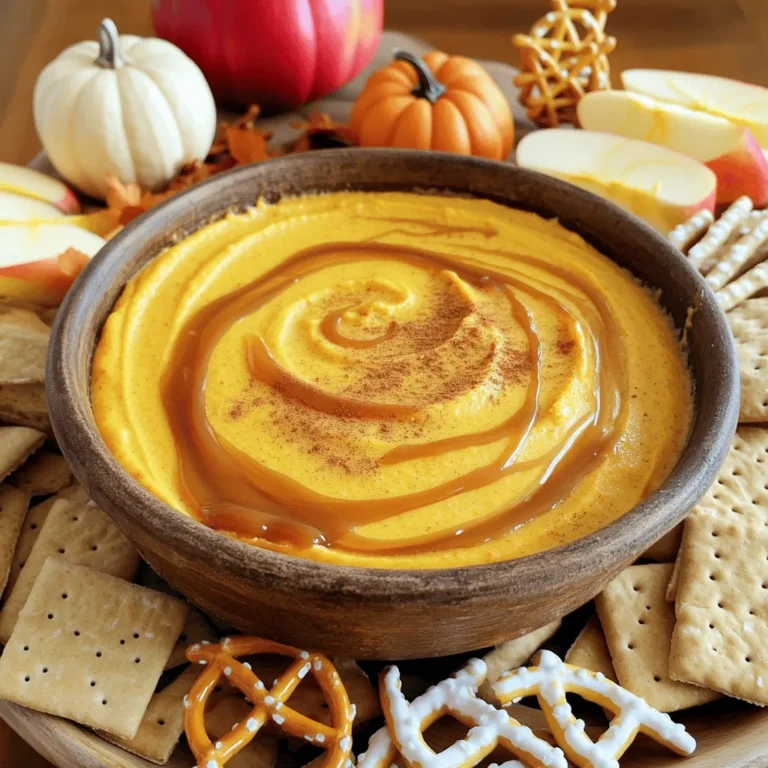 - 8 oz cream cheese, softened to room temperature - 1 cup pure pumpkin puree - 1/2 cup powdered sugar, sifted - 1/4 cup brown sugar, packed - 1 teaspoon pure vanilla extract - 1 teaspoon ground cinnamon - 1/2 teaspoon ground nutmeg - 1/4 teaspoon ground ginger - 1/4 cup caramel sauce (plus extra for drizzling) - Optional dippers: graham crackers, apple slices, pretzel sticks, vanilla wafers When I make this dip, I start with cream cheese. It must be soft. This helps it blend well. Then, I add pure pumpkin puree. Make sure it is not pumpkin pie filling. Next, I sift powdered sugar and brown sugar into the bowl. This step makes the dip smooth. I always include vanilla extract and spices. Ground cinnamon, nutmeg, and ginger add warmth and flavor. These spices make the dip taste like fall. Finally, I add caramel sauce. Save some for drizzling later. For dippers, I love graham crackers or apple slices. Pretzel sticks also work great. Vanilla wafers add a nice touch. Choose what you like best. Enjoy the mix of flavors and textures. - Combine 8 oz of softened cream cheese with 1 cup of pure pumpkin puree in a bowl. - Beat with a hand mixer until the mix is smooth and creamy. This step is key to a great texture. - Gradually add 1/2 cup of sifted powdered sugar and 1/4 cup of packed brown sugar. - Mix on low speed until the dip is lump-free. This ensures a sweet and creamy base. - Stir in 1 teaspoon of pure vanilla extract, 1 teaspoon of ground cinnamon, 1/2 teaspoon of ground nutmeg, and 1/4 teaspoon of ground ginger. - Mix well to blend all the flavors. Each spice adds a warm touch to the dip. - Gently fold in 1/4 cup of caramel sauce, saving a bit for later. - Transfer the dip to a serving bowl and drizzle with the reserved caramel. This makes it look and taste even better! To get the best dip, start with cream cheese that is at room temperature. Cold cheese mixes poorly and can cause lumps. Use a hand mixer on medium speed. This will help blend everything smoothly, so you avoid any lumps. Want a bolder taste? Add more spices! Extra cinnamon or even some cloves can make a big difference. You can also mix in chocolate chips for a sweet twist. They will add a nice texture and flavor. Choose a stylish bowl for serving to make the dip look great. A rustic bowl can add charm. Arrange your dippers around the bowl. Think graham crackers, apple slices, or pretzel sticks. For decoration, sprinkle cinnamon on top and add small pumpkins nearby. This will make your dip even more inviting! {{image_4}} You can change the cream cheese to flavored options. Try using pumpkin spice cream cheese to boost the flavor. You can also use flavored cream cheese like maple or vanilla for a new taste. For a dairy-free version, swap the cream cheese with coconut milk. Use a thick coconut yogurt or a cream alternative. This will keep the dip creamy and tasty. Want to add a festive touch? Toss in some dried cranberries. They add a pop of red and a sweet-tart flavor. Use them as a mix-in or sprinkle them on top for color. Instead of brown sugar, try maple syrup. It gives the dip a unique taste. Just reduce the amount of other liquids to keep the dip thick. Serving in mini jars is a fun way to present this dip. Each guest gets their own jar, making it easy to share. You can also decorate the jars with twine or cute labels. For a themed look, use bowls that match autumn or Halloween. A pumpkin-shaped bowl or one with fall colors adds charm. This way, your dip looks as great as it tastes! To keep your caramel pumpkin cheesecake dip fresh, follow these steps: - Refrigerate Right Away: Place any leftovers in the fridge soon after serving. - Use Airtight Containers: Store the dip in a clean, airtight container. This helps keep out air and moisture. This dip lasts about 3 to 5 days in the fridge. Always look for signs that it may have spoiled: - Smell: If it smells sour or off, it's time to toss it. - Texture: If the dip becomes watery or grainy, it has likely gone bad. - Color: Any discoloration may indicate spoilage. Keep these tips in mind to enjoy your dip at its best! Yes, you can make this dip early. It stays fresh in the fridge for about three days. For best taste, cover it tightly with plastic wrap. You can also drizzle the caramel sauce on top just before serving. This keeps the dip looking fresh and pretty. If you cannot find pumpkin puree, use sweet potato puree or even butternut squash puree. Both options have a similar taste and texture. Just make sure they are unsweetened. This keeps the flavor balance right in your dip. To make the dip sweeter, add more powdered sugar. Start with a tablespoon and mix well. Taste it after each addition to find your favorite level of sweetness. You could also drizzle in more caramel sauce for added sweetness and flavor. Yes, this recipe can be gluten-free. Just choose gluten-free dippers like apple slices or gluten-free graham crackers. Always check labels to ensure all your ingredients are safe for gluten-free diets. Enjoy every creamy bite without worry! This blog post explored a delightful pumpkin dip recipe. We covered the key ingredients, step-by-step instructions, and helpful tips. You also learned about variations and how to store leftovers. This dip is easy to make and perfect for gatherings. Feel free to experiment with flavors and presentation. Enjoy creating your perfect pumpkin dip!