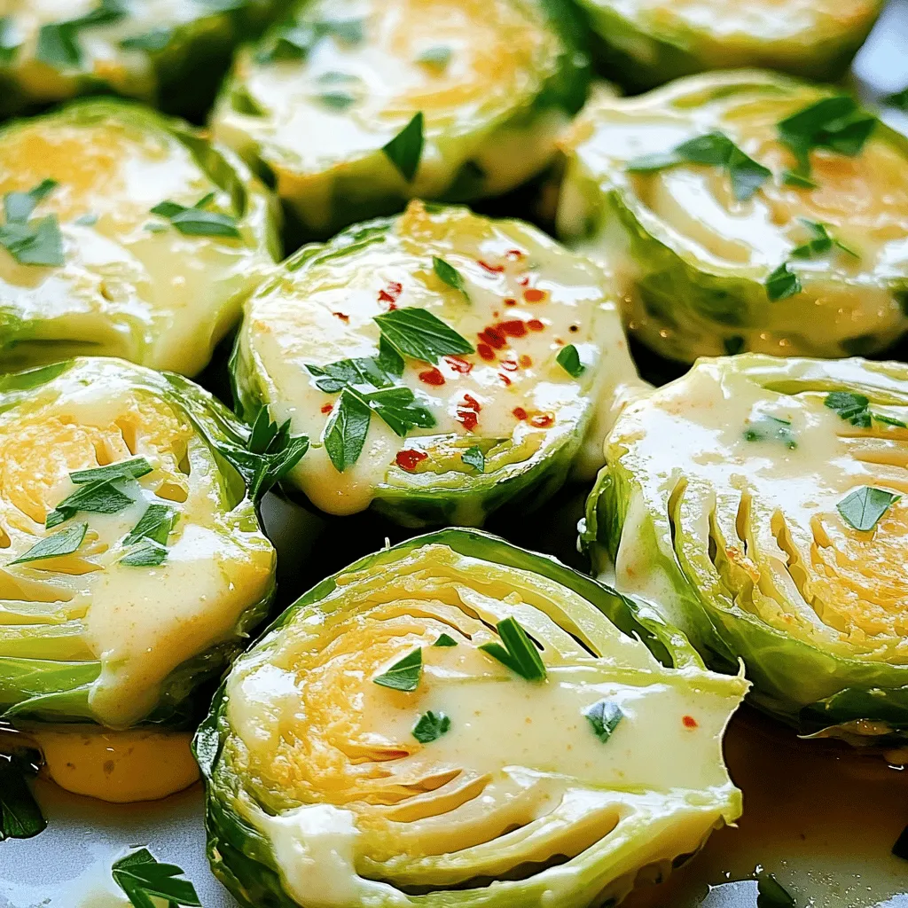 To make creamy garlic butter Brussels sprouts, gather the following items: - 1 pound Brussels sprouts - 4 tablespoons unsalted butter - 4 cloves garlic - 1 cup heavy cream - 1/2 cup Parmesan cheese - Salt and pepper - 1 tablespoon lemon juice - 1 teaspoon crushed red pepper flakes - Fresh parsley for garnish Each ingredient plays a key role in creating this dish. The Brussels sprouts serve as the star, bringing a slightly nutty flavor. The butter adds richness, while the garlic infuses a warm aroma. Heavy cream creates the desired creaminess, and Parmesan cheese provides a sharp contrast. Make sure to have fresh parsley on hand. It adds a bright touch to the final dish. If you like a bit of heat, consider adding crushed red pepper flakes. The lemon juice will brighten the flavors, balancing the richness. Next, prepare each ingredient for cooking. This will help you work efficiently and enjoy the process. - Rinse the Brussels sprouts under cold water. This step removes dirt and debris. - Trim the stem ends from each sprout. This helps avoid bitterness. - Cut each Brussels sprout in half lengthwise. Halving ensures even cooking. - Heat a large skillet over medium heat. Add 2 tablespoons of unsalted butter. - Once the butter melts and bubbles, add the halved Brussels sprouts cut side down. - Sauté them for 5-7 minutes. This caramelizes the sprouts, making them golden brown. Stir occasionally for even cooking. - When the Brussels sprouts are browned, add 4 cloves of minced garlic. - Sauté the garlic for 1-2 minutes. It should smell fragrant but not burn. - Carefully pour in 1 cup of heavy cream while stirring. This creates a creamy base. - Let the mixture simmer for 3-4 minutes. This thickens the sauce slightly. - Stir in 1/2 cup of grated Parmesan cheese. Add salt and pepper to taste. - Mix in 1 tablespoon of fresh lemon juice. If you like spice, add crushed red pepper flakes. - Stir until the cheese melts, creating a rich sauce. - Add the remaining 2 tablespoons of butter. Stir until it melts and combines. - Once the Brussels sprouts are tender, serve them in a dish. Top with fresh parsley for color and flavor. To get those Brussels sprouts just right, start with good heat. Heat your skillet to medium before adding butter. This helps the sprouts caramelize well. Place them cut side down and let them cook. Don’t rush this step; it takes about 5 to 7 minutes. Stir them sparingly to keep the caramelization even. When you add garlic, do it after the sprouts are golden. Garlic burns quickly and can taste bitter. Stir it for just 1 to 2 minutes. Keep an eye on it; the smell is your best guide. A splash of lemon juice brings brightness to this dish. Just one tablespoon works wonders. It cuts through the creaminess and adds a fresh taste. If you like a little heat, crushed red pepper flakes are your friend. Just a teaspoon adds a nice kick. Adjust it to your liking! For a beautiful finish, chop fresh parsley and sprinkle it over the dish. The green adds color and freshness, making it look inviting. Serve these Brussels sprouts warm alongside grilled meats or roasted poultry for a complete meal. Enjoy the blend of flavors and the compliments that follow! {{image_4}} You can switch things up with your ingredients. If you want a dairy-free option, use coconut cream instead of heavy cream. It gives a nice flavor and keeps it creamy. For those who enjoy a cheesy touch, try using goat cheese or feta. These cheeses add a unique twist to the classic taste. Want to make your dish more hearty? Add cooked bacon or pancetta. The saltiness of the bacon pairs perfectly with the creamy sauce. You can also mix in seasonal veggies like spinach or mushrooms. They bring freshness and extra color to your dish. You have choices in how to cook your Brussels sprouts. Oven-roasting gives them a crispy texture. Toss them with oil and roast at 400°F for 20 minutes. For stovetop cooking, sauté them in a skillet for quick results. If you prefer a slow cooker, combine all the ingredients and cook on low for 4 hours. This method makes the flavors meld beautifully. To store your creamy garlic butter Brussels sprouts, let them cool first. Place the sprouts in an airtight container. You can keep them in the fridge for 3 to 4 days. If you want to keep them longer, consider freezing. They will last in the freezer for about 2 months. Just remember, freezing may change their texture. When you’re ready to enjoy leftovers, reheating is key. The stovetop often gives the best results. Heat a skillet over medium heat, add a little butter, and stir the sprouts until warmed through. This keeps them creamy and tasty. You can use the microwave too, but be cautious. Place the sprouts in a bowl, cover with a paper towel, and heat in short bursts. Stir in between to avoid hot spots. This method can make them a bit soggy, so the stovetop is preferred! Yes, you can prepare them ahead. Cook the Brussels sprouts and creamy sauce. Store them separately in the fridge. When ready to serve, heat the Brussels sprouts and sauce together until warm. This keeps them fresh and tasty. These Brussels sprouts pair well with many dishes. Serve them alongside grilled chicken, roasted turkey, or steak. They also go great with rice or mashed potatoes. The creamy flavor adds a rich touch to any meal. Brussels sprouts are done when they are tender and slightly golden. They should have a soft texture but still hold their shape. A fork should easily pierce through them. Taste one to check if it meets your liking. Yes, you can use frozen Brussels sprouts. Just thaw them first and pat them dry. Cook them as you would fresh Brussels sprouts. Note that they may take a bit longer to brown due to extra moisture. You can easily adjust this recipe for various diets. For a dairy-free option, use coconut cream and nutritional yeast instead of cheese. For a vegan version, swap the butter for olive oil or vegan butter. You can also add nuts or seeds for extra crunch. In this post, we explored how to make Creamy Garlic Butter Brussels Sprouts. We covered the key ingredients, step-by-step instructions, and tips for perfect results. I shared flavor variations and storage tips to help you enjoy this dish over time. Remember, cooking should be fun and creative. Feel free to experiment with new flavors. Your Brussels sprouts can impress anyone at your table. Enjoy the crunchy texture and rich taste!