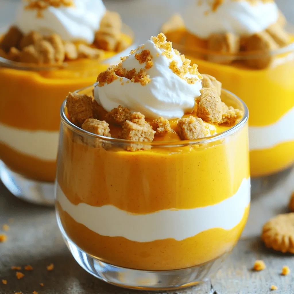 To make these No-Bake Pumpkin Cream Cheese Mousse Cups, gather the following ingredients: - 1 cup pumpkin puree - 8 oz cream cheese, softened to room temperature - 1/2 cup powdered sugar - 1 teaspoon vanilla extract - 1 teaspoon pumpkin pie spice - 1 cup heavy whipping cream, chilled - 1/4 cup crushed gingersnap cookies (for garnish) - Optional: whipped cream for an extra topping These ingredients come together to create a tasty, creamy treat. You want to ensure your cream cheese is soft. This step helps it mix well with the other ingredients. Pumpkin puree brings that classic fall flavor. The powdered sugar adds just the right sweetness. Vanilla extract and pumpkin pie spice give depth to the taste. Chilling the heavy cream is key. It whips up light and fluffy when cold. Gingersnap cookies add a crunchy finish. You can add whipped cream on top for extra flair. Gather these ingredients, and you’re ready to create your dreamy dessert! Start with softened cream cheese. This is key for a smooth mix. Cold cream cheese will clump up. Use an electric mixer, and beat on medium speed. Aim for a creamy consistency without lumps. If you have lumps, keep mixing until they vanish. Next, add the pumpkin puree, powdered sugar, vanilla extract, and pumpkin pie spice. Mix these on low speed. This helps keep the mixture creamy and smooth. Make sure everything blends well. You want a lovely, uniform color and flavor. In a clean bowl, pour in the chilled heavy cream. Use a whisk or an electric mixer for this step. Beat on medium-high speed. Watch for stiff peaks, which should hold their shape. This takes a few minutes but is worth it for the fluffiness. Now, it’s time to combine the whipped cream and pumpkin mix. Use a spatula for this. Gently fold the whipped cream into the pumpkin mixture. Be careful not to deflate the whipped cream. You want to keep that airy texture for a light mousse. Grab your serving cups or glasses. Use a spoon or piping bag to fill them. Aim to fill them about three-quarters full. This gives a nice look and leaves space for topping. Make sure to fill evenly for a great presentation. Cover each cup with plastic wrap. Place them in the fridge to chill. Let them set for at least 2 hours. This cooling time is crucial for a perfect texture. You will know they are ready when they feel firm but still creamy. - Best Practices for Storage: Store your mousse cups in the fridge. Use an airtight container or wrap them tightly with plastic wrap. This keeps them fresh and safe from odors. - Duration of Freshness: Mousse cups stay good for about 3 days. After that, they may lose their creamy texture and flavor. - Creative Ways to Present: Use clear cups to show off the lovely layers. You can also use small jars for a rustic look. This makes your dessert feel special. - Alternative Garnishes: Try using chopped nuts or chocolate shavings. They add a new taste and texture. You can also switch the gingersnap cookies for crushed graham crackers for a different crunch. - Common Errors in Preparation: Make sure your cream cheese is soft before mixing. Cold cream cheese can lead to lumps in your mousse. - Troubleshooting Tips: If your mousse is too runny, it may need more whipped cream. Fold in a bit more whipped cream until you reach the right texture. If it’s too thick, add a splash of milk or cream to loosen it up. {{image_4}} You can easily change the taste of your mousse. Here are two fun ideas: - Chocolate Pumpkin Mousse: Add 1/4 cup of cocoa powder to your pumpkin mixture. This will give it a rich, chocolatey flavor. You can also fold in mini chocolate chips for extra fun. - Maple-Infused Pumpkin Mousse: Swap out the powdered sugar for 1/2 cup of pure maple syrup. This adds a warm sweetness that pairs well with pumpkin. If you need to change the recipe for diet needs, I have some options: - Gluten-Free Options: Use gluten-free gingersnap cookies for the garnish. Check the labels to ensure they are safe for gluten-free diets. - Vegan Alternatives: Substitute the cream cheese with vegan cream cheese. Use coconut cream instead of heavy whipping cream for a dairy-free mousse. Make your mousse fun for any season. Here are some ideas: - Fall-Themed Variations: Add chopped pecans or walnuts on top for a crunchy treat that screams fall. - Holiday-Inspired Edibles: Mix in a splash of eggnog for a festive twist. You can also add a sprinkle of nutmeg on top for a holiday flair. How long does the mousse last in the fridge? The no-bake pumpkin cream cheese mousse will stay fresh for about 3 to 5 days in the fridge. Store it in an airtight container to keep it safe from other food odors. What are the signs that the mousse has spoiled? If your mousse smells sour or has a change in color, it is time to toss it. Also, if you see any mold, do not eat it. How do you freeze the mousse? To freeze the mousse, first, place it in an airtight container. Leave some space at the top since it may expand. You can also freeze it in individual cups. Seal them well to protect from freezer burn. What are the best thawing tips for the best results? When ready to eat, thaw the mousse in the fridge overnight. This keeps it creamy. Avoid thawing at room temperature, as it can change the texture. Yes, you can make this dessert ahead of time. I suggest preparing it a day before. This gives the flavors time to blend well. Just chill it in the fridge until ready to serve. Use canned pumpkin puree for the best results. Look for 100% pumpkin, not pumpkin pie filling. This ensures your mousse tastes fresh and rich. Yes, you can use fresh pumpkin. First, cook and puree the pumpkin until smooth. Make sure to drain excess water. This will keep your mousse from being too runny. You can use Greek yogurt as a substitute. It will make the mousse lighter and tangier. However, the texture will differ slightly from using cream cheese. To make your mousse firmer, add more whipped cream. You can also chill it longer. If needed, consider adding gelatin for an extra boost of firmness. Try crushed nuts or chocolate shavings as toppings. You can also use caramel or maple syrup for extra flavor. Fresh fruit like pomegranate seeds adds a nice touch too. You learned how to create a delicious no-bake pumpkin mousse. We covered all the important ingredients like pumpkin puree and cream cheese. I shared step-by-step instructions to help you mix, whip, and chill your mousse just right. Don’t forget the tips for storage and serving. With simple variations, you can make this dessert fit any occasion. Enjoy your pumpkin mousse, and feel free to get creative with it!