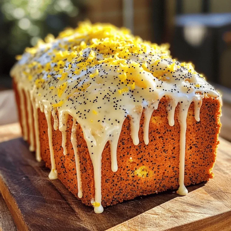 - 1 ½ cups all-purpose flour - ½ cup granulated sugar - 2 tablespoons poppy seeds - 1 teaspoon baking powder - ½ teaspoon baking soda - ¼ teaspoon salt - 1 large egg - ½ cup plain Greek yogurt - ⅓ cup vegetable oil - 2 teaspoons vanilla extract - Zest of 1 lemon - ¼ cup freshly squeezed lemon juice - ½ cup powdered sugar (for glaze) - 1-2 tablespoons lemon juice (for glaze) You need simple ingredients to make this Lemon Poppy Seed Loaf. Each one plays an important role. The all-purpose flour gives the loaf structure. Granulated sugar adds sweetness and helps with browning. Poppy seeds add a nice crunch and a fun look. Baking powder and baking soda help the loaf rise. Salt balances the sweetness and deepens the flavor. You will use one large egg for moisture and richness. Plain Greek yogurt keeps the loaf moist and adds a bit of tang. Vegetable oil helps keep the loaf tender. Vanilla extract adds warmth and enhances flavor. Lemon zest brings bright, fresh notes to the loaf. Freshly squeezed lemon juice gives the loaf its delicious tartness. For the glaze, you need powdered sugar and lemon juice. This glaze makes the loaf look pretty and taste even better. Use these ingredients, and you will create a tasty treat that everyone loves! First, preheat your oven to 350°F (175°C). This helps your loaf bake evenly. Next, take a 9x5-inch loaf pan. Grease it with cooking spray or line it with parchment paper. Lining it makes it easier to remove the loaf later. In a large bowl, combine the dry ingredients. Use a whisk to mix together the all-purpose flour, granulated sugar, poppy seeds, baking powder, baking soda, and salt. This step ensures that all the leavening agents and flavors mix well. In a second bowl, mix the wet ingredients. Crack the egg and beat it lightly with a fork. Add the Greek yogurt, vegetable oil, vanilla extract, lemon zest, and lemon juice. Whisk until the mixture is smooth and creamy. It should not have any lumps. Now, pour the wet mixture into the bowl with the dry ingredients. Gently stir with a spatula or wooden spoon. Mix just until combined. It’s okay if the batter is a bit lumpy; overmixing can make the loaf dense. Next, transfer the batter into the greased loaf pan. Use a spatula to smooth the top. This helps create a nice dome shape as it bakes. Place the loaf pan in the oven. Bake for 50-60 minutes. To check if it’s done, insert a toothpick in the center. If it comes out clean, your loaf is ready. Once baked, remove the loaf from the oven. Let it cool in the pan for about 10 minutes. Then, carefully transfer it to a wire rack. Allow it to cool completely before glazing. This helps avoid a soggy bottom. To make your Lemon Poppy Seed Loaf just right, avoid overmixing the batter. Mix until the wet and dry ingredients are combined. It’s okay if there are small lumps. Overmixing can make the loaf tough instead of soft. To check if your loaf is done, insert a toothpick into the center. If it comes out clean, your loaf is ready. If it has batter on it, bake for a few more minutes. The glaze is simple but important. To get the right consistency, mix powdered sugar with 1-2 tablespoons of lemon juice. Whisk until smooth. If it’s too thick, add a little more lemon juice. If it’s too runny, add more powdered sugar. When drizzling the glaze, use a spoon or a small whisk. Start in the center and let it flow down the sides. This gives a nice look and a burst of flavor. When serving, pair your loaf with a cup of tea or coffee. The bright lemon flavor shines with these drinks. This loaf is great for brunch, afternoon snacks, or dessert. It’s perfect for celebrations or just a cozy day at home. Enjoy every slice! {{image_4}} You can easily change the flavor of your Lemon Poppy Seed Loaf. Try adding different citrus zests. Lime or orange zest can give a fresh twist. You can also add nuts or dried fruits. Chopped walnuts or cranberries can add nice texture and taste. Just mix them in with the dry ingredients for best results. If you need gluten-free options, you can use almond flour or a gluten-free blend. Both work well and keep the loaf tasty. For vegan substitutions, replace the egg with a flax egg. Mix one tablespoon of flaxseed meal with three tablespoons of water. Let it sit for a few minutes to thicken before adding it to the wet ingredients. You can also switch Greek yogurt for a plant-based yogurt. Want to change how you serve this loaf? Try making mini loaves instead. They bake faster and are fun for sharing. You can also make lemon poppy seed muffins. Just pour the batter into a muffin tin and bake for about 20-25 minutes. These options make your treat perfect for any gathering or snack time. To keep your Lemon Poppy Seed Loaf fresh, store it at room temperature. Wrap it tightly in plastic wrap or foil. This keeps it moist for up to three days. If you want it to last longer, place it in the fridge. In the fridge, it stays fresh for up to a week. Use an airtight container to prevent it from drying out. Freezing this loaf is simple. First, let it cool completely. Then, wrap it in plastic wrap. After that, wrap it in aluminum foil for extra protection. This way, it lasts up to three months in the freezer. To thaw, remove it from the freezer and keep it in the fridge overnight. You can also thaw it at room temperature for about two hours. For reheating, preheat your oven to 350°F (175°C). Place the loaf on a baking sheet and cover it with foil. Heat for about 10-15 minutes or until warm. This method keeps the texture nice and soft. You can also use a microwave. Heat a slice for about 20-30 seconds. But be careful, as it can become too soft or rubbery if overheated. What can I substitute for plain Greek yogurt? You can use sour cream or buttermilk instead. Both will keep your loaf moist. You can also use a dairy-free yogurt for a vegan option. Can I use lemon extract instead of fresh lemon juice? Yes, you can use lemon extract. Use about half the amount of extract as lemon juice. The flavor will be strong, so adjust to your taste. How do I know when my loaf is baked through? Insert a toothpick into the center of the loaf. If it comes out clean, your loaf is done. If it has wet batter, bake for a few more minutes. Why is my loaf dense? A dense loaf can happen if you overmix the batter. It can also be due to too much flour or not enough leavening agents. Be careful with your measurements! How can I fix a soggy loaf? A soggy loaf may be underbaked or too moist from added liquids. Try baking longer or letting it cool fully on a wire rack to remove excess moisture. Caloric content and macronutrients One slice of lemon poppy seed loaf has about 180 calories. It contains around 5g of protein, 6g of fat, and 30g of carbs. Health benefits of key ingredients Lemon juice is rich in vitamin C. Poppy seeds offer healthy fats and fiber. Greek yogurt adds protein and probiotics for gut health. This blog explored making a delicious lemon poppy seed loaf. You learned about the essential ingredients and the step-by-step baking process. I shared tips for perfect texture and glossy glaze, plus serving ideas. You can also modify the recipe to suit dietary needs. Remember, proper storage and reheating keep your loaf fresh. Enjoy baking and experimenting with this flavorful treat! Stick to these tips for the best results. Happy baking!