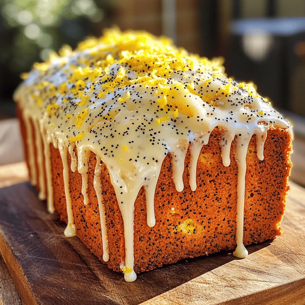 - 1 ½ cups all-purpose flour - ½ cup granulated sugar - 2 tablespoons poppy seeds - 1 teaspoon baking powder - ½ teaspoon baking soda - ¼ teaspoon salt - 1 large egg - ½ cup plain Greek yogurt - ⅓ cup vegetable oil - 2 teaspoons vanilla extract - Zest of 1 lemon - ¼ cup freshly squeezed lemon juice - ½ cup powdered sugar (for glaze) - 1-2 tablespoons lemon juice (for glaze) You need simple ingredients to make this Lemon Poppy Seed Loaf. Each one plays an important role. The all-purpose flour gives the loaf structure. Granulated sugar adds sweetness and helps with browning. Poppy seeds add a nice crunch and a fun look. Baking powder and baking soda help the loaf rise. Salt balances the sweetness and deepens the flavor. You will use one large egg for moisture and richness. Plain Greek yogurt keeps the loaf moist and adds a bit of tang. Vegetable oil helps keep the loaf tender. Vanilla extract adds warmth and enhances flavor. Lemon zest brings bright, fresh notes to the loaf. Freshly squeezed lemon juice gives the loaf its delicious tartness. For the glaze, you need powdered sugar and lemon juice. This glaze makes the loaf look pretty and taste even better. Use these ingredients, and you will create a tasty treat that everyone loves! First, preheat your oven to 350°F (175°C). This helps your loaf bake evenly. Next, take a 9x5-inch loaf pan. Grease it with cooking spray or line it with parchment paper. Lining it makes it easier to remove the loaf later. In a large bowl, combine the dry ingredients. Use a whisk to mix together the all-purpose flour, granulated sugar, poppy seeds, baking powder, baking soda, and salt. This step ensures that all the leavening agents and flavors mix well. In a second bowl, mix the wet ingredients. Crack the egg and beat it lightly with a fork. Add the Greek yogurt, vegetable oil, vanilla extract, lemon zest, and lemon juice. Whisk until the mixture is smooth and creamy. It should not have any lumps. Now, pour the wet mixture into the bowl with the dry ingredients. Gently stir with a spatula or wooden spoon. Mix just until combined. It’s okay if the batter is a bit lumpy; overmixing can make the loaf dense. Next, transfer the batter into the greased loaf pan. Use a spatula to smooth the top. This helps create a nice dome shape as it bakes. Place the loaf pan in the oven. Bake for 50-60 minutes. To check if it’s done, insert a toothpick in the center. If it comes out clean, your loaf is ready. Once baked, remove the loaf from the oven. Let it cool in the pan for about 10 minutes. Then, carefully transfer it to a wire rack. Allow it to cool completely before glazing. This helps avoid a soggy bottom. To make your Lemon Poppy Seed Loaf just right, avoid overmixing the batter. Mix until the wet and dry ingredients are combined. It’s okay if there are small lumps. Overmixing can make the loaf tough instead of soft. To check if your loaf is done, insert a toothpick into the center. If it comes out clean, your loaf is ready. If it has batter on it, bake for a few more minutes. The glaze is simple but important. To get the right consistency, mix powdered sugar with 1-2 tablespoons of lemon juice. Whisk until smooth. If it’s too thick, add a little more lemon juice. If it’s too runny, add more powdered sugar. When drizzling the glaze, use a spoon or a small whisk. Start in the center and let it flow down the sides. This gives a nice look and a burst of flavor. When serving, pair your loaf with a cup of tea or coffee. The bright lemon flavor shines with these drinks. This loaf is great for brunch, afternoon snacks, or dessert. It’s perfect for celebrations or just a cozy day at home. Enjoy every slice! {{image_4}} You can easily change the flavor of your Lemon Poppy Seed Loaf. Try adding different citrus zests. Lime or orange zest can give a fresh twist. You can also add nuts or dried fruits. Chopped walnuts or cranberries can add nice texture and taste. Just mix them in with the dry ingredients for best results. If you need gluten-free options, you can use almond flour or a gluten-free blend. Both work well and keep the loaf tasty. For vegan substitutions, replace the egg with a flax egg. Mix one tablespoon of flaxseed meal with three tablespoons of water. Let it sit for a few minutes to thicken before adding it to the wet ingredients. You can also switch Greek yogurt for a plant-based yogurt. Want to change how you serve this loaf? Try making mini loaves instead. They bake faster and are fun for sharing. You can also make lemon poppy seed muffins. Just pour the batter into a muffin tin and bake for about 20-25 minutes. These options make your treat perfect for any gathering or snack time. To keep your Lemon Poppy Seed Loaf fresh, store it at room temperature. Wrap it tightly in plastic wrap or foil. This keeps it moist for up to three days. If you want it to last longer, place it in the fridge. In the fridge, it stays fresh for up to a week. Use an airtight container to prevent it from drying out. Freezing this loaf is simple. First, let it cool completely. Then, wrap it in plastic wrap. After that, wrap it in aluminum foil for extra protection. This way, it lasts up to three months in the freezer. To thaw, remove it from the freezer and keep it in the fridge overnight. You can also thaw it at room temperature for about two hours. For reheating, preheat your oven to 350°F (175°C). Place the loaf on a baking sheet and cover it with foil. Heat for about 10-15 minutes or until warm. This method keeps the texture nice and soft. You can also use a microwave. Heat a slice for about 20-30 seconds. But be careful, as it can become too soft or rubbery if overheated. What can I substitute for plain Greek yogurt? You can use sour cream or buttermilk instead. Both will keep your loaf moist. You can also use a dairy-free yogurt for a vegan option. Can I use lemon extract instead of fresh lemon juice? Yes, you can use lemon extract. Use about half the amount of extract as lemon juice. The flavor will be strong, so adjust to your taste. How do I know when my loaf is baked through? Insert a toothpick into the center of the loaf. If it comes out clean, your loaf is done. If it has wet batter, bake for a few more minutes. Why is my loaf dense? A dense loaf can happen if you overmix the batter. It can also be due to too much flour or not enough leavening agents. Be careful with your measurements! How can I fix a soggy loaf? A soggy loaf may be underbaked or too moist from added liquids. Try baking longer or letting it cool fully on a wire rack to remove excess moisture. Caloric content and macronutrients One slice of lemon poppy seed loaf has about 180 calories. It contains around 5g of protein, 6g of fat, and 30g of carbs. Health benefits of key ingredients Lemon juice is rich in vitamin C. Poppy seeds offer healthy fats and fiber. Greek yogurt adds protein and probiotics for gut health. This blog explored making a delicious lemon poppy seed loaf. You learned about the essential ingredients and the step-by-step baking process. I shared tips for perfect texture and glossy glaze, plus serving ideas. You can also modify the recipe to suit dietary needs. Remember, proper storage and reheating keep your loaf fresh. Enjoy baking and experimenting with this flavorful treat! Stick to these tips for the best results. Happy baking!