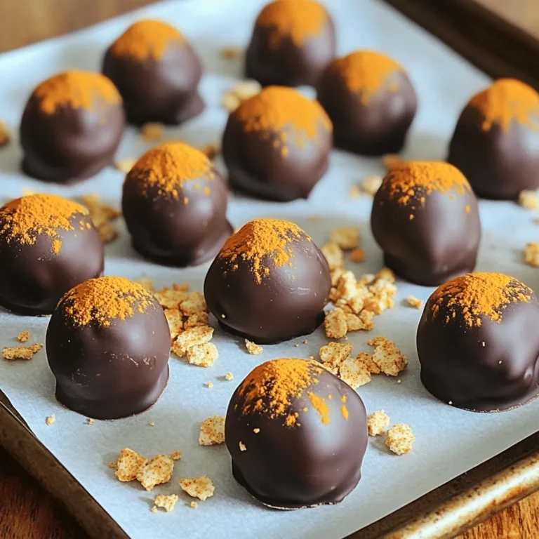 - 1 cup pure pumpkin puree - 8 oz cream cheese, softened to room temperature - 2 cups powdered sugar, sifted - 2 teaspoons pumpkin pie spice - 1 teaspoon vanilla extract - 1 cup crushed graham crackers (about 8 full sheets) - 1 cup dark chocolate chips (vegan if preferred) - 1 tablespoon coconut oil (for chocolate coating) - Extra pumpkin pie spice for dusting (optional) I love using these simple ingredients to create a cozy fall treat. Pure pumpkin puree brings a rich, earthy flavor. Cream cheese adds a smooth and creamy texture. Powdered sugar gives the truffles a sweet touch, while pumpkin pie spice fills your kitchen with warm, comforting scents. The crushed graham crackers lend a nice crunch and balance the softness of the truffles. Dark chocolate chips melt beautifully for the coating, and coconut oil helps it shine. Finally, a sprinkle of extra pumpkin pie spice adds a festive look and taste. When you gather these ingredients, you set the stage for a truly delightful dessert. Each one plays a vital role, making your pumpkin spice truffles irresistible. - Mixing the Base Mixture In a large bowl, combine 1 cup of pure pumpkin puree, 8 oz of softened cream cheese, and 2 cups of sifted powdered sugar. Add 2 teaspoons of pumpkin pie spice and 1 teaspoon of vanilla extract. Blend until smooth. You can use a hand mixer or a spatula for this step. - Chilling the Mixture Once mixed, fold in 1 cup of crushed graham crackers. The mixture should be thick enough to shape. Cover the bowl with plastic wrap or a lid. Place it in the fridge for about 1 hour. This chilling helps the mixture firm up. - Shaping the Truffles After chilling, use a cookie scoop or your hands to make small balls, about 1 inch wide. Roll each ball smoothly between your palms. Place them on a parchment-lined baking sheet for easy transfer. - Melting the Chocolate In a microwave-safe bowl, add 1 cup of dark chocolate chips and 1 tablespoon of coconut oil. Heat in 30-second bursts in the microwave. Stir well after each interval until the chocolate is melted and smooth. - Dipping the Truffles Use a fork or toothpick to dip each truffle into the melted chocolate. Let any excess chocolate drip off before placing them back on the baking sheet. - Dusting with Pumpkin Pie Spice While the chocolate is still wet, lightly dust the tops with extra pumpkin pie spice. This adds flavor and a festive touch. - Setting Place the baking sheet in the refrigerator. Chill until the chocolate coating hardens, about 30 minutes. - Serving Suggestions Serve the truffles chilled or at room temperature. Arrange them on a festive platter or in a decorative box. You can add whole spices like cinnamon sticks for a charming look. - Ensuring the Right Consistency: To get the best texture, mix the cream cheese and pumpkin well. The mixture should be smooth. If it feels too loose, add more crushed graham crackers. This helps shape the truffles easily. - Using High-Quality Ingredients: Always choose fresh pumpkin puree and quality chocolate. The better the ingredients, the richer the flavor. I love using dark chocolate chips for a deep taste. Remember, they should be melted carefully to avoid burning. - Storage Tips for Freshness: Keep your truffles in an airtight container. Place parchment paper between layers to avoid sticking. They stay fresh in the fridge for up to a week. You can also leave them at room temperature for a day if serving them right away. - Preparing in Advance: You can make the truffles a day or two ahead. After shaping them, store them in the fridge. This allows the flavors to blend, making them even tastier. - Freezing for Later: If you want to keep them longer, freeze the truffles. Place them in a single layer on a baking sheet first. Once frozen, transfer them to a freezer-safe bag. They can last for up to three months. Just thaw them in the fridge before serving. {{image_4}} You can change the flavor of your pumpkin spice truffles with ease. Here are some ideas: - Adding Different Spices: If you love spice, try adding cinnamon or nutmeg. A pinch of ginger can add warmth. You can also mix in cardamom for a twist. - Using Alternative Coatings: Instead of dark chocolate, try white chocolate or even milk chocolate. For a crunch, roll them in crushed nuts or coconut flakes. You can also use cocoa powder for a rich taste. Making adjustments for special diets is simple with these truffles. Here’s how: - Vegan-Friendly Options: Use vegan cream cheese and dark chocolate. Both are easy to find at stores. This way, everyone can enjoy these treats. - Gluten-Free Alternatives: To make these truffles gluten-free, use gluten-free graham crackers. Many brands offer this option, so check your local store. This keeps the flavor without the gluten. Refrigeration Tips Keep your pumpkin spice truffles in the fridge. The cool air helps them stay fresh. Place them in an airtight container. This will prevent them from drying out. If you have leftovers, they will be safe and tasty for a while. Shelf Life of Truffles These truffles last about one week in the fridge. You can enjoy them for days after making them. If you want to keep them longer, freezing is a great option. How to Store for Maximum Freshness Use a sturdy container with a tight lid. Layer parchment paper between truffles if stacking them. This keeps them from sticking together. Make sure to label the container with the date you made them. Decorative Storage Ideas For a festive touch, try a cute jar or a decorative box. You can even wrap them in cellophane with a ribbon. This makes them perfect for gifts or parties! To make pumpkin spice truffles, start by mixing pumpkin puree and cream cheese in a bowl. Add sifted powdered sugar, pumpkin pie spice, and vanilla extract. Blend until smooth. Stir in crushed graham crackers until thick. Chill the mixture for one hour. Next, scoop and roll the mixture into small balls. Dip each ball in melted dark chocolate and coat with extra pumpkin pie spice if you like. Chill again until firm. Enjoy these treats cold or at room temperature! Yes, you can use white chocolate instead of dark chocolate. White chocolate adds a sweeter taste. This change will make the truffles taste different, but still delicious. If you prefer a richer flavor, stick with dark chocolate. You can find pre-made pumpkin spice truffles at many stores. Look for them in specialty shops or gourmet markets. Brands like Trader Joe's and Godiva often have seasonal options. Online sites like Amazon also sell them. Check local bakeries for fresh, homemade truffles. You can use sweet potato puree or butternut squash puree instead of pumpkin puree. Both options will give a similar texture and sweet flavor. However, the taste will be slightly different. Adjust the spices to enhance the unique flavors of your substitute. You now have all the details to create delicious pumpkin spice truffles. We covered the key ingredients, easy steps, and helpful tips. Remember to choose quality ingredients for the best flavor. Don't hesitate to customize these truffles to fit your taste and dietary needs. Whether you enjoy them right away or freeze some for later, you'll love how they turn out. Get creative and share these treats with friends. Enjoy making and eating your pumpkin spice truffles!