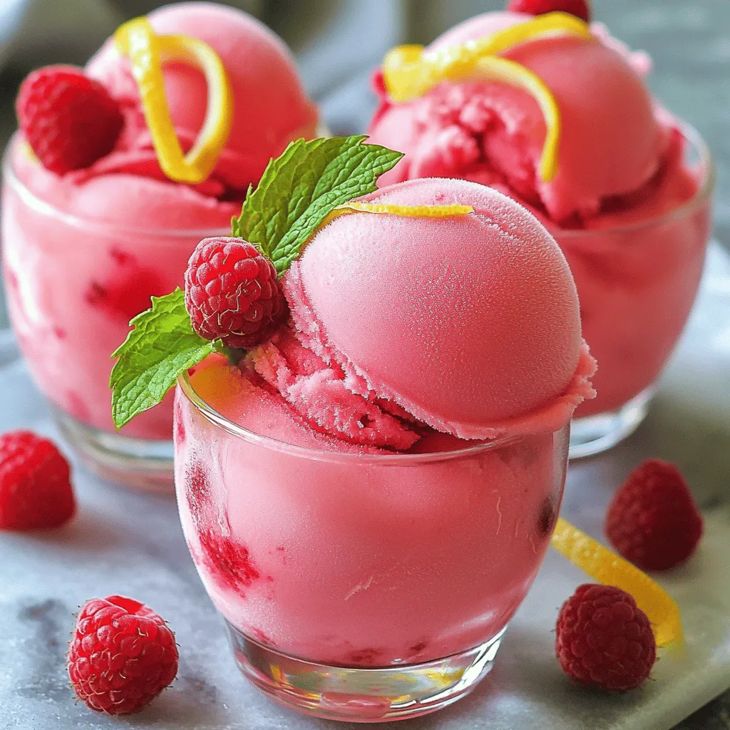 To make the best raspberry lemonade sorbet, gather these fresh ingredients: - 2 cups fresh raspberries - 1 cup freshly squeezed lemon juice (about 4-6 lemons) - 1 cup granulated sugar - 1 cup water - 1 teaspoon lemon zest - A pinch of salt These simple, vibrant ingredients create a sorbet that bursts with flavor. Fresh raspberries add a sweet-tart taste, while the lemon juice gives a bright zing. The sugar balances the tartness and helps to create a smooth texture. You need a few tools to make this sorbet: - Small saucepan - Blender - Fine-mesh strainer - Mixing bowl - Ice cream maker - Airtight container These tools are all easy to find in most kitchens. The blender helps mix the fruit, while the ice cream maker churns it into a lovely sorbet. When serving your sorbet, think about these garnishes: - Fresh raspberries - Mint leaves Adding fresh raspberries gives a colorful touch. A sprig of mint adds a nice aroma and enhances the flavor. Serve your sorbet in chilled glasses for an elegant look. To start, I prepare the simple syrup. I take a small saucepan and add 1 cup of granulated sugar and 1 cup of water. I place the pan on medium heat. While stirring, I wait until the sugar dissolves clearly into the water. This usually takes just a few minutes. Once it's clear, I remove the pan from heat and let the syrup cool at room temperature. This syrup adds sweetness to our sorbet. Next, I make the raspberry mixture. In a blender, I combine 2 cups of fresh raspberries, 1 cup of freshly squeezed lemon juice, 1 teaspoon of lemon zest, and a pinch of salt. Blending on high speed, I watch as the mixture turns smooth and bright. After blending, I pour it through a fine-mesh strainer into a large bowl. I use a spatula to press down, ensuring I get all the tasty liquid while keeping the seeds behind. This step is key for a silky sorbet. Now, it’s time to combine everything. Once the simple syrup cools, I add it to the raspberry mixture. I stir until well mixed, creating a lively blend. Then, I pour this mixture into my ice cream maker. Following the manufacturer's instructions, I churn it until it reaches a soft-serve texture. This takes about 20-30 minutes, but it can vary. For a firmer sorbet, I transfer it to an airtight container and freeze it for at least 3 hours. When ready to serve, I let it sit out for 5 minutes. This makes scooping easy and fun. To get the best texture for your sorbet, start with fresh ingredients. Fresh raspberries give a smooth and vibrant flavor. When you blend the raspberries, make sure they are pureed well. This helps create a creamy feel. Straining the mixture removes seeds, ensuring a silky finish. Churning your sorbet in an ice cream maker is key. This process adds air, making it fluffy. If you want a firmer sorbet, freeze it longer after churning. You can easily tweak the sweetness or tartness of your sorbet. Taste the raspberry mixture before you freeze it. If it’s too tart, add more sugar to the simple syrup. Mix it in until it fully dissolves. For a tangier kick, add a bit more lemon juice. Just remember to taste as you go. This way, you can find the perfect balance that you love. To save time, prepare the simple syrup ahead of time. You can make it a day before and store it in the fridge. Another tip is to squeeze your lemons while you heat the water for the syrup. This multitasking cuts down on prep time. Use frozen raspberries if fresh ones are not available. They can work just as well. Lastly, if you don’t have an ice cream maker, pour the mixture into a shallow dish. Stir it every 30 minutes until it freezes. This method takes more time but still gives you a tasty treat. {{image_4}} You can make raspberry lemonade sorbet even better by adding other fruits. Try mixing in strawberries or blueberries. These fruits pair well with raspberries and add a new twist. You can also use peaches or mangoes for a tropical vibe. Just blend them with the raspberries for a colorful mix. Herbs and spices can give your sorbet a unique taste. Adding fresh mint gives a cool flavor that brightens the sorbet. You can also try basil for an unexpected twist. If you like spice, a pinch of ginger adds warmth and zest. Just mix these into the raspberry blend for a refreshing kick. This raspberry lemonade sorbet is already dairy-free, making it perfect for everyone. If you want a creamier texture, use coconut milk instead of water. This adds richness without any dairy. You can also use almond or cashew milk for a nutty flavor. Both options keep this treat light and refreshing. To keep your raspberry lemonade sorbet fresh, start with an airtight container. Choose one that fits the sorbet snugly. This helps prevent ice crystals from forming. Before you freeze, smooth the top with a spatula. Cover it tightly with plastic wrap. This extra layer helps lock in flavor. Raspberry lemonade sorbet stays good for about two weeks in the freezer. After that, the taste may fade. To ensure the best flavor, try to enjoy it within that time frame. If you notice ice crystals or a change in texture, it may be time to toss it out. If you have leftover sorbet, consider repacking it. Move it to a smaller container if it’s half full. Less air means less chance of freezer burn. Always remember to cover it well. Use plastic wrap or a lid to seal it tight. This helps keep your sorbet tasting fresh and delicious. Yes, you can. If you don't have an ice cream maker, don't worry. Pour the blended mixture into a shallow dish. Place it in the freezer. Stir it every 30 minutes with a fork. This helps break up ice crystals. Continue until it is fluffy and frozen. This method works well and gives you tasty sorbet. Serving raspberry sorbet is fun and simple. You can use chilled dessert glasses for an elegant look. Add fresh raspberries on top for color. A sprig of mint adds a nice touch too. For a twist, try serving it with a splash of soda. This creates a fun float. You can also pair it with a slice of lemon or lime for brightness. You can find pre-made raspberry lemonade sorbet at many grocery stores. Check the frozen dessert aisle. Some local ice cream shops may offer it too. If you're feeling adventurous, visit artisanal ice cream shops. They often make unique flavors, including raspberry sorbet. Online retailers may also carry it, so you can order it for delivery. This blog post covered how to make Raspberry Lemonade Sorbet. We started with fresh ingredients and the right tools. Then, we walked through the steps, from making simple syrup to churning the sorbet. I shared tips for the best texture and sweetness, along with some fun variations. Finally, we discussed how to store your dessert for the best taste. Remember, making sorbet can be simple and fun. Enjoy experimenting with flavors and serving it at your next gathering. Your homemade sorbet will impress everyone!