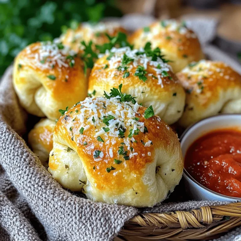 To make delicious Garlic Parmesan Knots, you will need: - 1 package (1 lb.) pizza dough - 4 tablespoons unsalted butter, melted - 4 cloves garlic, minced - 1/4 cup grated Parmesan cheese - 2 tablespoons fresh parsley, finely chopped - 1 teaspoon dried oregano - 1/2 teaspoon salt - 1/4 teaspoon freshly cracked black pepper - Extra grated Parmesan cheese for garnishing (optional) You can enhance your knots with these extras: - Fresh basil, chopped for a sweet flavor - Crushed red pepper for some heat - Mozzarella cheese for a cheesy surprise inside These are common items you should have ready: - Olive oil for brushing if you run out of butter - Sugar to balance flavors if needed - All-purpose flour for dusting while rolling out the dough When you gather these ingredients, you set yourself up for success. Each one plays a role in creating that fluffy texture and rich flavor. Having everything prepped will make cooking fun and easy! First, preheat your oven to 425°F (220°C). This step is key for a perfect bake. Next, line a baking sheet with parchment paper. This helps prevent sticking. In a small bowl, mix melted butter, minced garlic, chopped parsley, dried oregano, salt, and black pepper. Whisk them together until well mixed. This fragrant mix is what makes these knots so tasty. Now, take your pizza dough and place it on a lightly floured surface. Roll it out into a rectangle that is about 1/2 inch thick. Use enough flour to stop it from sticking. Once rolled, grab a sharp knife or pizza cutter. Cut the dough into strips that are about 1 inch wide and 4 inches long. With each strip, twist the dough and tie it into a knot. Tuck the ends underneath to keep the knot secure. Place the knots on your baking sheet, leaving space between each one. Brush each knot with the garlic butter mixture. Make sure to cover every surface for great flavor. Sprinkle grated Parmesan cheese on top of each knot. If you love cheese, add more! Now, place the baking sheet in the oven and bake for 12-15 minutes. Watch them turn golden brown and puff up nicely. When they are done, let them cool for a few minutes. For extra flavor, brush them with more garlic butter before serving. Enjoy your tasty garlic Parmesan knots! To make your garlic Parmesan knots fluffy, follow these steps: - Use fresh pizza dough for the best texture. - Let the dough rest for about 10 minutes after shaping. - Make sure your oven is preheated to 425°F (220°C) before baking. - Space the knots apart on the baking sheet; this helps them rise. Each knot needs room to puff up. The steam inside them creates that airy feel. Store any leftover knots in an airtight container. Keep them at room temperature for up to 2 days. If you want to keep them longer, freeze them. Wrap each knot in plastic wrap, then place them in a freezer bag. They can last about a month in the freezer. To reheat, place them on a baking sheet at 350°F (175°C) for 10-15 minutes. This brings back their fluffy texture. You can also pop them in the microwave for about 15 seconds, but they may lose some crunch. These knots shine when served warm. Here are some great ideas: - Serve them with marinara sauce for dipping. - Pair them with a fresh salad for a complete meal. - Add them to a cheese platter for a fun snack. - For extra flavor, sprinkle more Parmesan cheese on top before serving. These simple tips will help you create tasty garlic Parmesan knots that everyone will love! {{image_4}} You can easily add more cheese to your garlic knots. Start with the basic recipe and top each knot with a mix of mozzarella and Parmesan. This makes them gooey and extra cheesy. Bake as directed, and enjoy a cheesy pull with each bite. For a fresh twist, add more herbs to the butter mixture. Consider using basil, rosemary, or thyme along with parsley. These herbs will add bright flavors to your knots. You can also sprinkle dried Italian herbs on top before baking for an extra herbal kick. If you love heat, try adding red pepper flakes to the garlic butter mix. Start with a pinch and adjust to your taste. This will give the knots a spicy kick. You can also serve them with a spicy marinara for dipping. Enjoy the blend of garlic, cheese, and spice in every knot! To keep your garlic parmesan knots fresh, place them in an airtight container. You can store them at room temperature for up to two days. If you need them to last longer, refrigerate them. They will stay good in the fridge for about four days. Just make sure the container seals well to keep moisture out. You can freeze garlic parmesan knots for later use. First, let them cool completely. Then, wrap each knot in plastic wrap. Place the wrapped knots in a freezer bag or airtight container. This way, they will stay fresh for up to three months. When you're ready to eat them, just thaw in the fridge overnight and reheat. To maintain the best taste and texture, avoid stacking the knots. This can cause them to become soggy. Instead, spread them out in a single layer for storage. If you're reheating, preheat your oven to 350°F (175°C). Place the knots on a baking sheet for about 10 minutes. This will help them regain their fluffiness and warmth. Yes, you can use homemade pizza dough. I often make my own, and it works great. Just make sure it’s the right texture. It should be soft and easy to roll out. If you need help, there are many simple recipes online. To make gluten-free knots, use gluten-free pizza dough. You can find this in stores or make a batch at home. Follow the same steps for preparation and baking. Just keep an eye on the bake time, as it may differ. Garlic Parmesan knots pair well with many dishes. I love serving them with marinara sauce for dipping. You can also serve them alongside pasta, salads, or soups. They make a great snack or side dish for any meal. We covered how to make delicious garlic parmesan knots. You learned about key ingredients, step-by-step prep, and baking tips. I shared storage methods and helpful variations for your knots. With these skills, you can enjoy fluffy, tasty knots at home. Remember to experiment with herbs or cheese for fun twists. Now, go ahead and enjoy your baking adventure!
