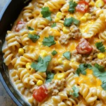 - 8 oz pasta of your choice (penne or rotini recommended) - 1 lb ground chicken or turkey - 1 tablespoon olive oil - 1 small onion, finely chopped - 2 cloves garlic, minced - 1 packet taco seasoning (1 oz) - 1 can diced tomatoes with green chilies (15 oz), undrained - 1 cup chicken broth (or water) - 1 cup heavy cream - 1 cup corn kernels (fresh, frozen, or canned) - 1 cup shredded cheese (cheddar or Mexican blend preferred) - Salt and pepper to taste - Fresh cilantro, chopped (for garnish) In this recipe, I focus on simple, fresh ingredients that make a big impact. I love using penne or rotini because they hold the creamy sauce well. Ground chicken or turkey adds a light protein base, making it a healthy choice. The aromatics play a key role; olive oil, onion, and garlic add warmth and flavor to the dish. The taco seasoning brings that beloved spice mix we all love. I often choose diced tomatoes with green chilies for added zest. The chicken broth enhances the flavor while the heavy cream and shredded cheese create a rich, creamy sauce. Adding corn gives sweetness and texture, while fresh cilantro brings a vibrant touch. Don't forget salt and pepper to balance the flavors. These ingredients work together to create a comforting, quick dinner that everyone will enjoy. First, I heat a tablespoon of olive oil in a large skillet over medium heat. Once the oil is hot, I add a finely chopped onion. I sauté the onion for about 3-4 minutes until it turns soft and fragrant. Next, I add minced garlic and 1 pound of ground chicken or turkey. I cook the meat, using a spatula to break it apart. I stir until the meat is brown and fully cooked, which takes about 5-7 minutes. Then, I mix in a packet of taco seasoning, making sure the meat is well-coated with the spices. After the meat is cooked, I pour in a can of diced tomatoes with green chilies, including all the juices. I also add 1 cup of chicken broth and stir everything together. Next, I bring the mixture to a gentle simmer. Once it bubbles, I stir in 8 ounces of pasta and 1 cup of corn. I ensure that the pasta is fully submerged in the liquid. I cover the skillet with a lid and let it cook for 10-12 minutes. I stir occasionally to keep the pasta from sticking. Once the pasta is cooked to my liking, I lower the heat. I pour in 1 cup of heavy cream and add 1 cup of shredded cheese. I stir constantly until the cheese melts and the sauce becomes creamy. I taste the dish and adjust the salt and pepper as needed. Afterward, I remove the skillet from the heat. I let the dish sit for a couple of minutes for the sauce to thicken slightly. To get that creamy texture, choose the right cheese. I recommend using cheddar or a Mexican blend. These cheeses melt well and add rich flavor. Stir the mixture often as it cooks. This helps prevent the pasta from sticking to the pan. Make sure to combine everything well for a smooth sauce. If you choose a different pasta, adjust the cooking time. Thin pasta cooks faster than thick pasta like penne or rotini. Check the package for the time. You want the pasta to be al dente. This means it should be firm but not hard. To test it, bite into a piece. If it is chewy but not crunchy, it’s perfect. Add more flavor with extra seasonings. Consider using a pinch of chili powder or paprika. These spices can amp up the taste. For a fresh touch, garnish with chopped cilantro. You can also add a squeeze of lime juice for brightness. It makes the dish lively and fun! {{image_4}} For a healthier twist, you can switch to whole wheat or gluten-free pasta. Both options keep the taste but add more fiber. Using lean proteins like ground turkey or chicken helps cut fat. If you want plant-based, try lentils or chickpeas. They add protein and flavor without meat. Want more heat? Toss in some sliced jalapeños for a spicy kick. You can also add toppings like avocado or salsa. These add creaminess and freshness, making each bite exciting. Experiment with different cheeses like pepper jack for a fun twist. To make a meatless version, skip the meat and add veggies. Bell peppers, zucchini, and spinach work great. For protein, use black beans or tofu. This gives you a filling meal that is colorful and tasty. You can enjoy all the creamy flavors without meat. To store your creamy taco pasta, let it cool first. Place it in an airtight container. You can keep it in the fridge for up to three days. Make sure to label the container with the date. If you want to store it longer, freezing is a good option. Divide the pasta into smaller portions for quick meals later. Use freezer-safe containers or bags to prevent freezer burn. You can freeze it for up to three months. When you are ready to eat your leftovers, use a skillet to reheat. Add a splash of water or broth to help it heat evenly. Stir occasionally to avoid burning. You can also use the microwave. Place it in a microwave-safe bowl, cover it with a lid or a damp paper towel. Heat for one to two minutes, stirring halfway through. For day-after servings, you can add fresh toppings like cilantro or cheese to enhance the flavor. This keeps the dish fresh and tasty! Creamy Taco Pasta Skillet lasts about 3 to 4 days in the fridge. Store it in a tight container. This keeps the flavors fresh and prevents drying out. When reheating, add a splash of chicken broth for extra creaminess. Yes, you can use many pasta types. Penne and rotini work best, but feel free to try spaghetti or shells. Just keep an eye on the cooking time, as it may change based on the pasta shape. This dish pairs well with a fresh salad or garlic bread. You could also serve lime wedges for zest. Crispy tortilla chips are a fun side, adding crunch to your meal. You can make this dish dairy-free. Use coconut cream or almond milk instead of heavy cream. For cheese, consider vegan cheese options or nutritional yeast for a cheesy flavor without dairy. Yes, you can prepare this meal in advance. Cook the pasta and meat, then store them separately. When ready, combine and heat them up. This saves you time on busy nights while keeping it fresh. The Creamy Taco Pasta Skillet is a simple and tasty dish. We covered the key ingredients, from pasta and protein to aromatics and creamy components. I shared step-by-step instructions to make cooking easy. You also learned helpful tips for texture, cooking times, and flavor. Lastly, we looked at variations and storage info for leftovers. This dish is flexible and fun to make. I hope you feel ready to try it and add your own twist! Enjoy your cooking!