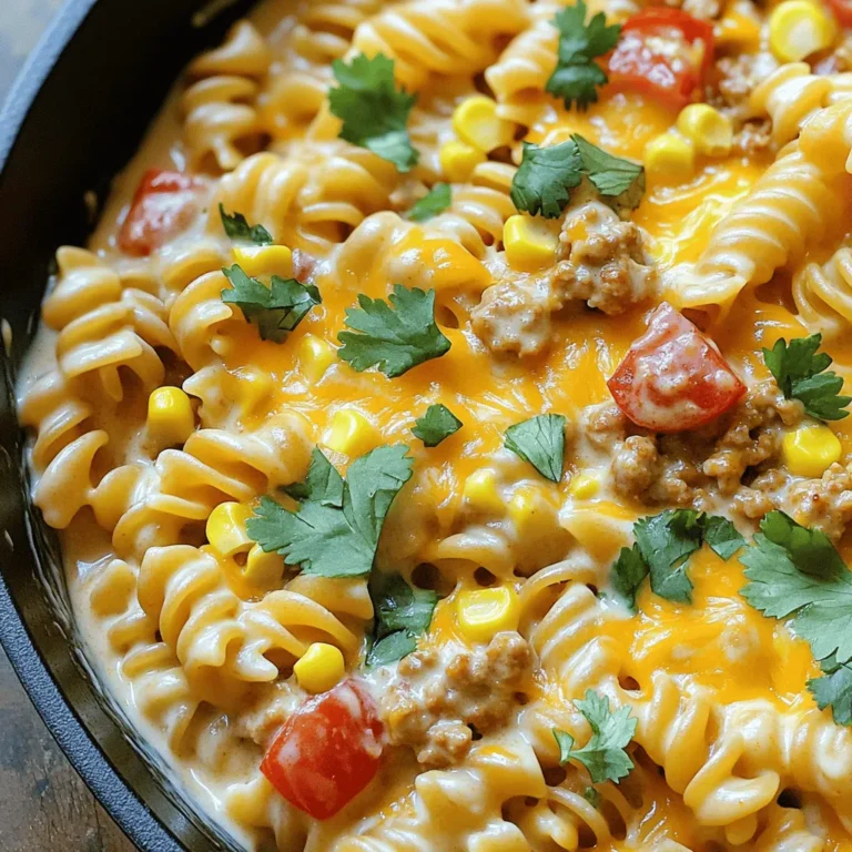 - 8 oz pasta of your choice (penne or rotini recommended) - 1 lb ground chicken or turkey - 1 tablespoon olive oil - 1 small onion, finely chopped - 2 cloves garlic, minced - 1 packet taco seasoning (1 oz) - 1 can diced tomatoes with green chilies (15 oz), undrained - 1 cup chicken broth (or water) - 1 cup heavy cream - 1 cup corn kernels (fresh, frozen, or canned) - 1 cup shredded cheese (cheddar or Mexican blend preferred) - Salt and pepper to taste - Fresh cilantro, chopped (for garnish) In this recipe, I focus on simple, fresh ingredients that make a big impact. I love using penne or rotini because they hold the creamy sauce well. Ground chicken or turkey adds a light protein base, making it a healthy choice. The aromatics play a key role; olive oil, onion, and garlic add warmth and flavor to the dish. The taco seasoning brings that beloved spice mix we all love. I often choose diced tomatoes with green chilies for added zest. The chicken broth enhances the flavor while the heavy cream and shredded cheese create a rich, creamy sauce. Adding corn gives sweetness and texture, while fresh cilantro brings a vibrant touch. Don't forget salt and pepper to balance the flavors. These ingredients work together to create a comforting, quick dinner that everyone will enjoy. First, I heat a tablespoon of olive oil in a large skillet over medium heat. Once the oil is hot, I add a finely chopped onion. I sauté the onion for about 3-4 minutes until it turns soft and fragrant. Next, I add minced garlic and 1 pound of ground chicken or turkey. I cook the meat, using a spatula to break it apart. I stir until the meat is brown and fully cooked, which takes about 5-7 minutes. Then, I mix in a packet of taco seasoning, making sure the meat is well-coated with the spices. After the meat is cooked, I pour in a can of diced tomatoes with green chilies, including all the juices. I also add 1 cup of chicken broth and stir everything together. Next, I bring the mixture to a gentle simmer. Once it bubbles, I stir in 8 ounces of pasta and 1 cup of corn. I ensure that the pasta is fully submerged in the liquid. I cover the skillet with a lid and let it cook for 10-12 minutes. I stir occasionally to keep the pasta from sticking. Once the pasta is cooked to my liking, I lower the heat. I pour in 1 cup of heavy cream and add 1 cup of shredded cheese. I stir constantly until the cheese melts and the sauce becomes creamy. I taste the dish and adjust the salt and pepper as needed. Afterward, I remove the skillet from the heat. I let the dish sit for a couple of minutes for the sauce to thicken slightly. To get that creamy texture, choose the right cheese. I recommend using cheddar or a Mexican blend. These cheeses melt well and add rich flavor. Stir the mixture often as it cooks. This helps prevent the pasta from sticking to the pan. Make sure to combine everything well for a smooth sauce. If you choose a different pasta, adjust the cooking time. Thin pasta cooks faster than thick pasta like penne or rotini. Check the package for the time. You want the pasta to be al dente. This means it should be firm but not hard. To test it, bite into a piece. If it is chewy but not crunchy, it’s perfect. Add more flavor with extra seasonings. Consider using a pinch of chili powder or paprika. These spices can amp up the taste. For a fresh touch, garnish with chopped cilantro. You can also add a squeeze of lime juice for brightness. It makes the dish lively and fun! {{image_4}} For a healthier twist, you can switch to whole wheat or gluten-free pasta. Both options keep the taste but add more fiber. Using lean proteins like ground turkey or chicken helps cut fat. If you want plant-based, try lentils or chickpeas. They add protein and flavor without meat. Want more heat? Toss in some sliced jalapeños for a spicy kick. You can also add toppings like avocado or salsa. These add creaminess and freshness, making each bite exciting. Experiment with different cheeses like pepper jack for a fun twist. To make a meatless version, skip the meat and add veggies. Bell peppers, zucchini, and spinach work great. For protein, use black beans or tofu. This gives you a filling meal that is colorful and tasty. You can enjoy all the creamy flavors without meat. To store your creamy taco pasta, let it cool first. Place it in an airtight container. You can keep it in the fridge for up to three days. Make sure to label the container with the date. If you want to store it longer, freezing is a good option. Divide the pasta into smaller portions for quick meals later. Use freezer-safe containers or bags to prevent freezer burn. You can freeze it for up to three months. When you are ready to eat your leftovers, use a skillet to reheat. Add a splash of water or broth to help it heat evenly. Stir occasionally to avoid burning. You can also use the microwave. Place it in a microwave-safe bowl, cover it with a lid or a damp paper towel. Heat for one to two minutes, stirring halfway through. For day-after servings, you can add fresh toppings like cilantro or cheese to enhance the flavor. This keeps the dish fresh and tasty! Creamy Taco Pasta Skillet lasts about 3 to 4 days in the fridge. Store it in a tight container. This keeps the flavors fresh and prevents drying out. When reheating, add a splash of chicken broth for extra creaminess. Yes, you can use many pasta types. Penne and rotini work best, but feel free to try spaghetti or shells. Just keep an eye on the cooking time, as it may change based on the pasta shape. This dish pairs well with a fresh salad or garlic bread. You could also serve lime wedges for zest. Crispy tortilla chips are a fun side, adding crunch to your meal. You can make this dish dairy-free. Use coconut cream or almond milk instead of heavy cream. For cheese, consider vegan cheese options or nutritional yeast for a cheesy flavor without dairy. Yes, you can prepare this meal in advance. Cook the pasta and meat, then store them separately. When ready, combine and heat them up. This saves you time on busy nights while keeping it fresh. The Creamy Taco Pasta Skillet is a simple and tasty dish. We covered the key ingredients, from pasta and protein to aromatics and creamy components. I shared step-by-step instructions to make cooking easy. You also learned helpful tips for texture, cooking times, and flavor. Lastly, we looked at variations and storage info for leftovers. This dish is flexible and fun to make. I hope you feel ready to try it and add your own twist! Enjoy your cooking!