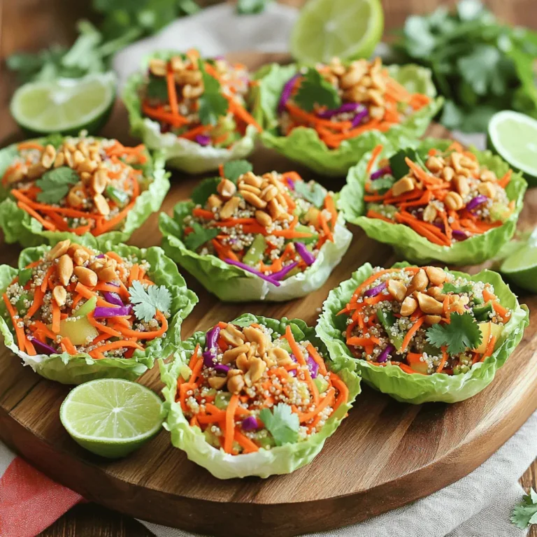 - 1 cup shredded carrots - 1 cup red cabbage, finely shredded - 1 medium bell pepper (red or yellow), julienned - 1 medium cucumber, peeled and diced - 1 cup cooked quinoa (or rice noodles for a delightful twist) - 1/4 cup fresh cilantro, chopped - 8 small lettuce leaves (such as butter lettuce or romaine) - 2 tablespoons creamy peanut butter - 1 tablespoon soy sauce - 1 tablespoon pure maple syrup (or honey) - 1 tablespoon sesame oil - Juice of 1 lime - 1/4 cup roasted peanuts, crushed (plus extra for garnish) - Salt and pepper to taste The fresh ingredients make this salad bright and crunchy. You will love the mix of flavors and colors. Shredded carrots add a sweet touch. Red cabbage brings a nice crunch. The bell pepper adds a pop of color and sweetness too. Cucumber keeps things cool and refreshing. Quinoa or rice noodles give it a filling base. Finally, cilantro adds a fresh kick. The dressing is where the magic happens. You need creamy peanut butter, which gives a rich taste. Soy sauce adds saltiness. Pure maple syrup or honey brings sweetness. Sesame oil gives a nutty flavor. Lime juice adds a zesty hit. Crushed roasted peanuts on top add crunch and flavor. Salt and pepper balance everything out. Gather these ingredients, and you are ready to create a colorful, tasty dish. Enjoy the fresh taste in every bite! Begin by preparing your fresh ingredients. In a large mixing bowl, combine: - 1 cup shredded carrots - 1 cup red cabbage, finely shredded - 1 medium bell pepper, julienned - 1 medium cucumber, peeled and diced - 1 cup cooked quinoa - 1/4 cup fresh cilantro, chopped Gently toss these ingredients together. You want them mixed well. This mix adds color and crunch. Next, we will make the dressing. In a small bowl, whisk together: - Juice of 1 lime - 2 tablespoons creamy peanut butter - 1 tablespoon soy sauce - 1 tablespoon pure maple syrup - 1 tablespoon sesame oil Whisk until smooth and creamy. If the dressing is too thick, add a teaspoon of water. Keep adding until it’s just right. Now, pour this dressing over the salad mixture. Toss gently to coat every ingredient. Taste and season with salt and pepper to your liking. Take a lettuce leaf, and in the center, spoon a generous mound of the salad mix. To finish, sprinkle crushed roasted peanuts on top for extra crunch. Carefully fold the sides of the lettuce over the filling. This creates a neat cup shape. Serve these salad cups right away for the best taste! To make the dressing just right, you may need to adjust its thickness. If it seems too thick, add water slowly. Start with a teaspoon at a time. Mix well until you reach a smooth texture. The right consistency will help the dressing coat your salad perfectly. For the best salad cups, choose butter or romaine lettuce. Butter lettuce is soft and easy to fold. Romaine holds its shape well and adds a nice crunch. Both types create a great base for your crunchy salad. Make your salad cups look amazing on a platter. Arrange them neatly in rows. For extra flair, sprinkle crushed peanuts and fresh cilantro on top. This not only adds color but also enhances the flavors. Serve lime wedges on the side for an added zing. Your guests will love the vibrant display! {{image_4}} You can easily boost the protein in your Thai Peanut Crunch Salad Cups. Here are some great options: - Grilled Chicken: Cooked and chopped, adds great flavor. - Shrimp: Sautéed or grilled shrimp brings a nice touch. - Tofu: Firm or extra firm tofu works well when cubed and sautéed. Adding these proteins will make your salad more filling and satisfying. Feel free to change up the veggies in your salad for new tastes. Consider these swaps: - Broccoli Slaw: Adds a nice crunch and flavor. - Radishes: Sliced radishes give a fresh, peppery bite. - Snow Peas: Sweet and crisp, they add a delightful texture. Experimenting with different veggies can lead to exciting flavors and textures. Making this salad fit specific diets is simple. Here are some easy swaps: - Gluten-Free: Use tamari instead of soy sauce for a gluten-free option. - Vegetarian Dressing: Swap maple syrup for agave for a vegan touch. These adjustments ensure everyone can enjoy this fresh delight! After enjoying your Thai Peanut Crunch Salad Cups, you may have some leftovers. Store any leftover salad mix in a sealed container. Keep the dressing separate to avoid sogginess. Place the dressing in a small jar or bowl with a lid. This method helps keep your salad fresh and crisp. If you used quinoa or rice noodles, you might wonder how to reheat them. For quinoa, add a splash of water in a pan. Heat it on low, stirring gently until warm. This keeps it fluffy. For rice noodles, soak them in hot water for a few minutes. This method helps them regain their texture without getting mushy. Your salad can stay fresh in the fridge for up to three days. The veggies will still be crunchy, but the dressing should stay separate until serving. If stored properly, enjoy the vibrant flavors for a quick meal or snack later in the week. Yes, you can prepare the salad mixture in advance. Store it in a sealed container in the fridge. It stays fresh for up to two days. Wait to fill the lettuce cups until you are ready to serve. This keeps the lettuce crisp. You can also make the dressing ahead. Just keep it in the fridge for up to a week. If you have a peanut allergy, use sunflower seed butter or almond butter. Both provide a similar creamy texture. You can also try tahini, which is made from sesame seeds. This option adds a nutty flavor while being safe for those allergic to peanuts. To make this recipe vegan, use maple syrup instead of honey. Check that your soy sauce is vegan, as some brands may add fish products. All other ingredients are already plant-based. Feel free to add extra veggies or plant-based protein for a more filling meal. This blog post covered a fresh Thai Peanut Crunch Salad with step-by-step guidance. We explored ingredients, making the dressing, and tossing the salad. I shared tips for perfecting your dish and discussed tasty variations. You can mix in proteins or swap veggies to suit your taste. For storage, knowing how to keep leftovers fresh is crucial. Enjoy experimenting with this healthy recipe. Trust me, you’ll impress friends and family with these delicious salad cups!
