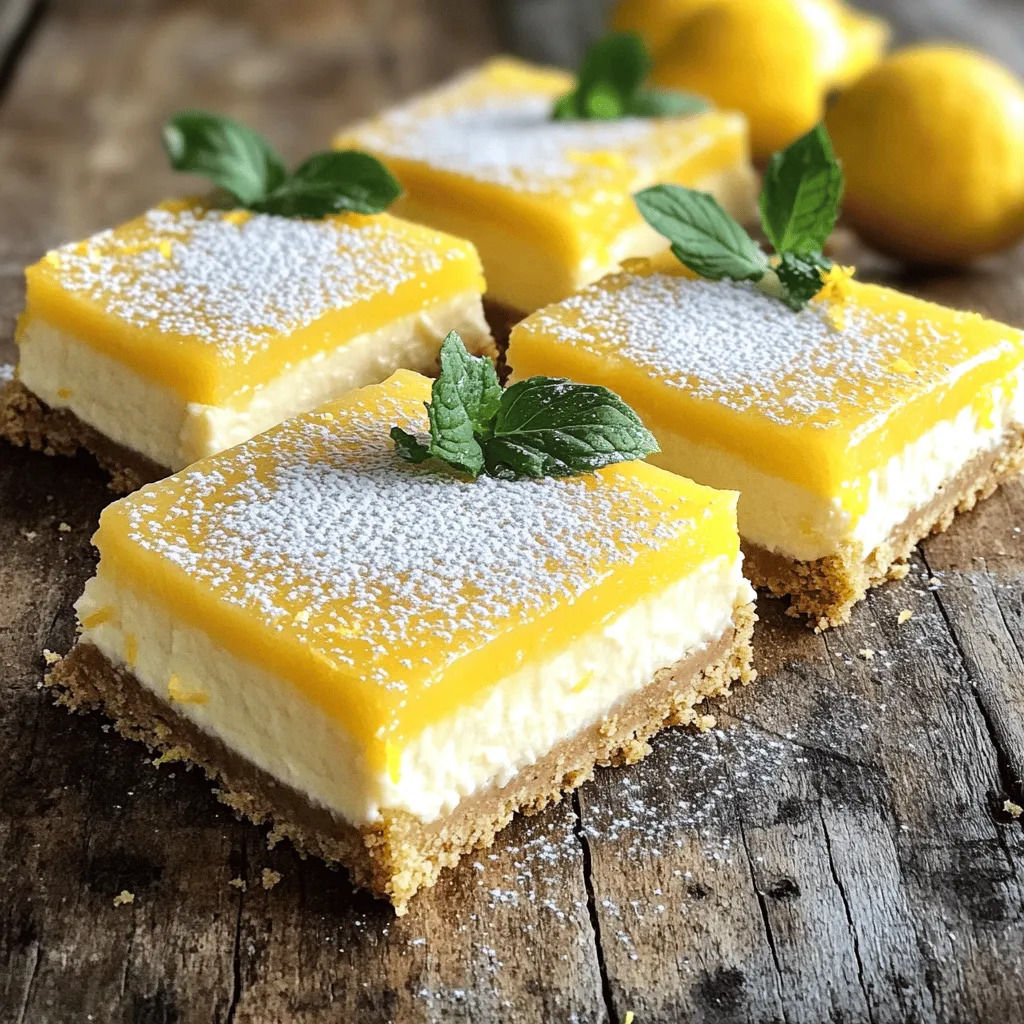 - 1 ½ cups graham cracker crumbs - ½ cup unsalted butter, melted - ¼ cup granulated sugar (for the crust) - 16 oz cream cheese, softened to room temperature - 1 cup granulated sugar (for the filling) - 3 large eggs, at room temperature - ½ cup sour cream, room temperature - Zest of 2 lemons - ¼ cup freshly squeezed lemon juice - 1 teaspoon vanilla extract - A pinch of salt - Powdered sugar, for dusting (optional) - Fresh mint leaves, for garnish (optional) I love using fresh ingredients for my Lemon Cheesecake Bars. They make the dessert bright and flavorful. Start with graham cracker crumbs. They form the base and add crunch. I mix them with melted unsalted butter and a bit of sugar for sweetness. This mixture creates a crust that holds everything together. Next, I use cream cheese as the star of the filling. It gives the bars a rich and creamy texture. Make sure to soften it first; this helps avoid lumps. I add sugar to sweeten it up and blend well until smooth. Eggs come next. They add structure and help the bars set. I add them one at a time, mixing well after each. Then, I introduce sour cream for a tangy twist. Lemon zest and juice bring a bright, zesty flavor that makes these bars pop. I finish the filling with vanilla extract and a pinch of salt. This balance is key to enhancing all the flavors. Optional garnishes like powdered sugar and mint leaves can make your bars look extra special. Gather these ingredients, and you’re on your way to making a delicious treat! - Preheat your oven to 325°F (160°C). - In a medium bowl, mix together: - 1 ½ cups graham cracker crumbs - ½ cup unsalted butter, melted - ¼ cup granulated sugar - Stir until all crumbs are coated with butter. - Firmly press the mixture into a greased 9x9-inch baking pan. - Bake for 8-10 minutes until lightly golden brown. - Remove and let it cool completely. - In a large bowl, beat together: - 16 oz cream cheese, softened - 1 cup granulated sugar - Mix until smooth and creamy. - Add 3 large eggs, one at a time. - Mix well after each egg, scraping the bowl's sides. - Add: - ½ cup sour cream - Zest of 2 lemons - ¼ cup lemon juice - 1 teaspoon vanilla extract - A pinch of salt - Mix on low speed until fully combined. - Carefully pour the lemon cheesecake filling over the cooled crust. - Bake for 30-35 minutes. The center should jiggle slightly. - Remove from the oven and cool at room temperature for 30 minutes. - Transfer to the fridge and chill for at least 4 hours, or overnight. - Once chilled, lift the cheesecake out of the pan using parchment paper. - Slice into squares and enjoy! To achieve a creamy filling, start with softened cream cheese. This helps mix well and avoids lumps. Beat the cream cheese with sugar until smooth. Add the eggs one at a time. Mix gently after each egg until combined. This method keeps your filling light and airy. Avoiding overbaking is key. Bake the cheesecake bars until the center just jiggles a little. If it sets completely, the bars may turn out dry. After baking, let them cool at room temperature. Chill them in the fridge for at least four hours. This step makes the texture rich and creamy. For serving suggestions, cut the bars into neat squares or rectangles. Use a sharp knife for clean edges. Place them on a pretty plate to make them look even better. You can also serve them with fresh fruit or a dollop of whipped cream for extra flair. Garnishing tips can elevate your dessert. Dust the tops with powdered sugar right before serving. This adds sweetness and makes them look elegant. A few fresh mint leaves can add a pop of color. This simple touch invites your guests to dig in! {{image_4}} You can switch up the flavor in your lemon cheesecake bars easily. Here are some fun ideas: - Adding different citrus fruits: Try mixing in zest from oranges or limes. This adds a bright twist. You can even use grapefruit for a unique taste. Each fruit brings its own flavor to the dessert. - Incorporating flavored extracts: Use almond or coconut extracts for a new layer of taste. Just a teaspoon can change the whole vibe. Experimenting with extracts can yield yummy surprises. You can make these delicious bars fit different diets: - Gluten-free options: Swap graham cracker crumbs with ground almonds or gluten-free cookies. It keeps the crust tasty and safe for those with gluten issues. - Vegan adaptations: Replace cream cheese with a vegan version made from nuts. Use flax eggs instead of chicken eggs. You can still enjoy a creamy texture without dairy, making it perfect for plant-based diets. To keep your lemon cheesecake bars fresh, store them in the refrigerator. Use an airtight container or cover the pan tightly with plastic wrap. This helps prevent them from drying out or absorbing other smells. These bars will stay good for about 5 days in the fridge. If you want to save some for later, freezing is a great option. First, slice the bars and wrap each piece in plastic wrap. Then, place the wrapped bars in a freezer-safe bag or container. This protects them from freezer burn. They can last up to 3 months in the freezer. To enjoy them later, thaw the bars in the fridge overnight. This way, they will stay creamy and delicious. You can also let them sit at room temperature for about 30 minutes before serving. This helps restore their lovely texture and taste. How long do these bars last? These lemon cheesecake bars can last up to five days in the fridge. Store them in an airtight container for best results. Can I use store-bought crust? Yes, you can use a store-bought graham cracker crust. This saves time and still tastes great. What can I substitute for sour cream? Greek yogurt works well as a substitute for sour cream. It keeps the bars creamy and adds a nice tang. Is it possible to make these bars ahead of time? Absolutely! You can make them a day in advance. Just remember to chill them for at least four hours. Can I double the recipe? Yes, you can double the recipe. Use a larger baking pan to accommodate the extra filling. What to do if the filling is too runny? If your filling is runny, beat it more to incorporate air. You can also bake it a little longer to firm it up. How to cut the bars cleanly? To cut the bars cleanly, use a sharp knife. Dip the knife in hot water and wipe it dry between cuts for neat edges. Lemon cheesecake bars are simple to make with key ingredients and steps. Start by preparing the crust and filling, then bake to perfection. Remember tips for texture and presentation to impress everyone. There are fun variations to explore, along with easy storage tips. These bars are a delicious treat for any occasion. Enjoy making and sharing them with friends and family!