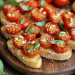 To make Roasted Tomato Basil Bruschetta, you need fresh and simple ingredients. This dish bursts with flavor and is easy to prepare. Here is your list of ingredients: - 4 cups cherry tomatoes, halved - 3 tablespoons extra virgin olive oil - 1 teaspoon aged balsamic vinegar - 1 teaspoon garlic powder - Sea salt and freshly cracked black pepper, to taste - 10 fresh basil leaves, finely chopped - 1 baguette, sliced into ½ inch pieces - 1 clove garlic, peeled and left whole - ¼ cup freshly grated Parmesan cheese (optional) These ingredients come together to create a delightful snack. The cherry tomatoes bring sweetness, while the basil adds freshness. The olive oil and balsamic vinegar enrich the flavor. Garlic and pepper give it the right kick. You can skip the cheese if you want a lighter option. This bruschetta is perfect for parties or a cozy night in. Enjoy the freshness and taste of these simple ingredients! Start by preheating your oven to 400°F (200°C). This heat is perfect for roasting tomatoes. In a large bowl, combine 4 cups of halved cherry tomatoes with 3 tablespoons of extra virgin olive oil. Add 1 teaspoon of aged balsamic vinegar and 1 teaspoon of garlic powder. Season with sea salt and freshly cracked black pepper. Gently toss the mixture with a spatula until all the tomatoes are coated. Spread the tomato mixture onto a baking sheet in a single layer. Avoid overcrowding them. Place the sheet in your preheated oven. Roast for about 20-25 minutes. Stir the tomatoes halfway through. You want them tender, juicy, and slightly caramelized. While the tomatoes roast, take your baguette slices and lay them on another baking sheet. Brush one side of each slice with extra virgin olive oil. This helps them get crispy. Put the baking sheet with the baguette in the oven. Toast for 5-7 minutes. You want them golden brown and crispy. Once they are done, take them out. Rub the toasted side of each slice with a whole garlic clove for extra flavor. After roasting, let the tomatoes cool for a couple of minutes. Fold in 10 finely chopped fresh basil leaves. This adds a fragrant aroma that makes the dish special. To assemble, take each garlic-rubbed baguette slice. Spoon a generous amount of the roasted tomato mixture on top. Let the juices soak a little into the bread for added flavor. If you like, sprinkle freshly grated Parmesan cheese over each bruschetta. This adds a rich flavor that many enjoy. Serve the bruschetta immediately while the baguette slices are warm. Guests will love the mix of warm bread and savory roasted tomatoes. For the best taste, serve your bruschetta warm. Pair it with a light salad or some olives. A chilled glass of white wine complements this dish well. Present the bruschetta on a wooden platter for a rustic look. Add fresh basil leaves on top for a splash of color. You can boost the taste with extra toppings. Feta cheese adds a creamy texture. Chopped olives bring a salty bite. For a spicy kick, try diced jalapeños. If you like sweetness, add some caramelized onions. Each topping can change the flavor profile. Avoid overcrowding the tomatoes on the baking sheet. This can lead to steaming instead of roasting. Don’t skip rubbing the garlic on the toasted baguette. It enhances the overall flavor. Lastly, use fresh basil at the end. Cooking it too long can make it taste bitter. {{image_4}} You can make your bruschetta even better with more veggies. Try adding roasted bell peppers, zucchini, or mushrooms. Each veggie adds its own taste and texture. You can mix them with the roasted tomatoes for extra flavor. Just keep the same seasonings to balance everything out. How about adding fruits? Slices of avocado or peach can bring a fresh twist. Avocado offers creaminess and richness. Peach adds a sweet touch that pairs well with tomatoes. Simply layer the fruit on the toasted bread before the tomato mix. You create a delicious balance of flavors that surprises everyone. For those needing gluten-free options, choose gluten-free bread. Many stores offer great choices now. Look for fresh or frozen gluten-free baguettes. You can toast them just like regular bread. This way, everyone can enjoy the bruschetta without worry. The flavors remain just as great! To store leftover bruschetta, place it in an airtight container. Keep the tomato topping and baguette slices separate. This helps maintain the bread's crispness. You can store the tomato mixture in the fridge for up to three days. The baguette slices can last for one day at room temperature, but they may get soft. For the best taste, reheat the bread in the oven. Preheat your oven to 350°F (175°C). Place the baguette slices on a baking sheet. Heat for about 5-7 minutes, or until warm and crispy. You can warm the tomato topping in a pan over low heat. Stir it gently to avoid burning. If you want to freeze the tomatoes, put them in a freezer-safe bag. Remove as much air as possible and seal tightly. They can last for up to three months. For the baguette, slice it before freezing. Wrap each slice in plastic wrap, then place in a freezer bag. This way, they will stay fresh. When ready to use, thaw them at room temperature. Yes, you can prepare many parts in advance. Roast the tomatoes a day before. Let them cool, then store in an airtight container. You can also slice the baguette and keep it in a sealed bag. Just toast it shortly before serving. This keeps it crisp. Mix the basil into the tomatoes right before serving for fresh flavor. If you don’t have fresh basil, try other herbs. Oregano or thyme works well. You can also use parsley for a different flavor. For a spicy kick, consider fresh arugula. Each herb gives a unique taste to your bruschetta. To keep your bread crisp, toast it well. Make sure to brush only one side with olive oil. This helps it stay crunchy. Serve the toppings right away after assembling. If you let the bruschetta sit too long, the bread may get soggy. Enjoy your crispy bites! This blog post showed you how to make delicious roasted tomato basil bruschetta. We covered the key ingredients, step-by-step instructions, and helpful tips. You learned how to enhance flavors and explore variations, like gluten-free options. Remember, proper storage keeps your dish fresh, and reheating tips help retain its texture. Enjoy crafting this easy appetizer for your next gathering. With simple steps, you can impress friends and family with great taste. Get cooking, and savor every bite!