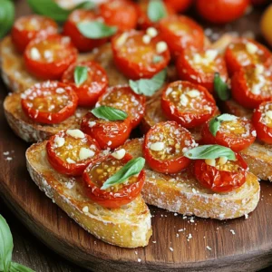 To make Roasted Tomato Basil Bruschetta, you need fresh and simple ingredients. This dish bursts with flavor and is easy to prepare. Here is your list of ingredients: - 4 cups cherry tomatoes, halved - 3 tablespoons extra virgin olive oil - 1 teaspoon aged balsamic vinegar - 1 teaspoon garlic powder - Sea salt and freshly cracked black pepper, to taste - 10 fresh basil leaves, finely chopped - 1 baguette, sliced into ½ inch pieces - 1 clove garlic, peeled and left whole - ¼ cup freshly grated Parmesan cheese (optional) These ingredients come together to create a delightful snack. The cherry tomatoes bring sweetness, while the basil adds freshness. The olive oil and balsamic vinegar enrich the flavor. Garlic and pepper give it the right kick. You can skip the cheese if you want a lighter option. This bruschetta is perfect for parties or a cozy night in. Enjoy the freshness and taste of these simple ingredients! Start by preheating your oven to 400°F (200°C). This heat is perfect for roasting tomatoes. In a large bowl, combine 4 cups of halved cherry tomatoes with 3 tablespoons of extra virgin olive oil. Add 1 teaspoon of aged balsamic vinegar and 1 teaspoon of garlic powder. Season with sea salt and freshly cracked black pepper. Gently toss the mixture with a spatula until all the tomatoes are coated. Spread the tomato mixture onto a baking sheet in a single layer. Avoid overcrowding them. Place the sheet in your preheated oven. Roast for about 20-25 minutes. Stir the tomatoes halfway through. You want them tender, juicy, and slightly caramelized. While the tomatoes roast, take your baguette slices and lay them on another baking sheet. Brush one side of each slice with extra virgin olive oil. This helps them get crispy. Put the baking sheet with the baguette in the oven. Toast for 5-7 minutes. You want them golden brown and crispy. Once they are done, take them out. Rub the toasted side of each slice with a whole garlic clove for extra flavor. After roasting, let the tomatoes cool for a couple of minutes. Fold in 10 finely chopped fresh basil leaves. This adds a fragrant aroma that makes the dish special. To assemble, take each garlic-rubbed baguette slice. Spoon a generous amount of the roasted tomato mixture on top. Let the juices soak a little into the bread for added flavor. If you like, sprinkle freshly grated Parmesan cheese over each bruschetta. This adds a rich flavor that many enjoy. Serve the bruschetta immediately while the baguette slices are warm. Guests will love the mix of warm bread and savory roasted tomatoes. For the best taste, serve your bruschetta warm. Pair it with a light salad or some olives. A chilled glass of white wine complements this dish well. Present the bruschetta on a wooden platter for a rustic look. Add fresh basil leaves on top for a splash of color. You can boost the taste with extra toppings. Feta cheese adds a creamy texture. Chopped olives bring a salty bite. For a spicy kick, try diced jalapeños. If you like sweetness, add some caramelized onions. Each topping can change the flavor profile. Avoid overcrowding the tomatoes on the baking sheet. This can lead to steaming instead of roasting. Don’t skip rubbing the garlic on the toasted baguette. It enhances the overall flavor. Lastly, use fresh basil at the end. Cooking it too long can make it taste bitter. {{image_4}} You can make your bruschetta even better with more veggies. Try adding roasted bell peppers, zucchini, or mushrooms. Each veggie adds its own taste and texture. You can mix them with the roasted tomatoes for extra flavor. Just keep the same seasonings to balance everything out. How about adding fruits? Slices of avocado or peach can bring a fresh twist. Avocado offers creaminess and richness. Peach adds a sweet touch that pairs well with tomatoes. Simply layer the fruit on the toasted bread before the tomato mix. You create a delicious balance of flavors that surprises everyone. For those needing gluten-free options, choose gluten-free bread. Many stores offer great choices now. Look for fresh or frozen gluten-free baguettes. You can toast them just like regular bread. This way, everyone can enjoy the bruschetta without worry. The flavors remain just as great! To store leftover bruschetta, place it in an airtight container. Keep the tomato topping and baguette slices separate. This helps maintain the bread's crispness. You can store the tomato mixture in the fridge for up to three days. The baguette slices can last for one day at room temperature, but they may get soft. For the best taste, reheat the bread in the oven. Preheat your oven to 350°F (175°C). Place the baguette slices on a baking sheet. Heat for about 5-7 minutes, or until warm and crispy. You can warm the tomato topping in a pan over low heat. Stir it gently to avoid burning. If you want to freeze the tomatoes, put them in a freezer-safe bag. Remove as much air as possible and seal tightly. They can last for up to three months. For the baguette, slice it before freezing. Wrap each slice in plastic wrap, then place in a freezer bag. This way, they will stay fresh. When ready to use, thaw them at room temperature. Yes, you can prepare many parts in advance. Roast the tomatoes a day before. Let them cool, then store in an airtight container. You can also slice the baguette and keep it in a sealed bag. Just toast it shortly before serving. This keeps it crisp. Mix the basil into the tomatoes right before serving for fresh flavor. If you don’t have fresh basil, try other herbs. Oregano or thyme works well. You can also use parsley for a different flavor. For a spicy kick, consider fresh arugula. Each herb gives a unique taste to your bruschetta. To keep your bread crisp, toast it well. Make sure to brush only one side with olive oil. This helps it stay crunchy. Serve the toppings right away after assembling. If you let the bruschetta sit too long, the bread may get soggy. Enjoy your crispy bites! This blog post showed you how to make delicious roasted tomato basil bruschetta. We covered the key ingredients, step-by-step instructions, and helpful tips. You learned how to enhance flavors and explore variations, like gluten-free options. Remember, proper storage keeps your dish fresh, and reheating tips help retain its texture. Enjoy crafting this easy appetizer for your next gathering. With simple steps, you can impress friends and family with great taste. Get cooking, and savor every bite!