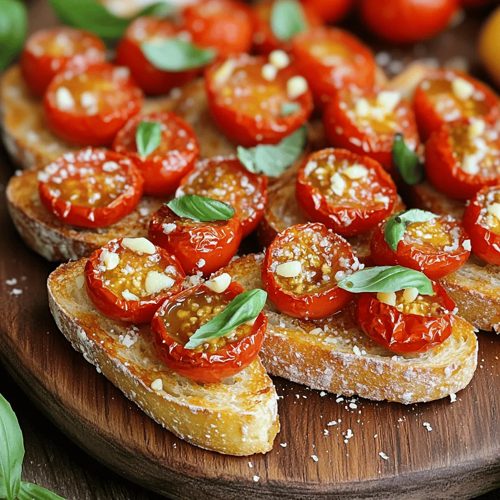 To make Roasted Tomato Basil Bruschetta, you need fresh and simple ingredients. This dish bursts with flavor and is easy to prepare. Here is your list of ingredients: - 4 cups cherry tomatoes, halved - 3 tablespoons extra virgin olive oil - 1 teaspoon aged balsamic vinegar - 1 teaspoon garlic powder - Sea salt and freshly cracked black pepper, to taste - 10 fresh basil leaves, finely chopped - 1 baguette, sliced into ½ inch pieces - 1 clove garlic, peeled and left whole - ¼ cup freshly grated Parmesan cheese (optional) These ingredients come together to create a delightful snack. The cherry tomatoes bring sweetness, while the basil adds freshness. The olive oil and balsamic vinegar enrich the flavor. Garlic and pepper give it the right kick. You can skip the cheese if you want a lighter option. This bruschetta is perfect for parties or a cozy night in. Enjoy the freshness and taste of these simple ingredients! Start by preheating your oven to 400°F (200°C). This heat is perfect for roasting tomatoes. In a large bowl, combine 4 cups of halved cherry tomatoes with 3 tablespoons of extra virgin olive oil. Add 1 teaspoon of aged balsamic vinegar and 1 teaspoon of garlic powder. Season with sea salt and freshly cracked black pepper. Gently toss the mixture with a spatula until all the tomatoes are coated. Spread the tomato mixture onto a baking sheet in a single layer. Avoid overcrowding them. Place the sheet in your preheated oven. Roast for about 20-25 minutes. Stir the tomatoes halfway through. You want them tender, juicy, and slightly caramelized. While the tomatoes roast, take your baguette slices and lay them on another baking sheet. Brush one side of each slice with extra virgin olive oil. This helps them get crispy. Put the baking sheet with the baguette in the oven. Toast for 5-7 minutes. You want them golden brown and crispy. Once they are done, take them out. Rub the toasted side of each slice with a whole garlic clove for extra flavor. After roasting, let the tomatoes cool for a couple of minutes. Fold in 10 finely chopped fresh basil leaves. This adds a fragrant aroma that makes the dish special. To assemble, take each garlic-rubbed baguette slice. Spoon a generous amount of the roasted tomato mixture on top. Let the juices soak a little into the bread for added flavor. If you like, sprinkle freshly grated Parmesan cheese over each bruschetta. This adds a rich flavor that many enjoy. Serve the bruschetta immediately while the baguette slices are warm. Guests will love the mix of warm bread and savory roasted tomatoes. For the best taste, serve your bruschetta warm. Pair it with a light salad or some olives. A chilled glass of white wine complements this dish well. Present the bruschetta on a wooden platter for a rustic look. Add fresh basil leaves on top for a splash of color. You can boost the taste with extra toppings. Feta cheese adds a creamy texture. Chopped olives bring a salty bite. For a spicy kick, try diced jalapeños. If you like sweetness, add some caramelized onions. Each topping can change the flavor profile. Avoid overcrowding the tomatoes on the baking sheet. This can lead to steaming instead of roasting. Don’t skip rubbing the garlic on the toasted baguette. It enhances the overall flavor. Lastly, use fresh basil at the end. Cooking it too long can make it taste bitter. {{image_4}} You can make your bruschetta even better with more veggies. Try adding roasted bell peppers, zucchini, or mushrooms. Each veggie adds its own taste and texture. You can mix them with the roasted tomatoes for extra flavor. Just keep the same seasonings to balance everything out. How about adding fruits? Slices of avocado or peach can bring a fresh twist. Avocado offers creaminess and richness. Peach adds a sweet touch that pairs well with tomatoes. Simply layer the fruit on the toasted bread before the tomato mix. You create a delicious balance of flavors that surprises everyone. For those needing gluten-free options, choose gluten-free bread. Many stores offer great choices now. Look for fresh or frozen gluten-free baguettes. You can toast them just like regular bread. This way, everyone can enjoy the bruschetta without worry. The flavors remain just as great! To store leftover bruschetta, place it in an airtight container. Keep the tomato topping and baguette slices separate. This helps maintain the bread's crispness. You can store the tomato mixture in the fridge for up to three days. The baguette slices can last for one day at room temperature, but they may get soft. For the best taste, reheat the bread in the oven. Preheat your oven to 350°F (175°C). Place the baguette slices on a baking sheet. Heat for about 5-7 minutes, or until warm and crispy. You can warm the tomato topping in a pan over low heat. Stir it gently to avoid burning. If you want to freeze the tomatoes, put them in a freezer-safe bag. Remove as much air as possible and seal tightly. They can last for up to three months. For the baguette, slice it before freezing. Wrap each slice in plastic wrap, then place in a freezer bag. This way, they will stay fresh. When ready to use, thaw them at room temperature. Yes, you can prepare many parts in advance. Roast the tomatoes a day before. Let them cool, then store in an airtight container. You can also slice the baguette and keep it in a sealed bag. Just toast it shortly before serving. This keeps it crisp. Mix the basil into the tomatoes right before serving for fresh flavor. If you don’t have fresh basil, try other herbs. Oregano or thyme works well. You can also use parsley for a different flavor. For a spicy kick, consider fresh arugula. Each herb gives a unique taste to your bruschetta. To keep your bread crisp, toast it well. Make sure to brush only one side with olive oil. This helps it stay crunchy. Serve the toppings right away after assembling. If you let the bruschetta sit too long, the bread may get soggy. Enjoy your crispy bites! This blog post showed you how to make delicious roasted tomato basil bruschetta. We covered the key ingredients, step-by-step instructions, and helpful tips. You learned how to enhance flavors and explore variations, like gluten-free options. Remember, proper storage keeps your dish fresh, and reheating tips help retain its texture. Enjoy crafting this easy appetizer for your next gathering. With simple steps, you can impress friends and family with great taste. Get cooking, and savor every bite!
