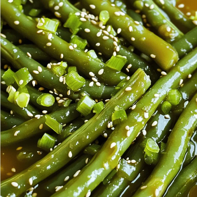 - 1 pound fresh green beans, trimmed - 3 tablespoons soy sauce - 2 tablespoons honey or maple syrup - 3 cloves garlic, minced - 1 tablespoon sesame oil - 1 teaspoon ground ginger - 1 tablespoon sesame seeds (optional) - Salt and pepper to taste - Chopped scallions for garnish Gathering these ingredients makes cooking easy and fun. Fresh green beans are the star here. They should be bright and firm. Soy sauce adds a rich umami flavor. Honey or maple syrup gives a touch of sweetness, balancing the saltiness. Garlic brings warmth, while sesame oil adds a nutty taste. Ground ginger introduces a subtle spice that enhances the dish. You can sprinkle sesame seeds on top for a nice crunch. Don't skip the scallions! They add a fresh bite and look great as a garnish. - Large pot for boiling - Skillet or wok for sautéing - Ice water bowl for shocking Using the right tools makes cooking smooth. A large pot helps boil the beans quickly. A skillet or wok is perfect for sautéing the garlic and mixing flavors. The ice water bowl is key to keeping the green beans bright and crisp. Enjoy the process of making this flavorful dish! 1. Blanching process: Fill a large pot with water. Bring it to a rolling boil. Add the trimmed green beans to the boiling water. Blanch them for 2-3 minutes. The beans should look bright green and feel tender-crisp. 2. Shocking in ice water: Drain the green beans promptly. Transfer them to a bowl filled with ice water. This step stops the cooking and keeps their color. Allow them to cool for a few minutes, then drain again and set aside. 1. Sautéing garlic: Heat a large skillet or wok over medium heat. Add the sesame oil. Once hot, sauté the minced garlic for about 30 seconds. Stir constantly to avoid browning. It should smell amazing! 2. Adding soy sauce, honey, and ginger: Pour in the soy sauce, honey (or maple syrup), and ground ginger. Stir well and let it simmer gently. Cook for 2-3 minutes until the sauce thickens slightly. 1. Tossing the green beans in the sauce: Add the blanched green beans to the skillet. Gently toss them in the sweet soy garlic sauce. Make sure all beans are coated. 2. Cooking until heated through: Cook for another 2-3 minutes. This warms the beans and blends the flavors. Taste and season with salt and pepper as needed. Optionally, sprinkle sesame seeds on top for extra flavor and texture. To get crisp green beans, blanch them correctly. Boil them for only 2-3 minutes. This keeps them bright and crunchy. After boiling, shock them in ice water. This stops cooking and locks in that lovely green color. Drain and set them aside. Be careful with the garlic. Sauté it for just 30 seconds. Stir it constantly to keep it from browning. Brown garlic can taste bitter. You want it to be fragrant, not burnt. For garnishes, chopped scallions add freshness. They brighten the dish with color and taste. If you want a little crunch, try sesame seeds. They add texture and a nice nutty flavor. If honey isn't your thing, maple syrup works too. Both sweeteners add a wonderful taste. You can also try agave nectar for a different twist. You can cook these beans on the stovetop or in a wok. I prefer using a wok. It heats evenly and gives great results. The high sides help toss the beans in the sauce easily. If you don't have a wok, a large skillet works well too. Just make sure it has enough room for all the ingredients. This way, you can stir everything without making a mess. {{image_4}} You can change the green beans for other veggies. Try using snap peas, broccoli, or carrots. Each brings a unique crunch and flavor. For sweeteners, honey is great, but you can use maple syrup or agave nectar. They all add a nice touch to the sauce. Want a bit of heat? Sprinkle in some chili flakes or red pepper. You can also add fresh ginger for a stronger taste. You can swap sesame oil for olive oil or avocado oil. Each oil brings its own flavor and health benefits. This dish can easily fit vegan diets. Just replace honey with maple syrup. It retains the sweet flavor without using animal products. For gluten-free options, select gluten-free soy sauce. This small change keeps the taste while ensuring everyone can enjoy it. To keep your sweet soy garlic green beans fresh, follow these steps: - Refrigeration tips: Place any leftovers in an airtight container. They can last in the fridge for up to three days. Make sure the beans cool down before sealing the container. - Freezing recommendations: If you want to save them longer, you can freeze the green beans. Use a freezer-safe bag and remove as much air as possible. They can last for about two months in the freezer. When it’s time to enjoy your leftovers, reheating is key. - Best practices for reheating: The best way to reheat is in a skillet over medium heat. Add a splash of water or soy sauce to keep them moist. - Avoiding loss of texture: Avoid using the microwave if you can. It can make the beans soggy. Stir them gently as they heat to maintain their crispness. Knowing how long your dish lasts helps you enjoy it at its best. - How long the dish lasts in the fridge: Sweet soy garlic green beans will stay fresh for three days when stored properly in the fridge. - Signs of spoilage: Look for any off smells, discoloration, or slimy texture. If you see any of these signs, it’s best to toss the beans. Yes, you can use frozen green beans. They are easy to find and save time. However, they may not have the same crisp texture as fresh ones. Frozen beans often lose their bite when cooked. You can still make them taste great by adjusting cooking time. Cook them just until heated through to keep some crunch. For flavor, add a bit more garlic or soy sauce. To add heat, try these ideas: - Add red pepper flakes when cooking the sauce. - Mix in a fresh minced chili pepper. - Use spicy soy sauce instead of regular soy sauce. - Drizzle some sriracha on top before serving. These small changes can give your green beans a nice kick! These green beans go well with many dishes. Here are some great pairings: - Serve with grilled chicken or shrimp for a tasty meal. - Pair them with rice or quinoa to soak up the sauce. - They complement steak or pork nicely, adding a fresh touch. - Try them with tofu for a vegetarian option. No matter what you choose, these green beans will shine on your plate! This post covers a simple and tasty recipe for Sweet Soy Garlic Green Beans. We looked at the key ingredients, tools needed, and a step-by-step guide to make the dish. I also shared tips for perfecting your green beans, ideas for variations, and how to store leftovers. Enjoy experimenting with flavors and ingredients. This dish can fit into many diets and occasions. You can serve it with many main meals. Now, go ahead and make it your own!