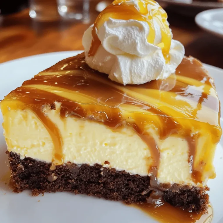 - Brownie mix details: Use one batch of brownie mix. Follow the package instructions for best results. This will ensure a rich, chewy base for your cheesecake. - Cream cheese specifications: You need 16 oz of cream cheese. Make sure it is softened to room temperature. This helps create a smooth, creamy filling. - Caramel sauce options: Use 1/2 cup of caramel sauce. You can buy store-bought or make your own. Homemade caramel adds a special touch to your dessert. These ingredients come together to create a dessert that is both rich and satisfying. They blend perfectly to make a delicious caramel swirl brownie cheesecake. Enjoy the process of mixing and baking these tasty components! First, preheat your oven to 325°F (160°C). Grease a 9-inch springform pan with butter or non-stick spray. This helps the cheesecake come out smoothly later. Now, prepare your brownie mix by following the package instructions. Mix well until it is smooth. Pour this brownie batter into the bottom of your pan and spread it evenly. Bake in the oven for 20-25 minutes. The edges should look set, but the center can still be a bit soft. After baking, let it cool slightly. While the brownie base bakes, let’s make the cheesecake filling. In a large bowl, beat 16 oz of softened cream cheese with an electric mixer. Mix it on medium speed for about 2 minutes until it is creamy. Next, add 1 cup of granulated sugar gradually. Blend it well after each addition until it is smooth. Now, pour in 1 teaspoon of pure vanilla extract and mix it in. Then fold in 1/2 cup of sour cream gently with a spatula. Make sure the mixture is uniform and smooth. Add 3 large eggs one at a time. Mix on low speed after each egg, but avoid overmixing. Once your brownie layer has cooled a bit, pour the creamy cheesecake mixture over it. Spread it gently with a spatula for an even layer. Now, take 1/2 cup of caramel sauce and drizzle it over the cheesecake layer. Use a knife or skewer to swirl the caramel into the cheesecake. This creates a lovely marbled effect. Bake the cheesecake in the oven for 45-50 minutes. The edges should look set while the center has a slight jiggle. After baking, turn off the oven but leave the cheesecake inside with the door slightly open for 1 hour. This step helps prevent cracks. Once it cools, carefully take it out and refrigerate for at least 4 hours, or overnight for the best taste. Before serving, you can drizzle extra caramel sauce on top. Enjoy this delightful treat! To make a great brownie cheesecake, avoid common mistakes. First, do not overmix the brownie batter. This makes them tough. Also, remember to let the brownie layer cool before adding the cheesecake. If it’s too hot, it can cook the cheesecake layer. To prevent cracks in your cheesecake, bake it gently. Keep the oven door slightly ajar after baking. This gradual cooling helps set the cheesecake without forming cracks. Another tip is to mix the cheesecake batter slowly. Overbeating can introduce too much air, leading to cracks. A polished look makes your dessert shine. Slice the cheesecake into neat wedges. Place each slice on a dessert plate. Drizzle extra caramel sauce over each slice before serving. This adds a beautiful touch. For garnishing, whipped cream is a great choice. A dollop on top of each slice looks inviting. You can also sprinkle chocolate chips for extra texture. These simple touches make a big difference in presentation. Enjoy your creation! {{image_4}} You can have fun with flavors to make this cheesecake your own. You might try using different chocolate chips. Dark chocolate chips give a rich taste. Milk chocolate chips add sweetness. You can also sprinkle toppings on top, like crushed cookies or nuts. If you like a fruity twist, add some fresh berries. Chopped strawberries or raspberries work great. They not only add flavor but also color to your dessert. You can mix these into the cheesecake or place them on top before serving. Do you need a gluten-free option? You can use a gluten-free brownie mix. Many brands offer tasty mixes that work well. Just make sure to check the label for gluten-free status. For those who want a vegan cheesecake, there are great alternatives. You can use vegan cream cheese and replace eggs with flaxseed meal or silken tofu. These swaps help you create a creamy texture without animal products. Enjoy experimenting with these variations to fit your taste and needs! To keep your caramel swirl brownie cheesecake fresh, store any leftovers properly. First, let the cheesecake cool completely in the fridge. Once it's cool, cover it tightly with plastic wrap or foil. This helps prevent the cheesecake from drying out. You can also use an airtight container. - Use a springform pan if you still have some cheesecake left in it. - If you want to slice it, place parchment paper between slices to prevent sticking. - Store it in the fridge. It will stay fresh for about five days. If you want to save your cheesecake for later, freezing is a great option. Here are the best practices for freezing: - Wrap the cheesecake well in plastic wrap. Then, wrap it in foil for extra protection. - Make sure it is tightly sealed. This keeps ice crystals from forming. - For best results, freeze it for no more than three months. When you're ready to enjoy it, thaw the cheesecake slowly. Place it in the fridge overnight. This method helps keep its creamy texture. Avoid thawing at room temperature, as it can make the cheesecake too soft. Enjoy your sweet treat whenever you want! To check if the cheesecake is done, look for these signs: - The edges should be firm and set. - The center should still jiggle slightly. - A toothpick inserted in the center should come out mostly clean. These signs mean it’s ready to cool. Avoid overbaking. This can make it dry. Yes, you can make this cheesecake ahead of time. It keeps well in the fridge. Store it for up to 3 days before serving. For the best flavor, let it chill overnight. This gives the flavors time to blend. If you don’t have sour cream, here are some options: - Plain yogurt works great. - Cream cheese can be used, but thin it with a bit of milk. - Cottage cheese blended smooth is another choice. These alternatives help keep your cheesecake creamy and delicious. This blog post guides you through making a decadent brownie cheesecake. We covered important ingredients, step-by-step instructions, and helpful tips. You learned how to combine layers and avoid common mistakes. Variations allow you to customize your dessert, while proper storage ensures freshness. Enjoy creating this treat and impressing your family and friends. With practice, you will master this dessert and make it your own. Happy baking!