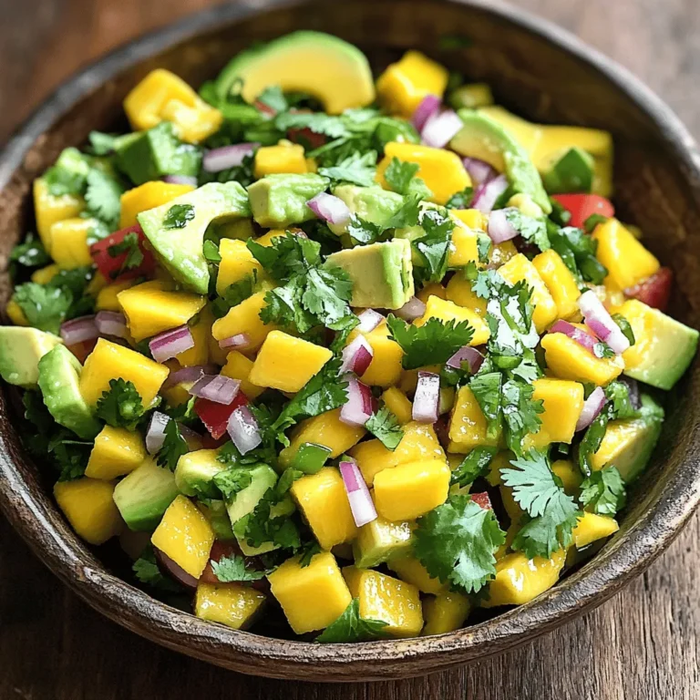 - 1 perfectly ripe mango, diced into bite-sized cubes - 2 ripe avocados, peeled and diced - 1/2 medium red onion, finely chopped - 1 red bell pepper, diced into small pieces - 1 fresh jalapeño, deseeded and minced - Juice of 2 fresh limes - 1/4 cup fresh cilantro leaves, roughly chopped - Salt and freshly cracked pepper, to taste When picking a mango, look for one that feels slightly soft. It should have a sweet smell. For avocados, gently squeeze the skin. It should give a little but not be mushy. Red onions should be firm and smooth. Choose a bell pepper that looks bright and shiny. For jalapeños, pick ones that are firm with a rich green color. Fresh cilantro should smell strong and look vibrant. Mango adds sweetness and a juicy texture. Avocado brings creaminess, making every bite rich. Red onion adds a sharp crunch that balances the sweetness. The bell pepper adds color and a mild taste. Jalapeño brings heat, and you can adjust the amount for your spice level. Lime juice brightens the flavors and keeps the avocados from turning brown. Cilantro adds a fresh, herbaceous note. Salt and pepper enhance all the flavors, making the dish pop. First, gather all your ingredients. This makes the process smooth and easy. Start with the mango. Carefully peel it and cut it into bite-sized cubes. A ripe mango should feel soft but not mushy. Next, take the avocados. Peel and dice them the same way as the mango. The size of the pieces matters for texture. Chop the red onion finely. Aim for small pieces, so they blend well. Dice the red bell pepper into small bits. Then, prepare the jalapeño. Cut it in half and remove the seeds. Mince it finely, adjusting the amount based on your spice preference. Now that all your ingredients are ready, take a large mixing bowl. Combine the diced mango, avocado, red onion, red bell pepper, and jalapeño. Stir gently to mix everything without mashing the avocado. Next, squeeze the juice of two fresh limes right over the mix. This adds flavor and keeps the avocado bright green. Then, fold in the chopped cilantro. Use a spatula for this step to preserve the avocado's texture. Finally, season with salt and freshly cracked pepper. Taste and adjust as needed. This step is key for enhancing the flavors. To keep a great texture, handle the ingredients gently. Avoid mashing the avocado; it should stay chunky. If you want to prep ahead, add lime juice earlier to prevent browning. Let the salsa sit for 10-15 minutes at room temperature. This allows the flavors to combine. For the best presentation, serve it in a colorful bowl. Garnish with cilantro and lime wedges for a bright touch. Enjoy this fresh salsa with chips or on grilled dishes! To keep your avocados fresh, store them whole. Wrap them in plastic wrap to reduce air exposure. If you slice one, use lemon or lime juice on the flesh. This juice slows browning. Store cut avocados in an airtight container. You can add onion to the container, too. It helps keep them green. To enhance the flavor, consider adding more lime juice. It brightens the salsa. You can also add garlic for a savory touch. If you want more heat, include more jalapeño slices. For a milder salsa, use half a jalapeño or add extra bell pepper. Taste as you go to find your perfect balance. Mango avocado salsa shines with tortilla chips. Serve it as a dip for parties. You can also use it on grilled fish or chicken. It adds a fresh twist to tacos and burritos. For a light meal, pair it with fresh greens or serve it over rice. Enjoy the burst of flavors in every bite! {{image_4}} To make your mango avocado salsa pop, consider adding extra ingredients. You might try diced pineapple for sweetness or black beans for protein. Fresh corn can add a nice crunch. If you like herbs, fresh mint or basil can offer a new twist. You could also try a dash of hot sauce for an extra kick. Each of these add-ins can change the flavor profile and give you a fun surprise. You can swap any ingredient if you need to. If you don’t have mango, try peaches or nectarines. These fruits will give a similar sweetness. For avocados, you can use ripe peaches or even diced cucumbers for a lighter touch. If red onion is not your favorite, try green onions or shallots for a milder taste. Keep in mind that lime juice is key for flavor, but lemon juice can work in a pinch. Mango avocado salsa can change with the seasons. In summer, add fresh local tomatoes for a juicy burst. In fall, diced apples can lend a crisp texture and sweetness. During winter, consider citrus fruits like oranges or grapefruit, which add a bright flavor. Each season brings new choices, so feel free to experiment and make your salsa unique! To keep your mango avocado salsa fresh, store it in an airtight container. This helps block air that can spoil the flavors. Place a piece of plastic wrap directly on the surface of the salsa before sealing the container. This extra step helps prevent browning. Always keep the salsa in the fridge. The cool temperature keeps it fresh longer. When stored properly, mango avocado salsa lasts about 1 to 2 days in the fridge. The avocados can brown quickly, so enjoy it soon after making it. If you notice browning, you can scrape the top layer off. The flavors will still be good underneath. Freezing mango avocado salsa is not ideal, as the texture of avocados changes when frozen. If you still want to freeze it, do so without the avocados. Prepare the salsa with all the other ingredients, then freeze in a freezer-safe container. When ready to use, thaw it in the fridge overnight. Add fresh diced avocado just before serving for the best taste and texture. Yes, you can make Mango Avocado Salsa ahead of time. However, it's best to serve it fresh. If you prepare it in advance, the avocado may brown. To slow this down, add lime juice to the salsa. Store it in an airtight container in the fridge. Use it within a day for the best taste. You can serve Mango Avocado Salsa with many dishes. Try it with tortilla chips for a tasty snack. It makes a great topping for grilled chicken or fish. You can also add it to tacos or burritos. This salsa adds color and flavor to any meal. To make the salsa spicier, add more jalapeño. You can also try adding diced serrano peppers for extra heat. If you want it milder, use less jalapeño or remove the seeds. Taste as you go to find the right balance for you. Mango avocado salsa is simple and fun to make. We covered key ingredients, preparation steps, and valuable tips. Choosing ripe fruit ensures great taste. Mixing and seasoning lead to a fresh and bright flavor. Storing leftovers properly keeps your salsa tasty. Feel free to experiment with variations to keep it exciting. With these easy steps, you can enjoy and share this delicious dish anytime. Update your meals with this tasty salsa!