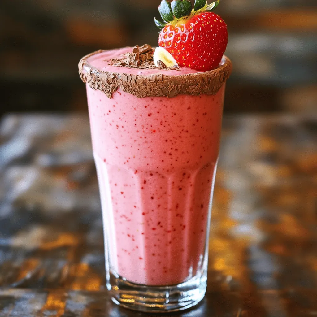 To make a yummy chocolate covered strawberry smoothie, you need: - 1 cup frozen strawberries - 1 ripe banana - 1 cup almond milk (or your preferred milk alternative) - 2 tablespoons unsweetened cocoa powder - 1 tablespoon honey or maple syrup (or more to taste) - 1 tablespoon almond butter (or substitute with your favored nut butter) - 1/2 teaspoon pure vanilla extract - A pinch of sea salt - Optional: 1 tablespoon chia seeds (for added texture and nutrition) These simple items create a smooth and tasty drink. You can use different items if you can’t find the main ones. Try: - Any frozen berries instead of strawberries. - Regular milk or oat milk instead of almond milk. - Use agave syrup if you don't have honey or maple syrup. - Peanut butter can replace almond butter. - You can skip the chia seeds if you don’t have them. These swaps can bring new flavors to your smoothie. For the best taste, choose ripe strawberries. Look for: - Bright red color with no white spots. - Firm texture without any mushy parts. - A sweet smell, which shows they are fresh. Fresh strawberries will make your smoothie pop with flavor. To make your Chocolate Covered Strawberry Smoothie, gather all your ingredients. The key items are frozen strawberries, a ripe banana, and almond milk. You will also need cocoa powder, honey or maple syrup, almond butter, vanilla extract, and sea salt. Optional chia seeds can boost nutrition. This smoothie takes just five minutes to prepare. 1. Add Ingredients: Start by placing 1 cup of frozen strawberries, 1 ripe banana, and 1 cup of almond milk into your blender. 2. Add Flavor: Next, sprinkle in 2 tablespoons of cocoa powder. Choose your sweetener, either 1 tablespoon of honey or maple syrup. 3. Nutty Goodness: Spoon in 1 tablespoon of almond butter. Add 1/2 teaspoon of pure vanilla extract and finish with a pinch of sea salt. 4. Optional Boost: If you want, add 1 tablespoon of chia seeds for texture and nutrients. 5. Blend Away: Blend on high speed until smooth. Make sure everything is mixed well. 6. Taste and Adjust: Taste your smoothie. If you want it sweeter, add more honey or maple syrup. Blend again briefly to mix. Pour your smoothie into a tall glass. For a fun touch, garnish it with sliced strawberries on top. You can also dust a little cocoa powder for a nice finish. Serve it with a stylish straw and place a whole strawberry on the rim of the glass. This adds color and charm to your drink! You can change the sweetness of your smoothie easily. Start with the honey or maple syrup. If your smoothie is not sweet enough, add more. Blend again to mix it in well. Taste it after each addition. This way, you can create your perfect balance. Everyone likes different levels of sweetness! Adding spices makes your smoothie more exciting. You can try adding a dash of cinnamon or nutmeg. These spices bring warmth and depth to the flavor. They pair well with chocolate and strawberries. You might also enjoy a little cayenne for a spicy kick. Just a pinch will do! The consistency of your smoothie is key. If you like it thick, use less almond milk. You can also add more frozen strawberries or a banana. For a thinner smoothie, add more almond milk slowly. Blend until you reach your desired texture. Always remember, you can adjust it as you blend! {{image_4}} To make this smoothie dairy-free or vegan, swap almond milk for a plant-based milk. You can use coconut milk, oat milk, or soy milk. Each choice gives a unique taste. You can also replace honey with maple syrup or agave for sweetness. These options keep your drink creamy and delicious without dairy. If you want to add protein, try adding protein powder. Use your favorite brand, like whey or plant-based blends. Start with one scoop. This gives your smoothie a nutrition boost. It can help keep you full longer. You can blend it in with the other ingredients for a smooth finish. Nut butter adds flavor and creaminess. Almond butter is great, but you can use peanut butter or cashew butter too. Each nut butter gives a different taste. If you want something unique, try sunflower seed butter. It’s nut-free and has a nice flavor. Just pick what you like best! If you have leftover smoothie, pour it into an airtight container. Seal it tight and place it in the fridge. It can stay fresh for up to 24 hours. When you’re ready to drink it again, just shake or stir well. If it separates, that’s normal. Freezing your smoothie is simple. You can freeze individual ingredients first. For example, freeze your strawberries and banana in small bags. This way, they stay fresh longer. When you want to make the smoothie, just blend the frozen fruit with your milk and other ingredients. You can also freeze the finished smoothie in ice cube trays. Once frozen, transfer the cubes to a freezer bag. - Frozen strawberries: Keep well for around six months in the freezer. - Ripe bananas: Use them in up to three days. After that, they turn brown. - Almond milk: Check the date on the carton. Once opened, use it within seven days. - Cocoa powder: It lasts for two to three years if stored in a cool place. - Honey or maple syrup: They can last for years without spoiling. - Almond butter: Store it in the fridge to last for three months after opening. - Vanilla extract: It can last indefinitely when kept properly. - Chia seeds: They stay fresh for about two years if stored dry and cool. By knowing how to store leftovers and freeze ingredients, you can enjoy this smoothie anytime! Yes, you can make this smoothie ahead of time. Store it in the fridge for up to 24 hours. Just keep it in an airtight container. Note that it might separate a bit. Give it a good shake or stir before you drink. This method helps save time on busy mornings. If you don't have almond butter, you can use other nut butters. Peanut butter works well and adds a nice taste. Sunflower seed butter is another good choice for nut-free diets. You can even try cashew butter for a creamier texture. Each option brings its unique flavor to the smoothie. To make your smoothie thicker, add more frozen strawberries. You can also use less almond milk. Another great tip is to add chia seeds or oats. Both options increase thickness while adding nutrition. Blend until you reach your desired smoothness. Enjoy a rich and creamy treat! In this blog post, we covered all you need to know about making a great smoothie. We talked about choosing fresh strawberries and how to blend them perfectly. You learned tips for flavor, sweetness, and different options for dairy-free or protein-rich smoothies. Remember, how you store your smoothie matters too. With these ideas, you can create a tasty drink that suits your needs. Enjoy the process and have fun experimenting with flavors and textures. Smoothies are a simple way to enjoy healthy ingredients every day.