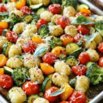 - 1 pound store-bought gnocchi - 2 cups cherry tomatoes, halved - 1 bell pepper, chopped - 1 medium zucchini, sliced into half-moons - 1 cup broccoli florets - 4 cloves garlic, finely minced - 4 tablespoons extra virgin olive oil - 1 teaspoon Italian seasoning blend - ½ teaspoon crushed red pepper flakes - Salt and black pepper, to taste - ½ cup freshly grated Parmesan cheese - Fresh basil leaves for garnish This dish shines with its bright colors and fresh flavors. The gnocchi offers a soft and chewy texture. The cherry tomatoes burst with sweetness. The bell pepper adds crunch, while the zucchini and broccoli contribute a nice earthiness. Garlic brings a warm, savory note that ties everything together. For the seasoning, we use a mix that makes this dish sing. The extra virgin olive oil coats the ingredients well. The Italian seasoning adds that classic herb aroma. If you like a kick, the crushed red pepper flakes give just the right amount of heat. Don’t forget the salt and black pepper. They balance all the flavors. Finally, the freshly grated Parmesan cheese melts beautifully, adding creaminess and depth. If you want to brighten the dish, fresh basil leaves make a lovely garnish. This recipe is simple and fun. You can easily adjust ingredients based on what you have. Want to use different veggies? Go for it! Enjoy mixing flavors in this easy sheet pan delight. Begin by preheating your oven to 425°F (220°C). This step is key for a nice crisp on the gnocchi. Line a large sheet pan with parchment paper. This helps with easy cleanup and keeps the food from sticking. In a large mixing bowl, combine the gnocchi with the cherry tomatoes, bell pepper, zucchini, and broccoli. Make sure to mix them well. You want every piece to be included. This mix of flavors makes your dish pop. In a small bowl, whisk together the minced garlic, olive oil, Italian seasoning, red pepper flakes, salt, and black pepper. This garlic mixture adds great taste to the dish. It infuses the gnocchi and veggies with rich flavors. Drizzle the garlic mixture over the gnocchi and veggies. Use a spatula or your hands to toss everything together. Make sure all the pieces are coated evenly. Then, spread the mixture across the sheet pan in a single layer. This helps everything cook evenly and become golden brown. Place the sheet pan in your preheated oven. Bake for 20-25 minutes. You want the gnocchi to turn golden and crispy. The veggies should become tender but not mushy. Keep an eye on them to avoid overcooking. Carefully remove the pan from the oven. Immediately sprinkle the freshly grated Parmesan cheese over the hot gnocchi and veggies. Then, return the sheet pan to the oven for another 2-3 minutes. This allows the cheese to melt and create a delicious layer on top. To get that perfect crunch, spread the mixture in a single layer on your sheet pan. This allows hot air to circulate around the gnocchi and veggies. If they are too close together, they will steam instead of crisping up. Trust me, a little space goes a long way! You can easily adjust the spice in this dish. If you prefer less heat, use fewer crushed red pepper flakes. If you want more kick, add a bit more! Play with the amount until it fits your taste. This simple tweak can transform the dish to your liking. If you have any leftovers, store them in an airtight container. Keep them in the fridge for up to three days. When you’re ready to eat, reheat in the oven for the best texture. Avoid the microwave, as it can make the gnocchi mushy. Enjoy your tasty meal again! {{image_4}} You can switch up the veggies in this dish to keep it fresh. Try using seasonal vegetables like asparagus, carrots, or even Brussels sprouts. Each vegetable brings its own flavor and texture. For example, asparagus adds a nice crunch, while carrots add a hint of sweetness. Mixing different colors makes your dish look vibrant and fun. Want to make your meal heartier? You can add protein easily. Chicken breast works well; just cut it into bite-sized pieces. Tofu is another great option, especially if you want a plant-based protein. Simply cube it and toss it with the gnocchi and veggies. You can also use cooked sausage for a savory kick. Just slice it and mix it in before baking. If you prefer a dairy-free dish, you can make this recipe vegan-friendly. Just skip the Parmesan cheese or use a dairy-free alternative. Nutritional yeast is a tasty substitute that gives a cheesy flavor without the dairy. You can even try vegan cheese if you want that melty texture. Adjust the other ingredients to match your taste. To store leftovers in the fridge, let the dish cool first. Place the cooled gnocchi and veggies in an airtight container. This keeps moisture in and prevents the food from drying out. You can store it for about three to four days. When you’re ready to eat, simply reheat it in the oven or microwave. If you want to freeze this dish, make sure it cools completely. Then, transfer the gnocchi and veggies to a freezer-safe container or bag. Remove as much air as possible to prevent freezer burn. This dish can freeze well for up to three months. When you want to enjoy it again, thaw it overnight in the fridge. Reheat it in the oven for the best texture. For the best taste and quality, enjoy your sheet pan garlic parmesan gnocchi and veggies within a week. Keep an eye on the smell and texture. If it seems off, it’s best to discard it. Proper storage is key to enjoying this dish fresh and flavorful. Yes, you can use homemade gnocchi. Fresh gnocchi may give a softer texture. Store-bought gnocchi tends to hold its shape better. If you prefer the homemade option, ensure it's cooked properly before mixing with veggies. If you need a substitute for Parmesan cheese, try Pecorino Romano or nutritional yeast. Both options add a nice flavor. You can also use a dairy-free cheese for a vegan dish. Just ensure it melts well when heated. Yes, you can prepare this dish ahead of time. Mix the gnocchi and veggies, then cover and store in the fridge. Keep the garlic mixture separate until you are ready to bake. This will keep the dish fresh. Check the vegetables after 20-25 minutes in the oven. They should be tender but not mushy. The colors will become brighter, and some edges may brown. This means they are ready to enjoy. Yes, this recipe works great for meal prepping. You can make a larger batch and divide it into containers. Store them in the fridge for quick meals. Reheat in the oven or microwave for best results. This dish is easy and fun to make. We covered the key ingredients and seasonings to create a tasty meal. You learned how to mix and bake the gnocchi with vegetables, and we discussed helpful tips. Remember, you can customize this recipe with different veggies or proteins. Storing leftovers is simple, so don’t worry if you have extra. Enjoy this sheet pan gnocchi soon, and share it with others. You’ll love how easy it is to make delicious food at home.