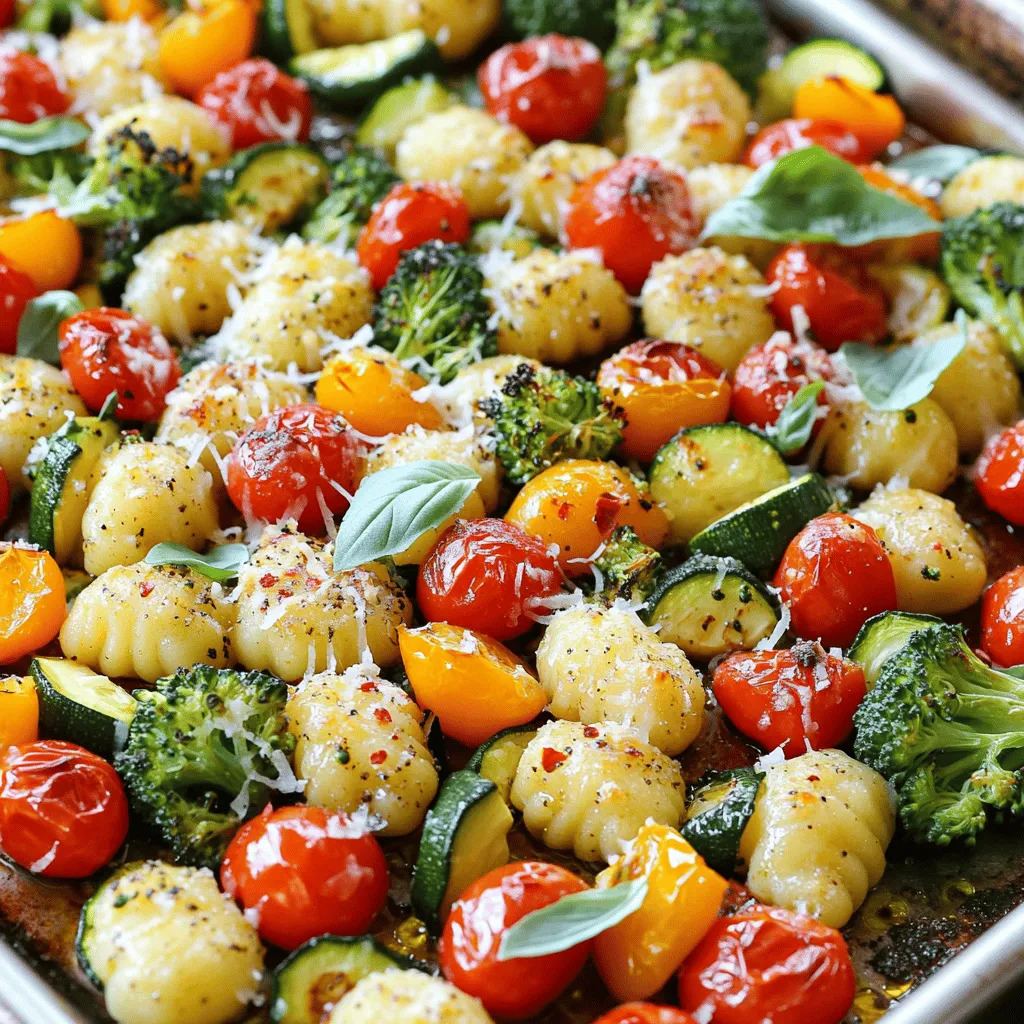 - 1 pound store-bought gnocchi - 2 cups cherry tomatoes, halved - 1 bell pepper, chopped - 1 medium zucchini, sliced into half-moons - 1 cup broccoli florets - 4 cloves garlic, finely minced - 4 tablespoons extra virgin olive oil - 1 teaspoon Italian seasoning blend - ½ teaspoon crushed red pepper flakes - Salt and black pepper, to taste - ½ cup freshly grated Parmesan cheese - Fresh basil leaves for garnish This dish shines with its bright colors and fresh flavors. The gnocchi offers a soft and chewy texture. The cherry tomatoes burst with sweetness. The bell pepper adds crunch, while the zucchini and broccoli contribute a nice earthiness. Garlic brings a warm, savory note that ties everything together. For the seasoning, we use a mix that makes this dish sing. The extra virgin olive oil coats the ingredients well. The Italian seasoning adds that classic herb aroma. If you like a kick, the crushed red pepper flakes give just the right amount of heat. Don’t forget the salt and black pepper. They balance all the flavors. Finally, the freshly grated Parmesan cheese melts beautifully, adding creaminess and depth. If you want to brighten the dish, fresh basil leaves make a lovely garnish. This recipe is simple and fun. You can easily adjust ingredients based on what you have. Want to use different veggies? Go for it! Enjoy mixing flavors in this easy sheet pan delight. Begin by preheating your oven to 425°F (220°C). This step is key for a nice crisp on the gnocchi. Line a large sheet pan with parchment paper. This helps with easy cleanup and keeps the food from sticking. In a large mixing bowl, combine the gnocchi with the cherry tomatoes, bell pepper, zucchini, and broccoli. Make sure to mix them well. You want every piece to be included. This mix of flavors makes your dish pop. In a small bowl, whisk together the minced garlic, olive oil, Italian seasoning, red pepper flakes, salt, and black pepper. This garlic mixture adds great taste to the dish. It infuses the gnocchi and veggies with rich flavors. Drizzle the garlic mixture over the gnocchi and veggies. Use a spatula or your hands to toss everything together. Make sure all the pieces are coated evenly. Then, spread the mixture across the sheet pan in a single layer. This helps everything cook evenly and become golden brown. Place the sheet pan in your preheated oven. Bake for 20-25 minutes. You want the gnocchi to turn golden and crispy. The veggies should become tender but not mushy. Keep an eye on them to avoid overcooking. Carefully remove the pan from the oven. Immediately sprinkle the freshly grated Parmesan cheese over the hot gnocchi and veggies. Then, return the sheet pan to the oven for another 2-3 minutes. This allows the cheese to melt and create a delicious layer on top. To get that perfect crunch, spread the mixture in a single layer on your sheet pan. This allows hot air to circulate around the gnocchi and veggies. If they are too close together, they will steam instead of crisping up. Trust me, a little space goes a long way! You can easily adjust the spice in this dish. If you prefer less heat, use fewer crushed red pepper flakes. If you want more kick, add a bit more! Play with the amount until it fits your taste. This simple tweak can transform the dish to your liking. If you have any leftovers, store them in an airtight container. Keep them in the fridge for up to three days. When you’re ready to eat, reheat in the oven for the best texture. Avoid the microwave, as it can make the gnocchi mushy. Enjoy your tasty meal again! {{image_4}} You can switch up the veggies in this dish to keep it fresh. Try using seasonal vegetables like asparagus, carrots, or even Brussels sprouts. Each vegetable brings its own flavor and texture. For example, asparagus adds a nice crunch, while carrots add a hint of sweetness. Mixing different colors makes your dish look vibrant and fun. Want to make your meal heartier? You can add protein easily. Chicken breast works well; just cut it into bite-sized pieces. Tofu is another great option, especially if you want a plant-based protein. Simply cube it and toss it with the gnocchi and veggies. You can also use cooked sausage for a savory kick. Just slice it and mix it in before baking. If you prefer a dairy-free dish, you can make this recipe vegan-friendly. Just skip the Parmesan cheese or use a dairy-free alternative. Nutritional yeast is a tasty substitute that gives a cheesy flavor without the dairy. You can even try vegan cheese if you want that melty texture. Adjust the other ingredients to match your taste. To store leftovers in the fridge, let the dish cool first. Place the cooled gnocchi and veggies in an airtight container. This keeps moisture in and prevents the food from drying out. You can store it for about three to four days. When you’re ready to eat, simply reheat it in the oven or microwave. If you want to freeze this dish, make sure it cools completely. Then, transfer the gnocchi and veggies to a freezer-safe container or bag. Remove as much air as possible to prevent freezer burn. This dish can freeze well for up to three months. When you want to enjoy it again, thaw it overnight in the fridge. Reheat it in the oven for the best texture. For the best taste and quality, enjoy your sheet pan garlic parmesan gnocchi and veggies within a week. Keep an eye on the smell and texture. If it seems off, it’s best to discard it. Proper storage is key to enjoying this dish fresh and flavorful. Yes, you can use homemade gnocchi. Fresh gnocchi may give a softer texture. Store-bought gnocchi tends to hold its shape better. If you prefer the homemade option, ensure it's cooked properly before mixing with veggies. If you need a substitute for Parmesan cheese, try Pecorino Romano or nutritional yeast. Both options add a nice flavor. You can also use a dairy-free cheese for a vegan dish. Just ensure it melts well when heated. Yes, you can prepare this dish ahead of time. Mix the gnocchi and veggies, then cover and store in the fridge. Keep the garlic mixture separate until you are ready to bake. This will keep the dish fresh. Check the vegetables after 20-25 minutes in the oven. They should be tender but not mushy. The colors will become brighter, and some edges may brown. This means they are ready to enjoy. Yes, this recipe works great for meal prepping. You can make a larger batch and divide it into containers. Store them in the fridge for quick meals. Reheat in the oven or microwave for best results. This dish is easy and fun to make. We covered the key ingredients and seasonings to create a tasty meal. You learned how to mix and bake the gnocchi with vegetables, and we discussed helpful tips. Remember, you can customize this recipe with different veggies or proteins. Storing leftovers is simple, so don’t worry if you have extra. Enjoy this sheet pan gnocchi soon, and share it with others. You’ll love how easy it is to make delicious food at home.