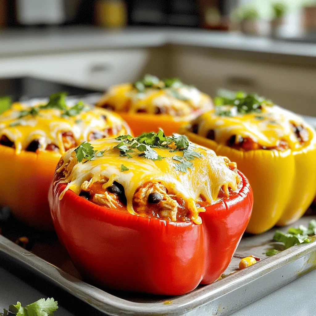 To make Chicken Enchilada Stuffed Peppers, gather these tasty ingredients: - 4 large bell peppers (pick your favorite color) - 2 cups cooked and shredded chicken - 1 cup enchilada sauce (mild or spicy) - 1 cup black beans, rinsed and drained - 1 cup corn (canned or frozen) - 1 teaspoon ground cumin - 1 teaspoon garlic powder - 1/2 teaspoon onion powder - 1 cup shredded cheese (cheddar or a blend) - 1/4 cup fresh cilantro, chopped (for garnish) - Salt and pepper to taste - Olive oil for drizzling You will need some simple supplies to prepare your dish: - A baking dish - A mixing bowl - A spoon for mixing - A knife for cutting the peppers - A cutting board These tools will help you create your stuffed peppers: - Measuring cups and spoons - Aluminum foil (to cover the baking dish) - Oven mitts (for safety) - A spatula (for serving) Each item plays a role in making your cooking easy and fun. Having everything ready makes the process smooth. Enjoy your cooking adventure! Start by preheating your oven to 375°F (190°C). Next, take four large bell peppers. You can choose any bright color you like. Cut off the tops and remove the seeds and membranes. This creates a hollow space for the filling. Drizzle a little olive oil on the outside of the peppers. This adds flavor and keeps them moist. Place the peppers upright in a baking dish. In a large mixing bowl, combine two cups of shredded chicken with one cup of enchilada sauce. You can pick mild or spicy sauce based on your taste. Add one cup of rinsed black beans and one cup of corn. Sprinkle in one teaspoon of ground cumin, one teaspoon of garlic powder, and half a teaspoon of onion powder. Season with salt and pepper to taste. Mix everything well until you have a tasty filling. Spoon the chicken mixture into each prepared pepper. Press down gently to pack the filling inside. Top each pepper with a generous amount of shredded cheese. Cover the baking dish with foil to keep in moisture. Bake in the oven for 25 minutes. Then, remove the foil and bake for another 10-15 minutes. The cheese should be bubbling and golden brown when done. Let the dish cool for a few minutes before serving. Finish with a sprinkle of chopped cilantro for extra flavor. To make your chicken enchilada stuffed peppers shine, choose fresh, firm peppers. Look for peppers that feel heavy for their size. Cut off the tops carefully, and remove all seeds and membranes. This step helps the filling taste better. Drizzle olive oil on the outside of the peppers for extra flavor. Pack the filling tightly inside each pepper. This helps them hold their shape while baking. Serve your stuffed peppers on a colorful platter for a great look. They taste great with a side of sour cream or guacamole. Fresh cilantro adds a nice touch on top. You can also serve them with a simple green salad or some rice. These sides balance the meal well and bring out the flavors in the peppers. One common mistake is overcooking the peppers. Bake them just long enough to soften, but not too much. Another mistake is not seasoning the filling enough. Taste your mixture before stuffing the peppers. Lastly, avoid using too much cheese on top. While cheese is delicious, too much can make them greasy. {{image_4}} You can easily make these stuffed peppers meat-free. Swap the chicken for more beans or lentils. Use 2 cups of black beans and add some chopped mushrooms for texture. You can also add more corn for sweetness. This keeps the dish hearty and filling without meat. If you want to change the protein, consider using shredded beef or pork. These meats bring great flavor and pair well with the enchilada sauce. You can also use shredded turkey as a lighter option. For a twist, try using tofu. Press and crumble the tofu, then mix it in with the filling. To take the flavors up a notch, add spices like chili powder or paprika. You can also mix in diced tomatoes for added moisture. For a fresh kick, try adding jalapeños or chopped green onions. A squeeze of lime juice right before serving brightens the dish. You can even play with different cheeses like pepper jack for extra heat. To keep your stuffed peppers fresh, first let them cool. Place them in an airtight container. You can store them in the fridge for up to three days. If you want to enjoy them later, proper storage is key. When you're ready to enjoy the leftovers, you can reheat them easily. Preheat your oven to 350°F (175°C). Place the stuffed peppers in a baking dish. Cover them with foil to keep the moisture in. Bake for about 20 minutes or until they are hot throughout. You can also use the microwave for a quick heat-up, but the oven keeps them nice and crispy. You can freeze these stuffed peppers for later meals. First, let them cool completely. Wrap each pepper in plastic wrap, then place them in a freezer-safe bag. They can last up to three months in the freezer. When you are ready to eat, thaw them in the fridge overnight. Reheat them as mentioned above for a quick meal. Yes, you can use fresh chicken. Just cook the chicken first. Boil, grill, or bake it until fully done. Then shred it for your filling. This will add a fresh taste to your dish. Make sure to season it well. The heat level depends on your sauce choice. If you use mild enchilada sauce, the dish is not spicy. For a kick, choose a spicy sauce. You can also add jalapeños for more heat. Adjust to your taste for a perfect balance. You can use salsa or tomato sauce if you lack enchilada sauce. A blend of diced tomatoes and spices also works great. Add chili powder, cumin, and garlic for more flavor. This keeps your dish tasty and satisfying. In this post, we explored how to make Chicken Enchilada Stuffed Peppers. We covered the key ingredients, tools, and steps needed for a tasty dish. You learned tips for perfect stuffing, serving ideas, and ways to avoid common mistakes. We also discussed variations, storage methods, and answered common questions. Now, you can create a fun meal that fits your taste. Enjoy making these tasty stuffed peppers!