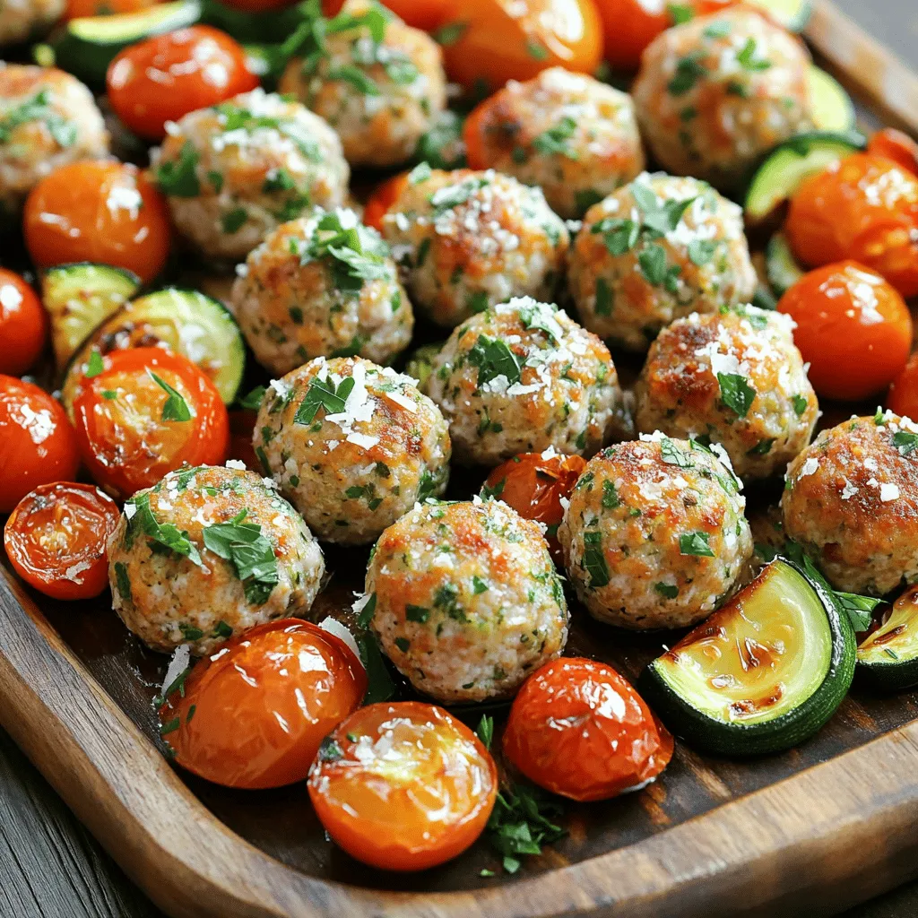 To make the perfect meatballs, start with these key ingredients: - 1 pound ground turkey - 1/2 cup breadcrumbs, preferably Italian seasoned - 1/4 cup freshly grated Parmesan cheese - 1/4 cup fresh parsley, finely chopped - 3 cloves garlic, minced - 1 large egg, lightly beaten These main ingredients provide a good balance of flavor and texture. The ground turkey is lean and helps keep the meatballs moist. The breadcrumbs bind everything together. Parmesan adds a deep, rich flavor, while parsley and garlic give freshness. Seasonings elevate the flavor of your meatballs. Here’s what you need: - 1 teaspoon dried oregano - 1 teaspoon dried basil - 1/2 teaspoon salt - 1/4 teaspoon freshly ground black pepper The oregano and basil add warmth and depth. Salt enhances all the flavors, while black pepper gives a slight kick. Use fresh herbs if you can; they have a brighter taste. Roasted veggies add color and nutrition. You will need: - 1 cup cherry tomatoes, halved - 1 cup zucchini, sliced into half-moons - 1 tablespoon olive oil - 1 tablespoon balsamic vinegar Cherry tomatoes are sweet and juicy, while zucchini has a mild taste. Olive oil helps them roast nicely, and balsamic vinegar adds a tangy touch. Tossing these veggies with the meatballs makes a tasty meal. First, heat your oven to 400°F (200°C). This high heat helps the meatballs cook and brown nicely. Next, grab a baking sheet and line it with parchment paper. This will make cleanup easy and stop the meatballs from sticking. In a large bowl, mix the ground turkey with breadcrumbs, Parmesan cheese, parsley, garlic, oregano, basil, salt, and black pepper. The egg helps bind the mix. I often use my hands for this part. Just make sure everything is mixed well, so each bite is tasty. Take a small amount of the turkey mix and roll it into a ball about 1.5 inches wide. I like to roll them gently in my palms to make them smooth. Spread the meatballs evenly on the sheet pan, leaving space between them. This helps them cook evenly. In a separate bowl, place the halved cherry tomatoes and sliced zucchini. Drizzle them with olive oil and balsamic vinegar. Sprinkle some salt and black pepper over the veggies. Toss them around until they are well coated. Spread the veggies around the meatballs on the pan. Now, place your sheet pan in the oven. Bake for 20-25 minutes. Keep an eye on the meatballs. Use a meat thermometer to check if they reach 165°F (74°C). The veggies should be soft and slightly caramelized. Once done, take the pan out and let it rest for a few minutes. This helps the flavors blend before serving. To get the best flavor, use fresh herbs like parsley. They add a bright taste. Mix the meatball ingredients well. This helps them stick together and makes a nice texture. Don't overwork the meat. Gently form the meatballs for a tender bite. Bake them until golden brown. This gives a nice crisp outside while keeping them juicy inside. You can swap ground turkey for lean ground beef or chicken. This will change the taste a bit but still work well. If you don’t have Italian breadcrumbs, plain ones are fine. Just add a bit more seasoning. For cheese, you can use mozzarella or Pecorino. If you want a vegan option, try using lentils or chickpeas instead of turkey. Serve the meatballs on a large, colorful platter. Add roasted veggies around them for a bright look. Garnish with fresh parsley and a sprinkle of Parmesan. This makes the dish pop. You can also drizzle a bit of balsamic vinegar over the top for extra flavor. For sides, consider serving with pasta or a fresh salad. These pair well with the meatballs and add variety to your meal. {{image_4}} You can switch up the ground turkey for ground chicken or lean beef. If you want a meatless option, try using lentils or chickpeas. You can also replace breadcrumbs with crushed crackers or oats. For a spicy kick, add red pepper flakes or diced jalapeños. Mixing in different cheeses, like feta or mozzarella, will add a creamy touch. Feel free to mix and match veggies based on what you like. Bell peppers add sweetness and color. Broccoli florets bring a nice crunch. You can also use carrots for a bit of earthiness. If you want something unique, try asparagus or cauliflower. Just remember to cut everything into similar sizes to ensure even cooking. Serve the meatballs on a bed of rice or pasta for a hearty meal. You can place them in soft pita bread for a fun twist. Drizzle them with marinara sauce or a tangy yogurt sauce for extra flavor. A sprinkle of fresh herbs like basil or cilantro will brighten up the dish. Don't forget a squeeze of lemon juice for a fresh finish! After enjoying your meal, let the meatballs cool. Place them in an airtight container. Seal it well to keep the flavors fresh. Store in the fridge for up to three days. If you have leftover veggies, store them in a separate container. This keeps everything tasty. When you are ready to eat, reheating is easy. Preheat your oven to 350°F (175°C). Place the meatballs and veggies on a baking sheet. Heat for about 10-15 minutes. Check that the meatballs are warm inside. You can also reheat them in the microwave. Use a microwave-safe dish and cover it. Heat in short bursts, checking often. If you want to save some for later, freezing works well. Place the cooled meatballs and veggies in a freezer bag. Squeeze out extra air before sealing. They can stay in the freezer for up to three months. When you're ready to eat them, thaw in the fridge overnight before reheating. This keeps the taste and texture just right. You can check if the meatballs are done by using a meat thermometer. They should reach 165°F (74°C). This ensures they are safe to eat. The outside should be golden and the inside firm. You can also cut one in half; it should be no longer pink. Yes, you can use ground chicken instead of turkey. Ground chicken has a similar texture and taste. It will still give you a tasty meatball. Just follow the same steps in the recipe. Garlic herb turkey meatballs pair well with many sides. You can serve them with pasta, rice, or a fresh salad. Roasted potatoes or crusty bread also make great options. Try adding a light sauce or gravy for extra flavor. Leftovers of garlic herb turkey meatballs last about 3 to 4 days in the fridge. Make sure to store them in an airtight container. This keeps them fresh and safe to eat later. Yes, you can prepare the meatballs ahead of time. Mix the ingredients and shape them into balls. Then, place them in the fridge for a few hours or overnight. You can also freeze them for later use. Just thaw before baking! This post covered making tasty meatballs and roasted veggies. I shared how to mix, shape, and cook the meatballs. You learned about ingredients, tips, and variations. These tips help you get great flavor and texture. Don’t forget to try different veggies and sauces for fun. Storing and reheating leftovers is easy with my advice. Now you’re ready to create a fun meal. Enjoy your cooking!
