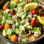 - 1 cup couscous - 1 1/4 cups vegetable broth or water - 1 medium cucumber, diced into small cubes - 1 cup cherry tomatoes, halved - 1/2 red onion, finely chopped - 1/2 cup Kalamata olives, pitted and sliced - 1/2 cup feta cheese, crumbled into small pieces - 1/4 cup fresh parsley, finely chopped - 2 tablespoons fresh mint, finely chopped - Zest and juice of 1 lemon The heart of this dish is couscous. It cooks fast and is light. Couscous absorbs flavors well. You can use regular or whole wheat couscous. Both options work great. Next, we have fresh vegetables. The cucumber adds crispness. Cherry tomatoes bring sweetness. Red onion adds a mild bite and color. Kalamata olives give a briny taste that pairs perfectly with the other ingredients. For herbs and cheese, feta cheese is a must. It adds creaminess and saltiness. Fresh parsley and mint add brightness and aroma. Together, they make the dish fresh and vibrant. - 3 tablespoons extra virgin olive oil - Salt and freshly ground pepper to taste - Zest and juice of 1 lemon Extra virgin olive oil is key for flavor. It coats the couscous and veggies. Salt and pepper enhance all the tastes. A good squeeze of lemon juice adds a zesty kick. These pantry staples combine with your fresh ingredients. They create a dish that is bright, tasty, and healthy. Each bite will remind you of sunny days by the Mediterranean Sea. Enjoy the process of bringing these flavors together! To start, bring 1 1/4 cups of vegetable broth to a boil in a medium pot. Once the broth bubbles, stir in 1 cup of couscous. Remove the pot from heat and cover it with a lid. Let it sit for 5 minutes. This allows the couscous to absorb all the liquid. After 5 minutes, take a fork and fluff the couscous. This separates the grains and makes it light. Let it cool for a few minutes while you prepare the other ingredients. In a large mixing bowl, combine the diced cucumber, halved cherry tomatoes, finely chopped red onion, and sliced Kalamata olives. Gently mix them together to blend the flavors. Next, grab a small bowl. Whisk together the lemon zest, lemon juice, extra virgin olive oil, salt, and freshly ground pepper. This dressing adds a zesty kick to the couscous. Once the couscous has cooled, add it to the bowl with the veggie mixture. Gently toss everything to mix. Ensure the ingredients are well combined. Now, pour the dressing over the couscous. Toss gently again so every bite gets that zesty flavor. Finally, fold in the crumbled feta cheese, chopped parsley, and mint. Distribute them evenly throughout the dish. Taste your couscous salad. Adjust the seasoning with more salt, pepper, or lemon juice as needed. Enjoy this bright, fresh dish! - Overcooking couscous: Couscous cooks quickly. If you leave it too long, it can become mushy. Stick to the five-minute resting time after boiling. This helps keep the grains fluffy and separate. - Not cooling couscous before mixing: Make sure to cool the couscous before adding it to your veggies. Hot couscous can wilt fresh ingredients. Let it sit for a few minutes after fluffing. - Adding more herbs or spices: To boost the flavor, add extra herbs. Fresh basil or dill can enhance the taste. You can also sprinkle in some red pepper flakes for a kick. - Adjusting lemon juice for zest: The lemon juice adds brightness. If you want more zing, try adding a bit more juice. You can also use lemon zest to bring out a stronger lemon flavor. {{image_4}} You can easily switch out ingredients in this dish. For cheese, consider using goat cheese instead of feta. Goat cheese adds a creamy texture and tangy flavor. This swap makes the dish unique and adds a new taste. For vegetables, feel free to use bell peppers instead of cucumbers. Bell peppers add crunch and sweet flavor. You can mix colors too. Red, yellow, and green peppers brighten the dish and make it more fun. To boost this dish's nutrition, add protein. Chickpeas work well and give a hearty texture. You can also use grilled chicken for a filling meal. Both options increase protein and keep you satisfied. Incorporating nuts or seeds adds crunch and healthy fats. Try adding toasted pine nuts or slivered almonds. They give a nice texture and flavor. Plus, they make the dish more interesting. Feel free to mix and match these ideas. Each swap or addition can change the dish's taste and health benefits. To keep your Lemon Herb Mediterranean Couscous fresh, store it in an airtight container. This keeps moisture out and helps maintain its flavor. Place the container in the fridge if you plan to save leftovers. It’s best to let the dish cool to room temperature before sealing it up. This prevents condensation buildup inside the container. This tasty couscous dish lasts about 3 to 5 days in the fridge. After that, it may start to lose quality. Look for signs of spoilage. If you see mold or an off smell, it’s time to toss it. Always trust your senses when deciding if food is still good. Enjoy this dish while it’s fresh for the best taste! To make Lemon Herb Mediterranean Couscous gluten-free, you can swap couscous for quinoa or rice. Both options work well. Quinoa adds protein, while rice gives a nice texture. Be sure to check labels, as some brands may contain gluten. Yes, you can prepare this recipe ahead of time. Make the couscous and mix the veggies. Store them in separate containers. This keeps everything fresh. Mix them together just before serving. This way, the flavors stay bright. Lemon Herb Mediterranean Couscous pairs well with many dishes. Grilled chicken or fish complements the flavors nicely. You can also serve it with roasted vegetables or a fresh salad. These options add great texture and taste. This recipe is great for meal prepping. Store portions in airtight containers. Keep it in the fridge for up to three days. To reheat, use a microwave or a skillet. Add a splash of olive oil for flavor. In this post, we explored how to make Lemon Herb Mediterranean Couscous. We covered the key ingredients, from couscous and fresh veggies to herbs and cheese. I outlined easy steps to prepare, mix, and bring it all together for great flavor. With some tips on avoiding common mistakes and fun variations, you can make this dish your own. Remember to store leftovers properly for the best taste. Enjoy your culinary adventure with this delicious and healthy meal!