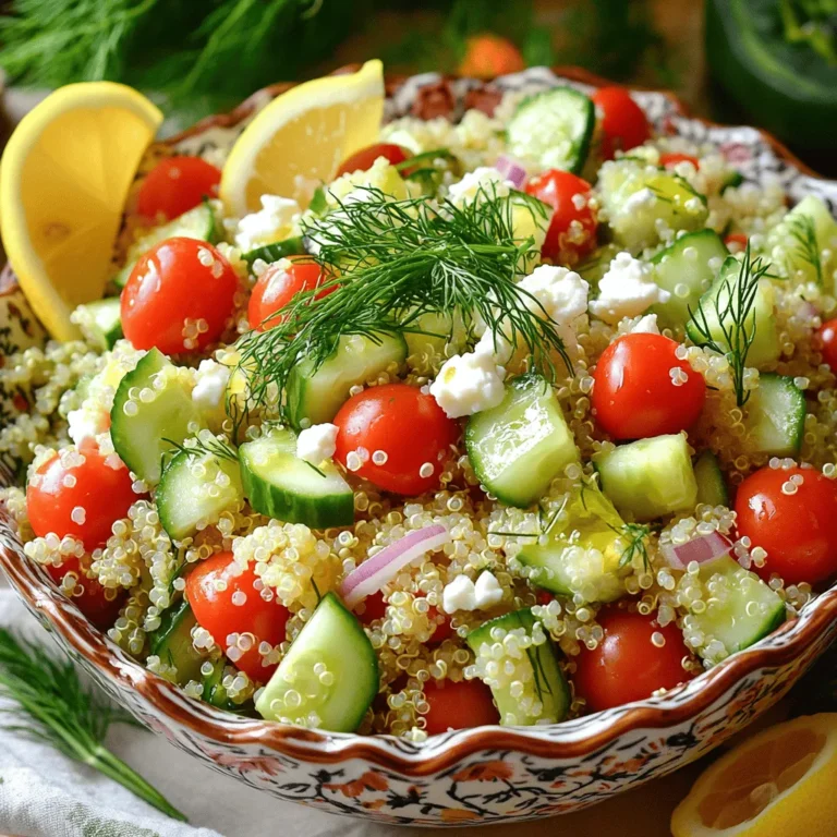 - 1 cup quinoa, thoroughly rinsed - 2 cups vegetable broth (or water for a lighter flavor) - 1 cup cherry tomatoes, halved - 1 cucumber, diced into small cubes - 1/4 red onion, finely chopped - 1/4 cup fresh dill, chopped - 1/4 cup feta cheese, crumbled (optional but adds a rich flavor) - 1/4 cup extra virgin olive oil - 3 tablespoons freshly squeezed lemon juice - Salt and pepper, to taste This Lemon Dill Quinoa Salad packs a nutritious punch. Each serving provides a balance of carbs, protein, and healthy fats. Quinoa is a complete protein, meaning it has all nine essential amino acids. One cup of cooked quinoa has about 220 calories, 8 grams of protein, and 5 grams of fiber. The fresh veggies add vitamins and minerals while keeping the salad low in calories. Feta cheese, if used, adds creamy flavor but increases the calorie count slightly. - Quinoa: This grain is gluten-free and full of protein. It keeps you full and satisfied. - Dill: This herb has antioxidants and may help digestion. It adds a fresh taste. - Lemon juice: High in vitamin C, it boosts your immune system and brightens flavors. - Cherry tomatoes: Packed with vitamins A and C, they add sweetness and color. - Cucumber: This veggie hydrates you and adds crunch. It's low in calories and high in water. Using these fresh, wholesome ingredients makes this salad a perfect choice for a light meal. To start, you need one cup of quinoa. Rinse it well under cold water. This step removes any bitter taste. Next, in a medium saucepan, add the rinsed quinoa and two cups of vegetable broth. You can use water if you prefer a lighter flavor. Heat the mixture on medium-high until it boils. Once it boils, lower the heat to a gentle simmer. Cover the saucepan and let it cook for 15 to 20 minutes. The quinoa will become fluffy, and most of the broth will absorb. After cooking, remove it from heat and let it cool for a few minutes. While the quinoa cools, it’s time to prep the veggies. Grab a large mixing bowl. Add one cup of halved cherry tomatoes, a diced cucumber, and a finely chopped red onion. I love adding fresh dill, so toss in a quarter cup of chopped dill. If you want a richer taste, crumble in a quarter cup of feta cheese. This adds a creamy texture that pairs well with the other ingredients. Now, let’s create a zesty dressing. In a small bowl, whisk together a quarter cup of extra virgin olive oil and three tablespoons of fresh lemon juice. Add salt and pepper to taste. This dressing brings all the flavors together. I recommend tasting it before mixing it into the salad. You can adjust the salt or lemon juice based on your preference. Once the quinoa has cooled slightly, fluff it with a fork. Add the quinoa to the bowl with the vegetables. Drizzle the dressing over the mixture. Gently toss everything together until all the ingredients are well-coated. Taste your salad to see if it needs more seasoning. For the best flavor, cover the bowl with plastic wrap and refrigerate for at least 30 minutes. This allows the flavors to blend beautifully. Enjoy your fresh and healthy Lemon Dill Quinoa Salad! To make fluffy quinoa, rinse it well before cooking. This removes the bitter coating called saponin. Use two parts liquid to one part quinoa. For a rich taste, use vegetable broth instead of water. Cook the quinoa until it absorbs the liquid and looks fluffy. Let it cool before mixing it into your salad. This keeps it from clumping together. Fresh herbs make this salad shine. I love using fresh dill for its bright flavor. Chop the dill finely for the best taste. You can also mix in parsley or mint for a twist. Always add herbs just before serving to keep them fresh. This simple step boosts the taste and makes your salad look vibrant. To elevate the flavor, use high-quality olive oil. A splash of lemon juice adds zing. Taste your salad before serving; adjust salt, pepper, or lemon juice as needed. If you want a creamier texture, add crumbled feta cheese. For extra crunch, toss in nuts or seeds. These small changes can turn a good salad into a great one! {{image_4}} Want to boost your Lemon Dill Quinoa Salad? Add protein! You can mix in cooked chicken, shrimp, or chickpeas. Each of these adds flavor and makes the salad heartier. If you want a quick option, canned chickpeas work great. Just rinse them and toss them in. For a warm touch, grill some chicken or shrimp and slice them before adding to the salad. This salad is easy to adapt for vegans and vegetarians. Just skip the feta cheese or replace it with a vegan alternative. Nutritional yeast is a good option for a cheesy flavor without dairy. You can also add some avocado for creaminess. This keeps the salad rich and satisfying while still being plant-based. Using seasonal vegetables can keep your salad fresh and exciting. In spring, try adding asparagus or peas. In summer, bell peppers and zucchini are great. In fall, roasted sweet potatoes add a warm touch. For winter, you can toss in some shredded carrots or Brussels sprouts. These swaps not only change the taste but also bring different colors to your plate. To keep your Lemon Dill Quinoa Salad fresh, store it in an airtight container. Make sure to let it cool first. Once it's cool, add it to the container and seal it tightly. This helps keep the flavors intact. If you have extra dressing, store it separately. This way, the salad won't get soggy. When stored correctly, the salad lasts up to three days in the fridge. I recommend eating it cold, as it tastes best that way. If you want to reheat, use a microwave but only for a short time. Heat in 20-second intervals to avoid overcooking the quinoa. Remember, reheating may change the texture a bit. This salad is perfect for meal prep. You can pack it in individual containers for easy lunches. Pair it with grilled chicken or fish for protein. It also makes a great side dish for barbecues or picnics. Garnish with extra dill or lemon wedges before serving for a fresh touch. To make Lemon Dill Quinoa Salad gluten-free, use quinoa as your base. Quinoa is naturally gluten-free. Always check for cross-contamination if you buy pre-packaged quinoa. Also, ensure your vegetable broth is gluten-free. Most brands are safe, but a quick check will ease your mind. Yes, you can use other grains like rice, bulgur, or farro. Each grain adds a unique flavor and texture. For a lighter option, try using cauliflower rice. Just note that cooking times will vary based on the grain you choose. Adjust your method and enjoy a new twist on this salad. This salad pairs well with grilled chicken, fish, or shrimp. It also works great as a side dish for roasted vegetables. You can serve it with a light yogurt dressing or a simple vinaigrette. For a complete meal, add some chickpeas or beans for extra protein. This blog post covered the key ingredients for a tasty Lemon Dill Quinoa Salad. We discussed how to cook quinoa, prepare veggies, and make a simple dressing. Tips on perfecting texture and enhancing flavor can make a difference. You can also add protein, adapt for vegan diets, or change veggies by the season. Proper storage helps keep leftovers fresh too. Overall, this salad is flexible, nutritious, and easy to make. Enjoy experimenting with your version!