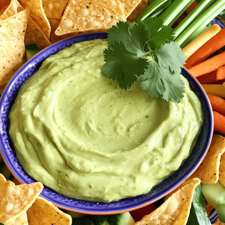 To make this creamy avocado lime ranch dip, gather the following items: - 2 ripe avocados - 1 cup plain Greek yogurt - 1/4 cup mayonnaise - 1 tablespoon freshly squeezed lime juice - 1 teaspoon garlic powder - 1 teaspoon onion powder - 1 teaspoon dried dill - 1/2 teaspoon sea salt - 1/2 teaspoon freshly cracked black pepper - 1/4 teaspoon smoked paprika - Fresh cilantro, finely chopped for garnish You can swap ingredients based on what you have. Here are some ideas: - Use sour cream instead of Greek yogurt for a tangy taste. - Replace mayonnaise with more Greek yogurt for a lighter dip. - Lime juice can be replaced with lemon juice for a different zing. - Fresh herbs like parsley can take the place of cilantro if you prefer. This dip serves 6-8 people. Each serving has approximately: - Calories: 100 - Protein: 3g - Fat: 8g - Carbohydrates: 6g - Fiber: 3g - Sodium: 200mg This creamy avocado lime ranch dip is not only tasty but also packed with nutrients. Avocados provide healthy fats, while Greek yogurt adds protein. Enjoy this dip guilt-free! Start by slicing the ripe avocados in half. Be careful as you remove the pit. Use a spoon to scoop out the soft, green flesh into a medium bowl. This is where the magic begins! Next, add one cup of plain Greek yogurt. This will make your dip creamy and rich. Then, measure out a quarter cup of mayonnaise and add it to the bowl. This adds even more creaminess. Now, squeeze one tablespoon of fresh lime juice over the mix. The lime will add a bright and zesty flavor. Sprinkle in one teaspoon of garlic powder and one teaspoon of onion powder for depth. Then, add one teaspoon of dried dill, half a teaspoon of sea salt, and half a teaspoon of freshly cracked black pepper. Finally, add a quarter teaspoon of smoked paprika for a hint of smokiness. Using a fork or a hand mixer, blend all the ingredients together. Mix until you see a smooth and creamy texture. It’s okay to leave some small chunks of avocado for texture. Taste your dip to see if it needs more seasoning. You can add a little more salt, pepper, or lime juice if you like. Once your dip tastes just right, transfer it to a nice serving bowl. To make it look pretty, sprinkle fresh cilantro on top. This adds a pop of color and freshness. For the best taste, cover the bowl with plastic wrap. Chill the dip in the fridge for at least 30 minutes. This helps the flavors blend together. Serve it with tortilla chips, veggie sticks, or crackers on the side. Enjoy the creamy and flavorful delight of your Avocado Lime Ranch Dip! To make the best avocado lime ranch dip, you need ripe avocados. Look for avocados that feel slightly soft when you press them gently. The skin should be dark green or almost black. If the skin is too green, the avocado may not be ripe yet. If it feels too mushy, it might be overripe. Store unripe avocados at room temperature until they soften. You can speed up ripening by placing them in a paper bag with a banana. You can customize the dip's flavor to fit your taste. If you like more spice, add a dash of hot sauce or more black pepper. For a zestier dip, squeeze more lime juice into the mix. Taste your dip as you go, so you get just the right flavor. This way, you can make it as mild or as bold as you like. Balancing flavors is key to a great dip. Avoid these common mistakes to ensure your dip shines. First, don’t skip the lime juice. It adds freshness and prevents the avocado from browning. Second, mix too much; you want some chunks for texture. Finally, be careful with salt. Start small and add more if needed. Remember, you can always adjust, but you can't take away. {{image_4}} To kick up the heat, add diced jalapeños or a splash of hot sauce. Start with one tablespoon of diced jalapeños. Mix it in with the other ingredients. Taste it, and add more if you want more spice. The extra heat pairs well with the creamy avocado. For a vegan twist, swap the Greek yogurt and mayonnaise for plant-based options. Use 1 cup of vegan yogurt and 1/4 cup of vegan mayo. This keeps the dip creamy while making it plant-based. You can also add a bit of nutritional yeast for a cheesy flavor. Experiment with other herbs and spices to make the dip your own. Try adding fresh chives or parsley for a fresh taste. You can also include diced tomatoes or peppers for sweetness and crunch. A little cumin or chili powder can give it a nice earthiness as well. Always taste as you go to find the perfect mix! After enjoying your Avocado Lime Ranch Dip, you may have some left. To store it, place the dip in an airtight container. Press plastic wrap directly onto the dip’s surface before sealing the lid. This helps keep it fresh and prevents browning. Store the container in the fridge. It will stay tasty for a few days. You can freeze this dip for future snacks! Use a freezer-safe container. Leave some space at the top because the dip expands when frozen. It’s best to freeze it without the cilantro garnish. You can add fresh cilantro when you thaw and serve the dip later. To thaw, place it in the fridge overnight before using. The dip can last in the fridge for about 3 to 5 days. If you notice any brown spots or an off smell, it’s best to throw it away. Always check for mold or a change in texture. If the dip looks or smells strange, don’t risk it. Enjoy your dip while it’s fresh for the best taste! Yes, you can make this dip ahead of time. I often prepare it a few hours before serving. It tastes even better after the flavors blend. Just store it in an airtight container in the fridge. This way, it stays fresh and ready for your guests. You have many great options to serve with this dip. Here are a few ideas: - Tortilla chips - Fresh veggie sticks like carrots and celery - Crunchy crackers - Pita bread or chips - Sliced bell peppers These pair well and add a nice crunch to the creamy dip. The dip lasts about 3 to 5 days in the fridge. Store it in an airtight container. If you see any brown spots on top, just stir it before serving. Keep an eye on its smell and texture, too. If it changes, it’s best to toss it out. We explored how to create a delicious Avocado Lime Ranch Dip. I shared key ingredients and substitutions. You learned preparation steps, mixing techniques, and final touches for serving. Tips helped you choose ripe avocados and adjust flavors. We also discussed exciting variations and smart storage methods. For questions, the FAQs will guide you on timing and pairings. Enjoy making your dip, and let it impress your friends at your next gathering!