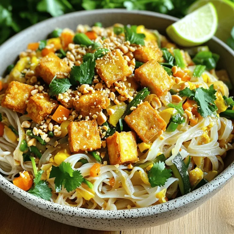 - 14 oz firm tofu, pressed and cubed - 8 oz rice noodles - 2 tablespoons cornstarch - 3 tablespoons vegetable oil (for frying) - 2 large eggs, lightly beaten - 1 cup bean sprouts - 3 green onions, chopped (white and green parts separated) - 1 medium carrot, julienned - 1/4 cup crushed peanuts - 3 tablespoons soy sauce - 1 tablespoon tamarind paste - 1 tablespoon sugar - 2 cloves garlic, minced - 1 tablespoon fresh lime juice - Fresh cilantro leaves for garnish - Lime wedges for serving You can add more veggies to your Pad Thai. Consider bell peppers or snap peas for extra crunch. If you like heat, try adding sliced red chili or chili paste. They bring a nice kick to the dish. For the best crispy tofu, choose firm or extra-firm tofu. These types hold their shape well during cooking. Press the tofu to remove excess water. This helps it crisp up nicely when frying. Look for tofu with a clean, simple ingredient list. Organic options are often best for flavor and health. Start by placing the rice noodles in a large mixing bowl. Pour boiling water over them. Let the noodles soak for about 15 minutes. You want them tender but still firm, which is called al dente. Once they are soft, carefully drain the water and set the noodles aside. Next, take the cubed tofu and place it in a mixing bowl. Lightly coat each piece with cornstarch. This step is key for a crunchy texture. Heat 3 tablespoons of vegetable oil in a large non-stick skillet over medium-high heat. Once hot, add the tofu cubes in a single layer. Fry them without moving for about 4-5 minutes. You want them golden brown and crispy. Once done, transfer the tofu to a plate lined with paper towels to soak up extra oil. Now, push the crispy tofu to one side of the skillet. Pour in the beaten eggs into the open space. Scramble them until they are fully cooked. Mix the eggs with the tofu in the skillet. Next, add minced garlic, julienned carrots, and the white parts of the green onions. Sauté for 2-3 minutes until the garlic smells good and the veggies are soft. Add the soaked noodles, bean sprouts, soy sauce, tamarind paste, sugar, and lime juice to the skillet. Toss everything gently to combine. Heat through for about 3-4 minutes. Finally, fold the crispy tofu back into the mix. Taste and adjust seasoning, maybe with more soy sauce or lime juice. Serve it all in deep bowls, garnishing with crushed peanuts, fresh cilantro, and lime wedges. Enjoy your beautiful Crispy Tofu Pad Thai! To get crispy tofu, you need to start with firm tofu. Press it to remove water, then cut it into cubes. Coat each piece lightly with cornstarch. This step is key for that crunchy texture. Heat vegetable oil in a skillet until hot. Fry the tofu in a single layer. Don’t crowd the pan; this lets the tofu get golden and crispy. Flip them gently to avoid breaking. Use a plate with paper towels to drain excess oil. To boost the flavor of your Pad Thai, consider adding a splash of lime juice. It adds brightness that enhances the dish. You can also try adding a bit of chili paste for heat. Mixing in fresh herbs like basil or mint can bring freshness. For a nutty flavor, sprinkle more crushed peanuts on top. Each addition can make your dish unique and delicious. Soak the rice noodles in boiling water. This keeps them tender but firm. After soaking, drain and set aside. When cooking vegetables, sauté them until they are soft but still crisp. Start with garlic for flavor before adding carrots and green onions. This method brings out the best taste and texture. Combine the noodles and veggies carefully to keep the noodles intact. This way, every bite will be flavorful and enjoyable. {{image_4}} You can easily make this dish vegetarian or vegan. For a vegetarian option, keep the eggs in the recipe. If you want a vegan version, skip the eggs or use a tofu scramble instead. You can also add more veggies like bell peppers or zucchini for extra nutrition and flavor. To make this Pad Thai gluten-free, use rice noodles, which are naturally gluten-free. Swap soy sauce for tamari, a gluten-free alternative. Ensure that your tamarind paste and any other sauces are gluten-free as well. This way, you can enjoy all the taste without any worries. You can add other proteins to boost your meal. Grilled chicken, shrimp, or tempeh work great. If you want to keep it plant-based, consider chickpeas or edamame. These options add flavor and make the dish more filling. Choose what you love best and make it your own! To store your leftover Crispy Tofu Pad Thai, let it cool first. Place it in an airtight container. This keeps the flavors fresh and the tofu crispy. You can store it in the fridge for up to three days. If you want to enjoy it later, consider freezing it. When you're ready to eat, you can reheat it easily. The best way is to use a skillet. Heat it over medium heat and add a splash of water to keep it moist. Stir often until it’s warmed through. If you use a microwave, cover the dish to keep the steam in. Heat for one minute and check if it's hot. Stir and heat again if needed. If you want to freeze your Pad Thai, it’s simple. Make sure it cools completely first. Place it in a freezer-safe container or a heavy-duty freezer bag. This dish can last up to two months in the freezer. When you want to enjoy it again, thaw it overnight in the fridge before reheating. Yes, you can! While rice noodles are classic for Pad Thai, you can try other noodles. For a gluten-free option, use rice vermicelli or even zucchini noodles. They will add a fresh twist. Just remember to check the cooking times, as they vary. To add heat, you can mix in some red pepper flakes or sliced fresh chili. You can also use sriracha sauce or chili paste when cooking. Adjust the spice to match your taste. Start small, so you don’t overpower the dish. If you don’t have tamarind paste, you can use lime juice mixed with a bit of brown sugar. This mix gives a similar sweet and sour taste. Another option is to use vinegar with sugar. It won't taste the same, but will still be tasty! To make this dish nut-free, simply skip the crushed peanuts. You can add sunflower seeds or pumpkin seeds for some crunch. These seeds give a nice texture without the nuts. Always check that your sauces are also nut-free. This article covered all you need to know about making delicious Pad Thai. We discussed key ingredients, from main ones to flavorful variations. You learned step-by-step instructions to prepare noodles and achieve crispy tofu. Tips and tricks were shared to enhance taste and texture. We also explored storage methods for leftovers. Making your Pad Thai can be fun and tasty. Use these steps to create your perfect dish every time. Happy cooking!