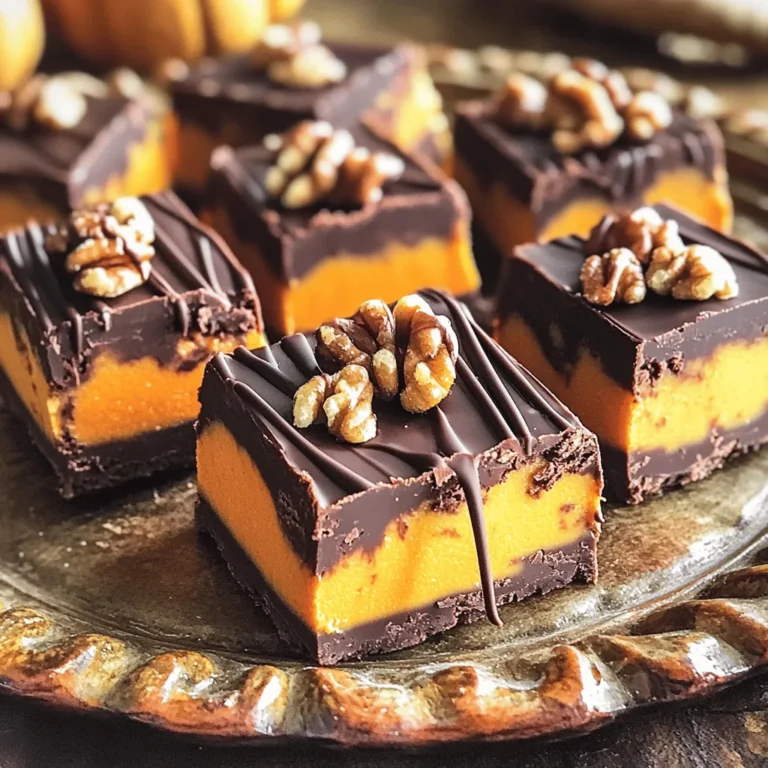 - 1 cup creamy peanut butter - 1 cup canned pumpkin puree - 1/2 cup pure maple syrup - 1 teaspoon pure vanilla extract - 1 cup unsweetened cocoa powder - 1/2 teaspoon ground cinnamon - 1/4 teaspoon ground nutmeg - 1/4 teaspoon sea salt - 1/2 cup dark chocolate chips - 1/4 cup finely chopped walnuts or pecans (optional) Gathering the right ingredients is key for a tasty treat. I love using creamy peanut butter for a smoother texture. Canned pumpkin puree gives the fudge a rich flavor and a lovely orange hue. Pure maple syrup adds sweetness and pairs well with the cocoa. When it comes to flavor, vanilla extract is a must. It enhances the overall taste. The unsweetened cocoa powder gives that deep chocolate flavor we all crave. Don’t forget the spices! Ground cinnamon and nutmeg add warmth and depth to the fudge. The sea salt helps balance the sweetness. Finally, dark chocolate chips make every bite special. If you want extra crunch, add chopped walnuts or pecans. They are optional but so good! With these ingredients, you are ready to create a delightful fudge that will impress everyone. - In a large mixing bowl, combine 1 cup of creamy peanut butter, 1 cup of canned pumpkin puree, and 1/2 cup of pure maple syrup. - Whisk the mix until it is smooth and uniform. You want it to blend well without lumps. This base gives your fudge a rich flavor. - Next, add 1 teaspoon of pure vanilla extract, 1 cup of unsweetened cocoa powder, 1/2 teaspoon of ground cinnamon, 1/4 teaspoon of ground nutmeg, and 1/4 teaspoon of sea salt to the bowl. - Mix thoroughly until everything is fully combined. The texture should be velvety and inviting. If you love chocolate, this is the moment you’ll appreciate it! - Gently fold in 1/2 cup of dark chocolate chips and 1/4 cup of finely chopped walnuts or pecans if you want some crunch. This adds texture and extra flavor to your fudge. - Line an 8x8-inch square baking dish with parchment paper. Leave some paper hanging over the sides. This will help you lift the fudge out later. - Carefully pour the fudge mixture into the dish. Use a spatula to spread it evenly across the surface. It’s important to get an even layer for a nice finish. - Cover the dish with plastic wrap or a lid and refrigerate for at least 2 hours. You want it to be firm to the touch. - Once the fudge is set, lift it from the dish using the overhanging parchment paper. Cut it into small squares with a sharp knife. Each square will be a tasty treat! To get smooth fudge, start by mixing peanut butter and pumpkin well. Use a whisk or spatula for the best results. Make sure there are no lumps. When adding cocoa powder, mix it in slowly to avoid clumps. This helps keep the texture velvety. For the dry ingredients, sprinkle them in gradually. This makes it easier to combine. Mix thoroughly after each addition. The fudge will be creamy if done right. For plating, use a nice platter to show off your fudge. Cut the fudge into neat squares to make it look appealing. A drizzle of warm melted chocolate adds a rich touch. It’s easy to do—just melt some chocolate and pour it over the fudge. Add chopped nuts on top for crunch and color. Walnuts or pecans work great here. This not only enhances the look but also adds flavor. A sprinkle of cinnamon can also add a nice touch. {{image_4}} This fudge can easily fit into special diets. For a gluten-free option, check your cocoa powder and maple syrup for gluten. Both are usually safe. If you want a vegan treat, use maple syrup and ensure your chocolate chips are dairy-free. For sugar substitutes, try using agave nectar or stevia. These options can cut the sugar while keeping the fudge sweet. You can spice up your fudge with more flavors. Adding a pinch of cardamom or ginger gives it a warm kick. These spices pair well with pumpkin. If you want to mix up the nut butter, almond or cashew butter works great, too. You can also add flavor extracts like almond or hazelnut for a new twist. Let your taste buds lead the way! To keep your Chocolate Peanut Butter Pumpkin Fudge fresh, wrap it well. Use plastic wrap or foil. This helps prevent air from drying it out. You can also place it in an airtight container. A glass or plastic container works great. How long does the fudge last in the fridge? If stored right, it can last up to two weeks. The cool, dark spot in your fridge is best for storing it. You can also freeze the fudge for longer storage. Just cut it into squares and place it in a freezer-safe bag. It can last up to three months in the freezer. To enjoy, simply thaw it in the fridge overnight. Yes, you can use crunchy peanut butter. It adds a nice texture. The fudge may be a bit grainy but still tasty. The fudge is set when it feels firm to the touch. You can also insert a toothpick; it should come out clean. Yes, you can use honey or agave syrup. Just keep in mind that it may change the flavor a bit. If you lack dark chocolate chips, use milk chocolate or white chocolate chips. Each will add a unique taste to the fudge. To make the fudge nut-free, simply skip the chopped nuts. Ensure your peanut butter is made in a nut-free facility for safety. This blog post covered a simple fudge recipe using peanut butter and pumpkin. You learned how to mix, flavor, and chill your fudge for a tasty treat. Key tips ensured you get the right texture and great presentation. Overall, feel free to get creative with flavors and storage. Enjoy making this fudge for yourself and others. It’s fun, easy, and delicious! Try out the variations for even more tasty options.