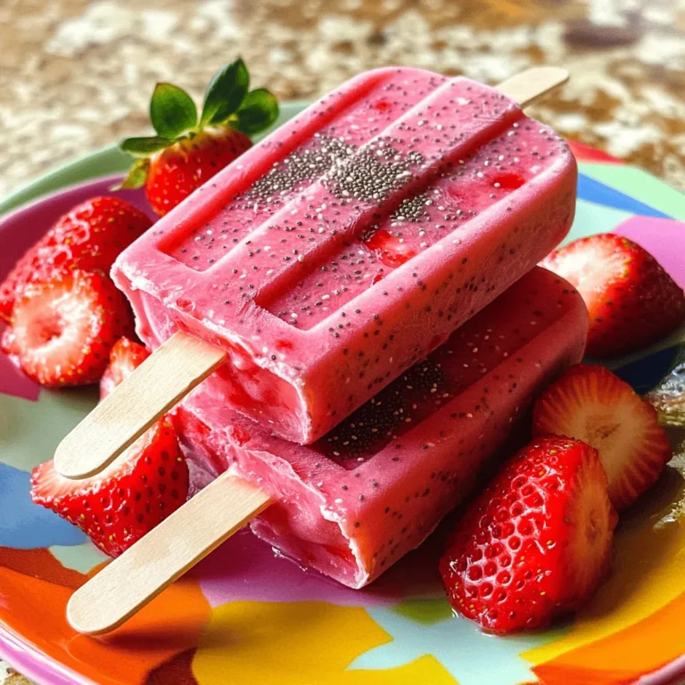 When making Strawberry Coconut Chia Popsicles, you need fresh and simple ingredients. Each item adds flavor and nutrition to your treat. Here’s what you will need: - 2 cups fresh strawberries, hulled and sliced - 1 cup canned coconut milk - 2 tablespoons honey or maple syrup - 1/4 cup chia seeds - 1 teaspoon pure vanilla extract - Pinch of sea salt Fresh strawberries bring sweetness and bright color. Canned coconut milk adds a creamy texture. You can choose honey or maple syrup based on your taste. Chia seeds give the popsicles a fun crunch and nutrients. Vanilla extract enhances the overall flavor, while sea salt balances everything. Each ingredient plays a key role in making these popsicles delicious and healthy. To start, grab your blender. Add 2 cups of hulled and sliced strawberries. Pour in 1 cup of canned coconut milk. Blend this mixture on high speed until it is smooth and creamy. You want no chunks of strawberry left. Next, add 2 tablespoons of honey or maple syrup. This sweetens the pops. Then, include 1 teaspoon of pure vanilla extract and a pinch of sea salt. Blend again until everything is mixed well. You should have a uniform, delicious base. Now, transfer your blended mixture to a large bowl. It's time to stir in 1/4 cup of chia seeds. Make sure they are evenly spread through the liquid. Mix well to avoid clumping. Allow the mixture to rest for about 10 minutes. This lets the chia seeds absorb liquid and swell. After resting, give it another good stir to keep everything well mixed. Next, carefully pour the mixture into your popsicle molds. Fill each mold almost to the top. Leave a small gap at the top for expansion as they freeze. Now, insert popsicle sticks into the molds. Make sure each stick is centered. This will help with easy handling later on. Place the molds in the freezer. Let them freeze for at least 4 to 6 hours. They need to be completely solid before you remove them. When you are ready to enjoy your popsicles, run warm water over the outside of the molds for a few seconds. This helps release the popsicles. Gently pull them out without breaking. Enjoy your tasty treat! How to Avoid Clumping of Chia Seeds To prevent clumping, mix the chia seeds into the blended fruit and coconut milk slowly. Stir well after adding them to ensure even distribution. If you notice clumps, use a whisk to break them up. This helps keep your popsicles smooth and creamy. Resting Technique for Ideal Consistency Let the mixture rest for about 10 minutes after mixing in the chia seeds. This time allows the seeds to absorb some liquid and swell. Stir again after resting to ensure the seeds are spread evenly. This step is key for the perfect gel-like texture. Presentation Tips Serve your popsicles on a vibrant plate for a fun look. You can place them upright in a cup or lay them down with spacing. This makes them easy to grab and adds color to your table. Garnishing Ideas Garnish with fresh strawberry slices or a sprinkle of coconut flakes. These additions make your popsicles more enticing. You can also drizzle a bit of honey or maple syrup on top for a sweet touch. Nutritional Advantages of Ingredients These popsicles are packed with vitamins and minerals. Strawberries provide vitamin C and antioxidants. Coconut milk adds healthy fats, while chia seeds are full of fiber and protein. This treat is not only tasty but also nutritious. Why Chia Seeds are Beneficial Chia seeds are a superfood. They help keep you full longer and support digestion. They also provide omega-3 fatty acids, which are good for heart health. Adding these seeds to your popsicles makes them a smart choice for a snack. {{image_4}} You can easily change up the flavors in your strawberry coconut chia popsicles. Adding other fruits can bring new tastes. For instance, try adding mango or pineapple. These fruits pair well with strawberries and coconut. Blend them in with your base for a tropical twist. You will enjoy a sweeter and tangier flavor. Incorporating herbs can also make these popsicles exciting. Mint is a great choice. It adds a cool, refreshing taste that works well with strawberries. Just a few mint leaves blended in will do. You can also experiment with basil for a unique touch. If you need a dairy-free option, this recipe is already great! The canned coconut milk is a perfect substitute. It gives a rich, creamy texture without dairy. You can enjoy these popsicles guilt-free. For sugar variations, consider using stevia or agave. Both sweeteners work well in this recipe. They can replace honey or maple syrup easily. Adjust the amount to your taste. This way, you can control the sweetness and keep it healthy. You can turn your popsicles into smoothie bowls. Simply chop the popsicles into pieces and blend them with yogurt. Top with fresh fruits, nuts, and seeds for a fun breakfast or snack. Making popsicle sandwiches is another fun idea. Take two popsicles and place a cookie in the middle. It creates a tasty treat that kids love. Use soft cookies for the best experience. Enjoy these creative options to make your popsicles even more delightful! To freeze your popsicles effectively, use a sturdy popsicle mold. Fill each mold with the mixture, leaving space at the top. This space allows for expansion as they freeze. Place the lids on, if available, to keep out any odors from the freezer. To prevent freezer burn, wrap the molds in plastic wrap before freezing. This adds an extra layer of protection. You can also store the popsicles in a freezer-safe bag. Squeeze out any extra air before sealing. These strawberry coconut chia popsicles can last in the freezer for about two months. For the best taste and texture, enjoy them within the first month. Look for signs of spoilage, like ice crystals on the surface or a change in color. If the popsicles look dry or have an off smell, it’s best to toss them. When you’re ready to enjoy your popsicles, thaw them for a few minutes at room temperature. This method helps maintain their texture. You can also run warm water over the outside of the molds for quicker removal. Avoid thawing in the microwave. It can make your popsicles lose their creamy texture. This will leave you with a mushy treat instead of a refreshing bite. To make these popsicles vegan, simply swap honey for maple syrup. Maple syrup is a great choice and keeps the sweetness. The other ingredients, like strawberries and coconut milk, are already vegan. You will have a delicious treat that everyone can enjoy, no matter their diet. Yes, you can use frozen strawberries. However, this may change the texture. Frozen strawberries can make the popsicles a bit more watery. To fix this, you may need to add a little less coconut milk. The flavor will still be sweet and fruity, which is a bonus. No popsicle molds? No problem! You can use small cups instead. Fill them with the mixture and add sticks. You can also use ice cube trays for mini popsicles. Just remember to cover them with plastic wrap to hold the sticks in place. This way, you still get to enjoy your tasty treat! You now have a clear path to making delicious strawberry coconut chia popsicles. We covered all the essentials, from ingredients to mixing techniques and freezing tips. Remember, you can explore fun variations by adding different fruits or herbs. Storage matters too, so follow the best practices to keep your popsicles fresh. Enjoy these treats not just for their taste but also for their health benefits. Dive into this sweet, nutritious treat, and make it your own!