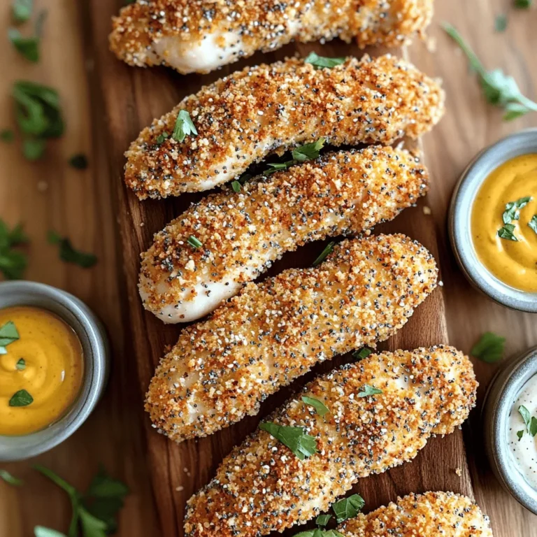 - 1 pound chicken tenders - 1 cup buttermilk or plain yogurt - 1 cup panko bread crumbs - 1/2 cup all-purpose flour - 2 tablespoons everything bagel seasoning - 1/2 teaspoon garlic powder - 1/2 teaspoon onion powder - Salt and freshly ground black pepper - Cooking spray Using fresh ingredients is key. Chicken tenders are tender and cook fast. Buttermilk adds moisture and flavor. If you want a tangy twist, use plain yogurt. Panko bread crumbs give a light and crispy crunch. They work better than regular bread crumbs. All-purpose flour helps the coating stick. The seasonings bring everything to life. Everything bagel seasoning has garlic, onion, and sesame flavors. Garlic powder and onion powder add more depth. Don't forget to add salt and pepper to taste. Lastly, cooking spray helps the tenders brown and crisp in the air fryer. Gather these ingredients, and you're ready for a tasty meal! - Combine chicken tenders with buttermilk. - Cover and refrigerate for at least 30 minutes. Marinating the chicken is key. Buttermilk tenderizes the meat. It adds moisture and flavor. You can use plain yogurt if you want a tangy twist. Just cover the bowl and let it chill. - Set up panko and seasoning mixture. - Place flour in a separate shallow dish. Next, set up your breading station. In one dish, mix panko with everything bagel seasoning, garlic powder, onion powder, salt, and pepper. In another dish, add plain flour. This setup makes it easy to coat the chicken. - Dredge in flour, dip in buttermilk, and coat with panko. - Ensure even coating by pressing mixture onto chicken. To coat the tenders, first, dredge them in flour. This helps the buttermilk stick. After that, dip the chicken back in the buttermilk. Finally, press each tender into the panko mix. Make sure every part is coated well for a crunchy finish. - Preheat to 400°F (200°C) for 5 minutes. Preheating the air fryer is important. It helps achieve that golden brown color. Set it to 400°F (200°C) and wait about 5 minutes. This step ensures the chicken cooks evenly. - Spray air fryer basket with cooking spray. - Arrange tenders in a single layer and lightly spray tops. Now, spray the air fryer basket with cooking spray. This prevents sticking. Place the chicken tenders in a single layer. Make sure they aren't crowded. A light spray on top helps them brown beautifully. - Cook for 10-12 minutes, flipping halfway. - Check for golden brown and internal temperature of 165°F (75°C). Cook the tenders for 10-12 minutes. Flip them halfway through for even cooking. They should turn golden brown and reach an internal temperature of 165°F (75°C). Use a meat thermometer to check for doneness. Marinating the chicken is key. It helps keep the meat juicy. Use buttermilk for the best result. A marinating time of at least 30 minutes is ideal. This will allow the chicken to soak in the flavor. For the coating, choose panko bread crumbs. They create a nice, crisp texture. Regular bread crumbs can work, but they won’t give you the same crunch. Panko is lighter and flakier, which makes the chicken tenders more appealing. To achieve an even golden brown, use cooking spray. Lightly spray the basket before adding chicken. This helps avoid sticking. After placing the tenders, spray the tops again. This step promotes browning and crispiness. Be sure not to overcrowd the basket. This allows hot air to move freely. More air means better cooking and crisping. If needed, cook in batches for the best crunch. These chicken tenders shine with great dips. Try honey mustard or ranch dressing for a classic pairing. You can also serve them with a spicy aioli for a kick. For a pop of color, garnish with fresh herbs. Chopped parsley or chives look great on the plate. This adds flavor and makes your dish more inviting. Enjoy your meal! {{image_4}} You can spice up your chicken tenders by adding herbs or spices. Mix in some paprika for a smoky kick or a pinch of cayenne for heat. Try fresh herbs like parsley or dill to bring freshness to the dish. You can also swap out the everything bagel seasoning for a different blend, like taco seasoning or Italian herbs, to create a unique flavor profile. If you want to use chicken breasts instead of tenders, it works great. Just cut the breasts into strips. They will still cook evenly and taste fantastic. You can also use turkey tenders for a leaner option. For plant-based eaters, try using tofu or tempeh. Just marinate and coat them as you would with chicken. If you'd like a lighter option, consider baking instead of air frying. Preheat your oven to 400°F (200°C) and bake on a lined sheet for about 15-20 minutes. Another option is to use low-fat yogurt instead of buttermilk. This swap keeps the chicken moist while cutting down on fat. To keep your chicken tenders fresh, store them in an airtight container. This prevents moisture loss and keeps them tasty. You should eat your leftover tenders within 3 days for the best flavor and safety. When reheating, you want to keep that crunch. The air fryer is best for this. Set it to 375°F (190°C) and heat for about 5 to 7 minutes. This helps revive the crispy texture. The microwave can make them soft and soggy, so avoid it if you can. To freeze your cooked tenders, let them cool completely first. Place them in a freezer-safe bag, removing as much air as possible. They can last up to 3 months in the freezer. When you’re ready to eat, thaw them in the fridge overnight. This keeps them juicy and tasty. Yes, you can use regular chicken breasts. Just cut them into strips. This will help them cook evenly. Tenders are smaller, which means they cook faster. Chicken breasts take a bit longer. Make sure to check their doneness. Check the chicken's internal temperature. It should reach 165°F (75°C). You can use a meat thermometer for this. Also, look for a golden brown color on the outside. The juices should run clear when you cut into it. These chicken tenders pair well with many sides. Try serving them with a fresh salad. You can also add baked potatoes or sweet potato fries. They go great with coleslaw too. Don't forget a side of veggies for balance! Yes, you can prep these tenders in advance. Marinate the chicken and coat it in the breading. Store them in the fridge until you’re ready to cook. This helps save time on busy days. Just cook them when you're ready for a tasty meal. There are many tasty dips to try! Honey mustard is a favorite choice. Ranch dressing also works well. You might like barbecue sauce or spicy ketchup. For a twist, try a yogurt dip with herbs. Each option adds a fun flavor! This blog post offers a simple way to make crispy chicken tenders. We covered the key ingredients, from marinating in buttermilk to using panko for crunch. I shared tips for perfecting the cook and even gave you variations to try. Whether you stick to the classic or explore alternatives, you can enjoy a tasty meal. Remember, the key lies in the details—cook with focus, and you'll serve up something great every time. Enjoy your cooking adventure!