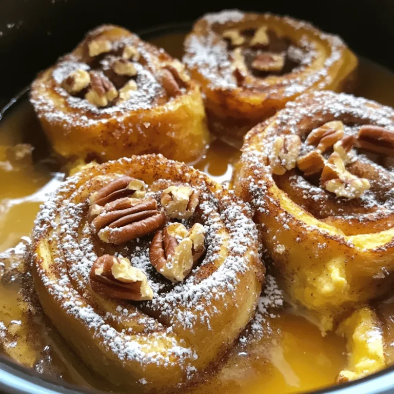 - 1 can (16 oz) refrigerated cinnamon rolls, cut into quarters - 6 large eggs - 1 cup whole milk - 1 teaspoon pure vanilla extract - 1 teaspoon ground cinnamon - 1/2 teaspoon ground nutmeg - 1/2 cup pure maple syrup - 1/2 cup chopped pecans (optional for added texture) - 1/2 cup powdered sugar (for drizzling) You can add 1/2 cup of raisins or chocolate chips. Both bring sweetness and chewiness. For a twist, try adding orange zest for a bright flavor. It pairs well with the cinnamon. For a lighter dish, use egg whites instead of whole eggs. Almond milk works as a great low-calorie milk substitute. If you want to reduce sugar, you can use a sugar substitute like stevia or monk fruit. These swaps keep the taste while making it healthier. Start by greasing the inside of your slow cooker. You can use cooking spray or butter. This step keeps the dish from sticking. A well-greased pot makes serving much easier. Don’t skip this part! In a large bowl, whisk together six large eggs. Add in one cup of whole milk. Then, mix in one teaspoon of pure vanilla extract. Next, add one teaspoon of ground cinnamon and half a teaspoon of nutmeg. Make sure to blend it all until smooth. This mixture gives the dish its rich flavor. Open the can of cinnamon rolls. Cut each roll into quarters. Layer these pieces evenly at the bottom of the greased slow cooker. Pour the egg mixture over the cinnamon roll pieces. Ensure that every piece is well-coated. Gently press down on the rolls. This helps them soak up the egg mixture. Drizzle half a cup of pure maple syrup over the top. If you want, sprinkle half a cup of chopped pecans for some crunch. Cover the slow cooker with its lid. Cook on low for about four hours. Check for doneness with a toothpick. It should come out clean when the center is set. After cooking, turn off the slow cooker. Let it cool for a few minutes before serving. Drizzle powdered sugar over the top for a sweet finish. Enjoy your warm, gooey treat! To keep your Slow Cooker Cinnamon Roll French Toast from sticking, grease the pot well. Use cooking spray or butter on the inside. Make sure to coat all sides. This step is key. It helps the cinnamon rolls lift out easily once cooked. To soak the cinnamon rolls evenly, layer them flat in the slow cooker. Cut each roll into quarters and spread them out. Pour the egg mixture over them slowly. Press down gently to help the rolls absorb the egg. This ensures every piece gets that rich flavor. Serve your French toast with fresh fruit on the side. Berries or sliced bananas add color and taste. You can also add crispy bacon or sausage for a savory touch. Drizzle extra maple syrup over the top for sweetness. A dollop of whipped cream makes it feel special. Enjoy it warm to get the full flavor! {{image_4}} One fun way to change this dish is by adding seasonal flavors. For fall, try a pumpkin spice version. Just add 1 cup of pumpkin puree to the egg mixture. Also, include 2 teaspoons of pumpkin pie spice instead of cinnamon. This twist brings warmth and comfort to your breakfast table. You can also play with toppings and mix-ins to make this dish your own. Try adding fresh berries, like blueberries or strawberries, on top after cooking. They add a nice tartness. You could also swap the pecans for walnuts or almonds for a different crunch. For extra sweetness, drizzle chocolate syrup on top. If you have dietary needs, don’t worry! You can make this dish gluten-free by using gluten-free cinnamon rolls. Many brands offer tasty options that work well. For a dairy-free version, swap whole milk with almond or oat milk. Use a dairy-free cream cheese frosting in place of powdered sugar for a rich finish. These adjustments keep the dish delicious for everyone! To keep your Slow Cooker Cinnamon Roll French Toast fresh, store it in an airtight container. Make sure it cools down completely before you put it away. This dish can last in the fridge for up to three days. If you want to keep it longer, freezing is a great option. When you are ready to enjoy leftovers, reheating is simple. Place the desired portion on a microwave-safe plate. Heat it in the microwave for about 30 seconds to 1 minute. Check if it’s warm enough. You can also reheat it in the oven at 350°F for about 10-15 minutes, covered with foil. If you want to freeze your Slow Cooker Cinnamon Roll French Toast, cut it into portions first. Wrap each piece tightly in plastic wrap, then place them in a freezer bag. It can stay in the freezer for up to two months. To enjoy, simply thaw in the fridge overnight before reheating. Yes, you can use frozen cinnamon rolls. Just thaw them first. Cut the rolls into quarters, as you would with fresh ones. This will help them soak up the egg mixture better. Keep in mind that cooking time may vary slightly. To check if it’s done, insert a toothpick into the center. If it comes out clean, it is ready. You should see that the center is no longer jiggly. The edges may brown slightly, which is normal. You can serve this dish with fresh fruit, like berries or bananas. Whipped cream adds a nice touch too. A drizzle of extra maple syrup can make it even sweeter. If you want more crunch, add crispy bacon or sausage on the side. You can make a delicious Slow Cooker Cinnamon Roll French Toast with just a few simple steps. Start with the right ingredients and layers them well. Use tips to avoid sticking and get even soaking. Explore fun variations to suit your tastes. Lastly, store any leftovers properly for later enjoyment. This dish is easy, fun, and sure to please everyone at your table. Enjoy cooking and sharing this delightful treat!