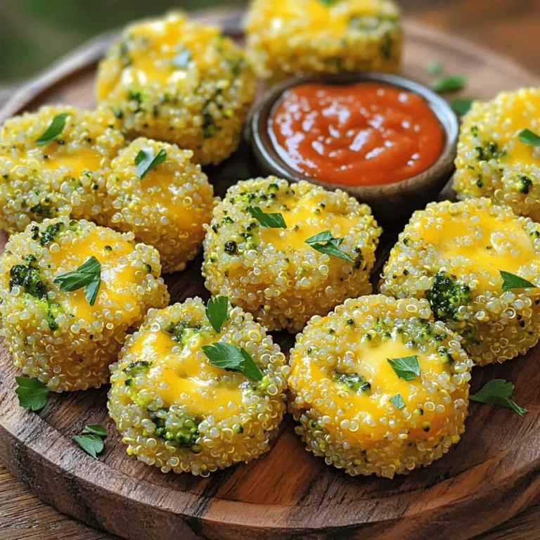 - 1 cup cooked quinoa - 1 cup finely chopped broccoli florets - 1 cup shredded sharp cheddar cheese - 2 large eggs - 1/2 cup breadcrumbs (or almond flour) - 1/4 cup grated Parmesan cheese - 1/2 teaspoon garlic powder - 1/2 teaspoon onion powder - 1/4 teaspoon cayenne pepper for added heat For these Broccoli Cheddar Quinoa Bites, you'll need a solid base of cooked quinoa. This helps keep the bites together and adds protein. Next, finely chopped broccoli florets bring a nice crunch and flavor. Sharp cheddar cheese gives these bites their rich, cheesy goodness. To bind everything, you use two large eggs. They help hold the mixture together. Breadcrumbs or almond flour act as a great binder too. I often choose almond flour for a gluten-free option. A sprinkle of Parmesan cheese adds a salty kick. You can also customize your bites with optional ingredients. Garlic powder and onion powder deepen the flavor. If you like some heat, add a dash of cayenne pepper. This gives a little spice that balances well with the cheese. - Preheat the oven to 375°F (190°C). - Grease the muffin tin with olive oil. Start by getting your oven ready. Preheating it helps cook the bites evenly. While the oven warms up, take a muffin tin and lightly coat each cup with olive oil. This step keeps the bites from sticking. - Combine quinoa, broccoli, cheddar, and Parmesan. - Incorporate eggs into the mixture. Next, grab a large mixing bowl. Add the cooked quinoa, finely chopped broccoli, and both the sharp cheddar and Parmesan cheeses. Mix these well until they are evenly combined. Crack the large eggs into this mixture and stir until they blend in nicely. The eggs act as a binder, helping hold everything together. - Add breadcrumbs and seasonings. - Shape the bites and place them in the muffin tin. - Bake for 20-25 minutes until golden brown. Now it’s time to add the breadcrumbs and seasonings. Sprinkle in the breadcrumbs (or almond flour), garlic powder, onion powder, and a dash of salt and pepper. If you like a bit of heat, add cayenne pepper too. Stir until the mixture is thick and well combined. Scoop out small portions of the mix and shape them into bite-sized balls or patties. Place each one into the greased muffin tin, filling each cup about three-quarters full. Put the muffin tin in the oven and bake for about 20-25 minutes. You’ll know they’re ready when they turn a lovely golden brown. Enjoy the smell as they bake! - Make sure your quinoa is fully cooked before mixing it. Rinse it well and let it cool. This step helps keep the bites from becoming too mushy. - Taste your mixture before baking. Feel free to adjust the seasoning. Add more salt, pepper, or even some cayenne for heat. This makes a big difference in flavor. - For a nice look, arrange the quinoa bites on a colorful platter. Fresh parsley adds a bright touch. - Serve with a small bowl of marinara sauce or yogurt dip. These dips enhance the bites and add fun flavors. - To avoid soggy bites, ensure you do not add too much liquid. Keep the moisture in check. - For crispy bites, bake them until golden brown. Check them around the 20-minute mark. Avoid overbaking, or they may become dry. Adjust the baking time based on your oven. {{image_4}} You can easily modify this recipe to fit your needs. For a gluten-free option, use almond flour instead of breadcrumbs. This keeps the bites tasty and light. Almond flour adds a nutty flavor that works well with the dish. If you want to make these bites vegan, swap out the eggs and cheese. You can use flax eggs in place of eggs. For cheese, try using nutritional yeast. This gives a cheesy flavor without dairy. Don't be afraid to get creative with flavors! You can add different cheeses to the mix. Try mozzarella for a milder taste or pepper jack for some heat. Mixing in other vegetables can also change things up. Spinach and bell peppers are great choices. They add color and nutrients. Feel free to experiment with your favorite ingredients. These quinoa bites are fun and versatile. Pair them with sides like a fresh salad or steamed veggies. They also taste great with dips. Try serving them with marinara sauce or a yogurt dip. You can even use them in other meals. Add them to a wrap or serve them on a platter for a party. The options are endless! To keep your Broccoli Cheddar Quinoa Bites fresh, store any leftovers in the fridge. Use airtight containers to prevent moisture loss. This way, they stay tasty for a few days. Make sure to cool the bites completely before placing them in the fridge. This step helps keep them firm and prevents sogginess. For long-term storage, freezing is a great option. Place the quinoa bites in a single layer on a baking sheet. Freeze them until solid, then transfer them to a freezer-safe bag or container. This method prevents them from sticking together. When you're ready to eat, just reheat them in the oven or microwave. For best results, bake them at 350°F (175°C) for about 10-15 minutes. This way, they regain their crispy texture. In the fridge, your quinoa bites will last about 3-4 days. When frozen, they can stay good for up to 3 months. Just remember to label your containers with the date. This tip helps you keep track of how long they’ve been stored. Enjoy your delicious bites anytime! To make these tasty bites, follow these basic steps: 1. Preheat your oven to 375°F (190°C) and grease a muffin tin with olive oil. 2. In a large bowl, mix cooked quinoa, chopped broccoli, shredded cheddar, and Parmesan cheese together. 3. Crack two eggs into the bowl and stir until well combined. 4. Add breadcrumbs or almond flour, garlic powder, onion powder, salt, and pepper. Mix until thick. 5. Scoop the mixture into the muffin tin, filling each cavity about 3/4 full. 6. Bake for 20-25 minutes until golden brown and firm. 7. Cool for a few minutes before removing the bites from the tin. Yes, you can freeze these bites! Here’s how: - Cool the bites completely after baking. - Place them in a single layer on a baking sheet and freeze until solid. - Once frozen, transfer them to an airtight container or freezer bag. - To reheat, bake the frozen bites at 375°F (190°C) for 15-20 minutes until heated through. You have several options for breadcrumbs: - Almond flour is a great gluten-free choice. - Crushed cornflakes can add a nice crunch. - Oats can also work well if you blend them into a finer texture. - For a low-carb option, try ground flaxseed or chia seeds. Yes, these bites are quite healthy. Here’s a quick overview: - Quinoa is a complete protein, high in fiber and nutrients. - Broccoli adds vitamins C, K, and A, plus fiber. - Cheddar and Parmesan provide calcium, but can add fat and calories. - You can adjust the recipe to lower fat by using less cheese or opting for low-fat versions. - Overall, they make a great snack or meal addition packed with nutrients! Broccoli Cheddar Quinoa Bites are simple, healthy, and fun to make. We covered the key ingredients, from quinoa to cheese. You learned how to mix, shape, and bake them to perfection. I shared tips on storage and ways to customize your bites. Remember, you can switch up flavors and ingredients to fit your taste. Whether you want a crunchy bite or a soft one, these tips help. Enjoy your cooking and offer these tasty bites at your next meal!