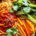 - 200g thick rice noodles - 2 tablespoons gochujang (Korean chili paste) - 1 tablespoon soy sauce - 1 tablespoon sesame oil - 1 tablespoon honey (or maple syrup for a vegan option) - 1 teaspoon grated fresh ginger - 2 cloves garlic, finely minced - 1 cup bok choy, roughly chopped - 1 medium carrot, julienned - 1 bell pepper (any color), thinly sliced - 2 green onions, finely chopped - Sesame seeds, for garnish - Fresh cilantro leaves, for garnish - Additional protein options (chicken, tofu, shrimp) - Other vegetables (mushrooms, zucchini, spinach) Gathering the right ingredients is the first step to making spicy gochujang noodles. Thick rice noodles are key, giving the dish a chewy texture. Gochujang adds heat and depth. The soy sauce and sesame oil bring umami and richness. Honey or maple syrup balances the spice with a touch of sweetness. Fresh ginger and garlic provide a fragrant kick. Bok choy, carrots, and bell peppers add color and crunch. Green onions, sesame seeds, and cilantro finish the dish with fresh notes. If you want to customize your meal, feel free to add proteins like chicken or tofu. You can include more veggies too, like mushrooms or zucchini. Have fun mixing and matching! To cook thick rice noodles, start by boiling water in a large pot. Once the water is bubbling, add 200g of thick rice noodles. Cook them for about 8-10 minutes, or until they feel soft. When they are done, drain them well and rinse under cold water. This stops the cooking and keeps them from getting sticky. Set the noodles aside in a colander. In a small bowl, mix 2 tablespoons of gochujang with 1 tablespoon of soy sauce, 1 tablespoon of sesame oil, and 1 tablespoon of honey. You can use maple syrup if you want it vegan. Next, add 1 teaspoon of grated fresh ginger and 2 cloves of finely minced garlic. Stir well until it's smooth. If you like it spicier, add another tablespoon of gochujang. Use a large skillet for this step. Heat a teaspoon of oil over medium heat. Once hot, toss in 1 cup of roughly chopped bok choy, 1 medium julienned carrot, and 1 thinly sliced bell pepper. Sauté these for about 4-5 minutes. Stir them often until they are tender but still crisp. Add the cooked noodles to the skillet with the sautéed veggies. Drizzle the gochujang sauce over everything. Use tongs or a spatula to toss them together gently. Make sure the noodles are covered well with the sauce. Cook for another 2-3 minutes to heat everything through. Once done, take the skillet off the heat and fold in 2 finely chopped green onions. When you serve the noodles, plate them up nicely. Top with a sprinkle of sesame seeds and fresh cilantro leaves for a pop of color and flavor. To cook thick rice noodles, start by boiling water. This is the key to soft noodles. Follow the package instructions for cooking time. Once the noodles are tender, drain them. Rinse them under cold water. This stops cooking and keeps them firm. Want more heat? Add an extra tablespoon of gochujang. For sweetness, stir in more honey or maple syrup. You can also mix in other sauces. Try soy sauce or sesame sauce for a twist. This lets you play with flavors. You can make the sauce ahead of time. Mix gochujang, soy sauce, sesame oil, honey, ginger, and garlic. Store it in the fridge. For veggies, chop them up earlier too. When reheating, add a splash of water. This keeps everything moist and tasty. {{image_4}} You can easily make this dish vegan. First, swap honey for maple syrup. Maple syrup adds sweetness and keeps it plant-based. Next, boost the veggies! Try adding mushrooms, zucchini, or spinach. These add flavor and nutrients, making the dish even more colorful. If you need gluten-free noodles, look for rice noodles or other gluten-free types. They work well in this recipe. For the sauce, check that your soy sauce is gluten-free. Some brands offer a gluten-free version. This small change ensures everyone can enjoy the meal. Want to mix things up? Use ramen or udon noodles instead. Ramen adds a nice chew, while udon is thicker and heartier. You can also try fusion recipes. Combine gochujang with peanut sauce for a tasty twist. Experimenting with different noodles keeps your meals exciting! To keep your spicy gochujang noodles fresh, use airtight containers. Glass or plastic containers work well. Make sure the noodles cool down before sealing. Store your leftovers in the fridge for up to three days. Always label the container with the date for easy tracking. You can freeze spicy gochujang noodles for later. First, let the noodles cool fully. Then, place them in freezer-safe bags. Squeeze out as much air as possible. They can last up to three months in the freezer. When you’re ready to eat, thaw them in the fridge overnight. Reheat in a skillet over medium heat with a splash of water for best results. Cooked noodles last about three to four days in the fridge. Always check for signs of spoilage. If they smell sour or look slimy, it’s time to toss them. Keeping them stored properly will help you enjoy your delicious meal longer! Gochujang has a unique heat. It is spicy but also sweet and deep. The spice level can vary based on brands. If you want more heat, add more gochujang. Taste your sauce before mixing it with the noodles. Adjust to your liking. Balance is key. Yes, you can use many types of noodles. Rice noodles are thick and chewy, but other options work too. Try soba, udon, or even spaghetti if you prefer. Each noodle brings its own texture. Just make sure to cook them right. You can find gochujang in many places. Look in Asian markets or international aisles of grocery stores. Online, sites like Amazon or specialty food shops have it too. Read reviews to find a quality brand. Yes, you can prep this dish ahead of time. Cook the noodles and store them separately. Keep the sauce in the fridge. Sauté the veggies right before serving. When ready, just heat everything together. This keeps the noodles and veggies fresh. These noodles pair well with many sides. Try spring rolls or dumplings for appetizers. A simple cucumber salad adds a nice crunch. You can also serve it with grilled chicken or shrimp for protein. Enjoy mixing flavors! Spicy Gochujang Noodles are simple to make and packed with flavor. You learned about key ingredients and how to prepare them step by step. Remember, you can customize your dish with different proteins or veggies. Whether you prefer it spicy or sweet, the choice is yours. Lastly, store leftovers properly to enjoy this dish later. Dive into your kitchen and treat yourself to a tasty meal!
