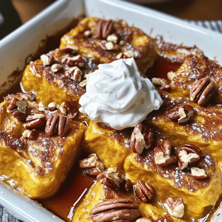 To make the Pumpkin Spice French Toast Casserole, gather these key ingredients: - 1 loaf of brioche bread, cubed into bite-sized pieces - 1 can (15 oz) pure pumpkin puree - 4 large eggs - 2 cups milk (whole or almond) - 3/4 cup packed brown sugar - 2 teaspoons pure vanilla extract - 2 teaspoons pumpkin pie spice - 1/2 teaspoon ground cinnamon - A pinch of salt You can enhance your casserole with these optional ingredients: - 1 cup chopped pecans for a nice crunch - Maple syrup for serving - Whipped cream for garnish If you need to swap some ingredients, here are some easy ideas: - Use challah or whole wheat bread instead of brioche for a different taste. - Replace whole milk with oat milk for a dairy-free option. - Use coconut sugar instead of brown sugar for a lower glycemic index. First, preheat your oven to 350°F (175°C). This step is key. While the oven heats, take a 9x13 inch baking dish. Grease it well with butter or cooking spray. This keeps the casserole from sticking. In a large bowl, combine the pure pumpkin puree, eggs, milk, brown sugar, vanilla extract, pumpkin pie spice, and ground cinnamon. Add a pinch of salt. Whisk everything until smooth. This mixture will be the base for your casserole. Next, take your cubed brioche bread. Carefully add it to the pumpkin mixture. Use a spatula to gently fold the bread in. Make sure each piece is coated well. If you like nuts, fold in the chopped pecans now. Now, pour the mixture into the greased baking dish. Spread it out with the spatula for an even layer. This helps it cook evenly. Cover the dish tightly with aluminum foil. Let it sit for about 15 minutes. This soaking time is important. It allows the bread to soak up all the yummy flavors. After soaking, take off the foil. Place the dish in the preheated oven. Bake for 30-35 minutes. You want the top to be golden brown and the center to be set. When it's done baking, remove the casserole from the oven. Let it cool for a few minutes. This makes it easier to cut. Slice it into squares and serve warm. Drizzle with maple syrup and add whipped cream for a treat. For the best mix, start with a large bowl. Add the pumpkin puree, eggs, milk, and brown sugar. Use a whisk to blend the mixture until it is smooth. This step is key. It helps all the flavors combine well. When you add the bread, be gentle. Use a spatula to fold in the bread cubes. This helps each piece get coated without breaking. To keep your bread from getting soggy, use fresh brioche. Stale bread works, but fresh gives a better texture. Make sure to soak the bread only for 15 minutes. This gives it time to absorb flavor without getting too wet. If you want, you can also toast the bread cubes lightly before adding them to the mixture. This adds a nice crunch. For a lovely presentation, serve the casserole warm. Drizzle maple syrup over each piece. Add a dollop of whipped cream on top. You can also sprinkle some extra cinnamon for color. If you like nuts, sprinkle chopped pecans on each plate. This makes it look fancy and adds a nice crunch. {{image_4}} If you want a nut-free version, just skip the pecans. You can replace them with seeds, like pumpkin or sunflower seeds. These seeds add crunch without the nuts. They will not change the taste much, and they keep your dish safe for those with nut allergies. To boost flavor, consider adding a splash of maple extract or a bit of nutmeg. You can also try adding orange zest for a fresh twist. Each of these will add depth to your pumpkin spice mix. Just a little goes a long way, so start small and taste as you go. Adding fruits makes this casserole even more tasty. You can fold in diced apples or pears right before baking. Berries, like blueberries or raspberries, can also add great flavor. They bring a nice sweetness that pairs well with pumpkin. Just remember to adjust your baking time if you add a lot of fruit. To keep your pumpkin spice French toast casserole fresh, store it in an airtight container. Let it cool to room temperature first. Then, place the casserole in the fridge. It will stay good for about 3 to 4 days. If you have extra, slice the casserole before storing. This makes it easy to grab a piece later. When you're ready to enjoy your leftovers, preheat your oven to 350°F (175°C). Place the casserole in an oven-safe dish. Cover it with foil to keep it moist. Heat for about 15 to 20 minutes. You can also microwave individual portions. Use a microwave-safe plate and heat for about 1 to 2 minutes. Check that it's hot all the way through. You can freeze this casserole for later. First, let it cool completely. Wrap it tightly in plastic wrap and then in aluminum foil. This helps prevent freezer burn. It can last in the freezer for up to 3 months. To thaw, move it to the fridge overnight. Reheat as mentioned earlier when you're ready to enjoy it again. To make it ahead, mix the batter and cubed bread the night before. Pour it into the baking dish, cover it, and keep it in the fridge. This way, the bread can soak up the pumpkin goodness overnight. In the morning, just bake it as directed. This saves you time and gives great flavor. Yes, you can use other types of bread. Challah, sourdough, or even whole wheat bread work well. Each type will bring its own taste and texture. Just make sure the bread is sturdy enough to hold the mixture without getting too mushy. For toppings, maple syrup is a must. It adds sweetness and flavor. Whipped cream makes it extra special. You can also sprinkle some extra cinnamon or nuts on top for crunch. Fresh fruits like berries or sliced bananas also add nice color and taste. You can store leftovers for up to three days in the fridge. Just place them in an airtight container. When you want to eat it, reheat in the microwave or oven. This keeps the flavors fresh and tasty. This article covered essential ingredients, step-by-step instructions, and helpful tips for making pumpkin spice French toast casserole. I shared options for substitutions and variations to match your taste. You learned how to store leftovers and reheating methods for future enjoyment. In conclusion, this dish is fun to make and perfect for cozy gatherings. Enjoy your cooking and share it with others!