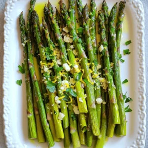 - 1 pound fresh asparagus, trimmed - 3 cloves garlic, finely minced - Zest of 1 large lemon - Juice of 1 large lemon - Fresh parsley, finely chopped for garnish - 3 tablespoons extra virgin olive oil - 1 teaspoon fine sea salt - 1/2 teaspoon freshly cracked black pepper - 1/4 teaspoon red pepper flakes (optional, adjust to taste) - Grated Parmesan cheese for garnish (freshly grated recommended) You need fresh asparagus for this dish. Look for bright green spears. They should be firm and not limp. The garlic adds a nice punch. Lemon gives a bright flavor that contrasts well with the asparagus. Extra virgin olive oil helps the asparagus cook and adds richness. Salt and pepper enhance the overall taste. Red pepper flakes can add a little heat if you like spice. For garnishes, grated Parmesan cheese makes everything better. It adds a salty, creamy touch. Fresh parsley gives a pop of color and freshness. You can skip these if you want a lighter dish. First, set your oven to 425°F (220°C). A hot oven helps the asparagus roast well. Next, take one pound of fresh asparagus and trim off the tough ends. Place the asparagus in a large bowl. Pour in three tablespoons of extra virgin olive oil. Make sure every piece gets a nice coat of oil. Add three cloves of finely minced garlic. This will give lovely flavor. Then, add the zest of one large lemon and the juice of that lemon. Toss in one teaspoon of fine sea salt and half a teaspoon of freshly cracked black pepper. If you like some heat, add a quarter teaspoon of red pepper flakes. Toss everything together until the asparagus is covered in the mix. Now, spread the asparagus on a baking sheet. Arrange it in a single layer so it roasts evenly. Avoid crowding the pan, as this can cause steaming instead of roasting. Place the baking sheet in the oven and roast for 12 to 15 minutes. The asparagus should be tender and have a golden edge. After roasting, carefully take the baking sheet out of the oven. Let the asparagus cool for about a minute. Then, transfer it to a serving platter. For a nice finish, sprinkle some grated Parmesan cheese and freshly chopped parsley on top. This will add flavor and make it look great. For a stunning presentation, arrange the asparagus in a fan shape. Drizzle any leftover lemon juice over the top before serving. Enjoy your delicious dish! When picking asparagus, look for bright green spears. They should feel firm and not bend easily. The tips should be tightly closed and fresh. If the spears are limp or have a dull color, skip them. Fresh asparagus tastes best and adds flavor to your dish. Every oven heats a bit differently. If you have a convection oven, reduce the cook time by about 2-3 minutes. Check the asparagus after 10 minutes for doneness. The goal is tender spears with a slight crispness. If you have a traditional oven, stick to the full 12-15 minutes. For extra flavor, try adding lemon zest. It gives a bright taste that pairs well with garlic. You can also sprinkle more herbs, like thyme or rosemary, for a different twist. Adding red pepper flakes gives a nice kick. Remember, presentation matters too! Arrange the asparagus nicely and garnish with Parmesan and parsley for a stunning look. {{image_4}} You can change the cheese on top for more flavor. Try feta for a tangy kick. Goat cheese adds creaminess, while Asiago brings a nutty taste. Just sprinkle the cheese on right after roasting. The heat will melt it slightly. This adds richness and depth to your dish. Mixing in other veggies makes a great side dish. Carrots and bell peppers roast well with asparagus. Cut them into similar sizes for even cooking. You can also add broccoli for a colorful blend. Toss them all together with the lemon and garlic for full flavor. Herbs can change the taste of your asparagus. Try thyme or rosemary for an earthy note. You can also use dill for a fresh twist. If you want spice, add cumin or smoked paprika. Just sprinkle these spices before roasting to enhance the overall flavor. Store leftover asparagus in an airtight container. Make sure to let it cool first. Keep it in the fridge. It stays fresh for about three days. If you want to keep it longer, consider freezing it. This way, you can enjoy it later. You can reheat the asparagus or serve it cold. To reheat, use the oven or microwave. If using the oven, preheat it to 350°F (175°C). Place the asparagus on a baking sheet. Heat for about 5 to 10 minutes until warm. If you prefer it cold, simply take it from the fridge and enjoy. Freezing asparagus is easy. First, blanch it in boiling water for two minutes. Then, cool it in ice water to stop the cooking. Drain and pat dry. Place the asparagus in freezer bags, removing as much air as possible. Label the bags with the date. Frozen asparagus lasts for about three months. Use it in soups or stir-fries for a quick meal. Yes, you can use frozen asparagus. However, fresh is better. Frozen asparagus may become mushy when roasted. If you choose frozen, thaw it first. Pat it dry to remove excess moisture. This helps keep it firm and tasty. Lemon Garlic Roasted Asparagus pairs well with many dishes. Here are some ideas: - Grilled chicken or fish - Quinoa or rice - Pasta with olive oil - A fresh salad - Steak or pork chops These options complement the bright flavors of the asparagus. Asparagus is done when it turns tender and slightly golden. Look for a slight browning on the edges as well. It should still have a little snap when you bite into it. You can test one spear if you're unsure. Yes, you can easily make this recipe vegan. Simply skip the Parmesan cheese. You can replace it with a vegan alternative if you want. The dish is still flavorful and will taste great without cheese. Enjoy the fresh lemon and garlic flavors! Lemon garlic roasted asparagus is simple and delicious. We explored fresh ingredients, essential pantry items, and optional garnishes to enhance flavor. I provided step-by-step instructions for perfect roasting and shared tips for choosing and cooking asparagus. Different variations allow you to customize this dish, and I discussed storage tips for leftovers. This dish is versatile, healthy, and easy to make. Enjoy experimenting with it!