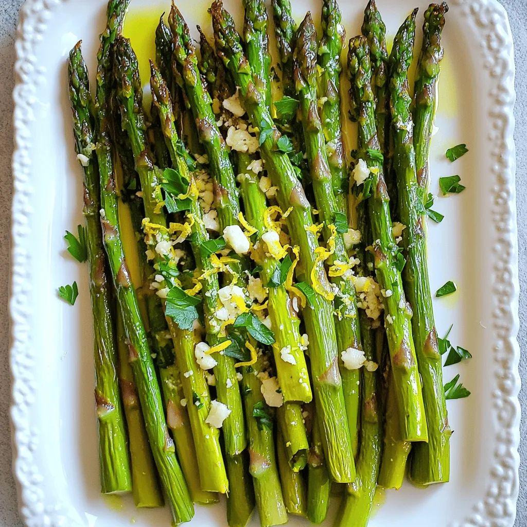 - 1 pound fresh asparagus, trimmed - 3 cloves garlic, finely minced - Zest of 1 large lemon - Juice of 1 large lemon - Fresh parsley, finely chopped for garnish - 3 tablespoons extra virgin olive oil - 1 teaspoon fine sea salt - 1/2 teaspoon freshly cracked black pepper - 1/4 teaspoon red pepper flakes (optional, adjust to taste) - Grated Parmesan cheese for garnish (freshly grated recommended) You need fresh asparagus for this dish. Look for bright green spears. They should be firm and not limp. The garlic adds a nice punch. Lemon gives a bright flavor that contrasts well with the asparagus. Extra virgin olive oil helps the asparagus cook and adds richness. Salt and pepper enhance the overall taste. Red pepper flakes can add a little heat if you like spice. For garnishes, grated Parmesan cheese makes everything better. It adds a salty, creamy touch. Fresh parsley gives a pop of color and freshness. You can skip these if you want a lighter dish. First, set your oven to 425°F (220°C). A hot oven helps the asparagus roast well. Next, take one pound of fresh asparagus and trim off the tough ends. Place the asparagus in a large bowl. Pour in three tablespoons of extra virgin olive oil. Make sure every piece gets a nice coat of oil. Add three cloves of finely minced garlic. This will give lovely flavor. Then, add the zest of one large lemon and the juice of that lemon. Toss in one teaspoon of fine sea salt and half a teaspoon of freshly cracked black pepper. If you like some heat, add a quarter teaspoon of red pepper flakes. Toss everything together until the asparagus is covered in the mix. Now, spread the asparagus on a baking sheet. Arrange it in a single layer so it roasts evenly. Avoid crowding the pan, as this can cause steaming instead of roasting. Place the baking sheet in the oven and roast for 12 to 15 minutes. The asparagus should be tender and have a golden edge. After roasting, carefully take the baking sheet out of the oven. Let the asparagus cool for about a minute. Then, transfer it to a serving platter. For a nice finish, sprinkle some grated Parmesan cheese and freshly chopped parsley on top. This will add flavor and make it look great. For a stunning presentation, arrange the asparagus in a fan shape. Drizzle any leftover lemon juice over the top before serving. Enjoy your delicious dish! When picking asparagus, look for bright green spears. They should feel firm and not bend easily. The tips should be tightly closed and fresh. If the spears are limp or have a dull color, skip them. Fresh asparagus tastes best and adds flavor to your dish. Every oven heats a bit differently. If you have a convection oven, reduce the cook time by about 2-3 minutes. Check the asparagus after 10 minutes for doneness. The goal is tender spears with a slight crispness. If you have a traditional oven, stick to the full 12-15 minutes. For extra flavor, try adding lemon zest. It gives a bright taste that pairs well with garlic. You can also sprinkle more herbs, like thyme or rosemary, for a different twist. Adding red pepper flakes gives a nice kick. Remember, presentation matters too! Arrange the asparagus nicely and garnish with Parmesan and parsley for a stunning look. {{image_4}} You can change the cheese on top for more flavor. Try feta for a tangy kick. Goat cheese adds creaminess, while Asiago brings a nutty taste. Just sprinkle the cheese on right after roasting. The heat will melt it slightly. This adds richness and depth to your dish. Mixing in other veggies makes a great side dish. Carrots and bell peppers roast well with asparagus. Cut them into similar sizes for even cooking. You can also add broccoli for a colorful blend. Toss them all together with the lemon and garlic for full flavor. Herbs can change the taste of your asparagus. Try thyme or rosemary for an earthy note. You can also use dill for a fresh twist. If you want spice, add cumin or smoked paprika. Just sprinkle these spices before roasting to enhance the overall flavor. Store leftover asparagus in an airtight container. Make sure to let it cool first. Keep it in the fridge. It stays fresh for about three days. If you want to keep it longer, consider freezing it. This way, you can enjoy it later. You can reheat the asparagus or serve it cold. To reheat, use the oven or microwave. If using the oven, preheat it to 350°F (175°C). Place the asparagus on a baking sheet. Heat for about 5 to 10 minutes until warm. If you prefer it cold, simply take it from the fridge and enjoy. Freezing asparagus is easy. First, blanch it in boiling water for two minutes. Then, cool it in ice water to stop the cooking. Drain and pat dry. Place the asparagus in freezer bags, removing as much air as possible. Label the bags with the date. Frozen asparagus lasts for about three months. Use it in soups or stir-fries for a quick meal. Yes, you can use frozen asparagus. However, fresh is better. Frozen asparagus may become mushy when roasted. If you choose frozen, thaw it first. Pat it dry to remove excess moisture. This helps keep it firm and tasty. Lemon Garlic Roasted Asparagus pairs well with many dishes. Here are some ideas: - Grilled chicken or fish - Quinoa or rice - Pasta with olive oil - A fresh salad - Steak or pork chops These options complement the bright flavors of the asparagus. Asparagus is done when it turns tender and slightly golden. Look for a slight browning on the edges as well. It should still have a little snap when you bite into it. You can test one spear if you're unsure. Yes, you can easily make this recipe vegan. Simply skip the Parmesan cheese. You can replace it with a vegan alternative if you want. The dish is still flavorful and will taste great without cheese. Enjoy the fresh lemon and garlic flavors! Lemon garlic roasted asparagus is simple and delicious. We explored fresh ingredients, essential pantry items, and optional garnishes to enhance flavor. I provided step-by-step instructions for perfect roasting and shared tips for choosing and cooking asparagus. Different variations allow you to customize this dish, and I discussed storage tips for leftovers. This dish is versatile, healthy, and easy to make. Enjoy experimenting with it!