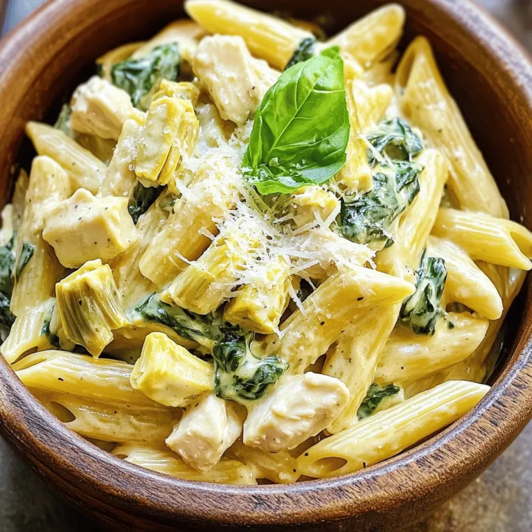 - 12 oz penne pasta - 1 lb boneless, skinless chicken breasts, diced into bite-sized pieces - 2 cups fresh spinach, roughly chopped - 1 can (14 oz) artichoke hearts, drained and quartered - 1 cup cream cheese, softened at room temperature - 1 cup freshly grated parmesan cheese - 1 teaspoon garlic powder - 1 teaspoon onion powder - 1 teaspoon Italian seasoning blend - 2 tablespoons extra virgin olive oil This creamy spinach artichoke chicken pasta dish is packed with flavor. The penne pasta serves as the perfect base, soaking up the rich sauce. I love using boneless, skinless chicken breasts for their tenderness. The fresh spinach adds a pop of color and nutrition. Artichoke hearts bring a tangy twist that pairs well with the other ingredients. For the creamy texture, cream cheese is essential. It melts beautifully into the dish, creating a rich sauce. The freshly grated parmesan adds a savory touch that I can't resist. Seasonings like garlic powder, onion powder, and Italian blend transform this meal into something special. Olive oil gives a nice base to cook the chicken and adds depth to the flavors. When making this dish, gather all your ingredients first. It makes the cooking process smoother and more enjoyable. Trust me, having everything ready will help you create a delightful meal every time! First, heat two tablespoons of olive oil in a large pot over medium heat. Once the oil is hot, add one pound of diced chicken. Season it well with salt, pepper, garlic powder, and onion powder. Cook the chicken for about 5-7 minutes. Stir it often. You want the chicken to be golden brown and cooked through. Use a meat thermometer to check the temperature. It should reach 165°F to be safe to eat. Next, pour in one cup of low-sodium chicken broth. Use a wooden spoon to scrape any tasty bits from the pot's bottom. Raise the heat slightly and bring the broth to a gentle simmer. Carefully add 12 ounces of penne pasta, making sure it is fully submerged. Cover the pot with a lid and cook for about 10 minutes. Stir every few minutes to prevent sticking. Once the pasta is tender, reduce the heat to low. Add one cup of softened cream cheese, one cup of freshly grated parmesan cheese, two cups of roughly chopped spinach, and one can of drained and quartered artichoke hearts. Gently stir all the ingredients together. Allow the cream cheese to melt and mix in well. This should take about 2-3 minutes. If the sauce is too thick, add a splash of chicken broth to reach your desired creaminess. Taste and adjust with more salt, pepper, or Italian seasoning if needed. Let the dish sit for a few minutes to let the flavors meld before serving. - To prevent pasta from sticking, stir it well during cooking. This helps keep it loose. - If your sauce is too thick, add a bit more chicken broth. Mix well until smooth. - You can add extra spices like red pepper flakes for heat. This gives a nice kick. - For garnishing, freshly torn basil adds color and flavor. Grate more parmesan on top, too. - An ideal pot is a large Dutch oven. It distributes heat well for even cooking. - A wooden spoon is useful for mixing. It helps avoid scratching your pot. {{image_4}} Alternative protein choices If you want a change from chicken, try using shrimp or tofu. Both add great flavor. You can also use cooked sausage or turkey for a different taste. Vegetable swaps Feel free to get creative with veggies! Kale or arugula can replace spinach. You could also add mushrooms, bell peppers, or zucchini for more texture and color. Gluten-free options To make this dish gluten-free, swap the penne pasta for a gluten-free pasta. There are many good options available in stores. Just be sure to check the cooking time, as it may differ. Vegan alternatives For a vegan twist, use plant-based cream cheese and skip the chicken. You can add chickpeas or lentils for protein. Nutritional yeast can replace parmesan for a cheesy taste. Instant pot version If you are short on time, use an Instant Pot. Start by sautéing the chicken in the pot, then add the broth and pasta. Cook on high pressure for about 4 minutes. After that, stir in the cream cheese and veggies. Oven-baked variations For a baked version, cook as usual but transfer to a baking dish before adding cheese. Top with extra cheese and bake at 350°F until bubbly and golden, about 20 minutes. This gives a nice crispy top. To store leftovers, let the pasta cool down first. Then, place it in an airtight container. This helps keep the creamy texture and flavors intact. You can store it in the fridge for up to three days. Make sure to reheat it properly to enjoy the taste again. If you want to freeze the dish, use a freezer-safe container. It should seal tightly. This pasta can last for about two months in the freezer. When you're ready to eat it, thaw it overnight in the fridge. Reheat it gently on the stove, adding a splash of chicken broth to keep it creamy. The creamy spinach artichoke chicken pasta stays fresh for about three days in the fridge. When frozen, it can last for up to two months. Always check for any off smells or changes in texture before eating. Enjoy your delicious meal even after cooking day! You can use Greek yogurt for a tangy twist. Sour cream also works well for creaminess. If you prefer a dairy-free option, try cashew cream or coconut cream. These alternatives keep your dish rich and smooth. Always check the flavor to ensure it matches your taste. Yes, you can use frozen spinach in this dish. Just thaw it first and drain any excess water. This helps keep the pasta from getting too watery. Frozen spinach is a great time-saver and still adds nice flavor and nutrition. The chicken is fully cooked when it reaches 165°F. You can check this with a meat thermometer. Besides temperature, look for a golden color and firm texture. Cut a piece open; the meat should be white, not pink. This ensures your meal is safe and tasty. This article covered a delicious recipe with penne pasta, chicken, and spinach. You learned about the key ingredients, easy steps, and how to enhance the flavors. The tips helped you avoid common cooking mistakes and offered ideas for ingredient swaps. Remember, feel free to adjust the recipe to meet your needs. With proper storage, you can enjoy leftovers later. Cooking can be fun and tasty! Trust these methods to create a meal you’ll love.