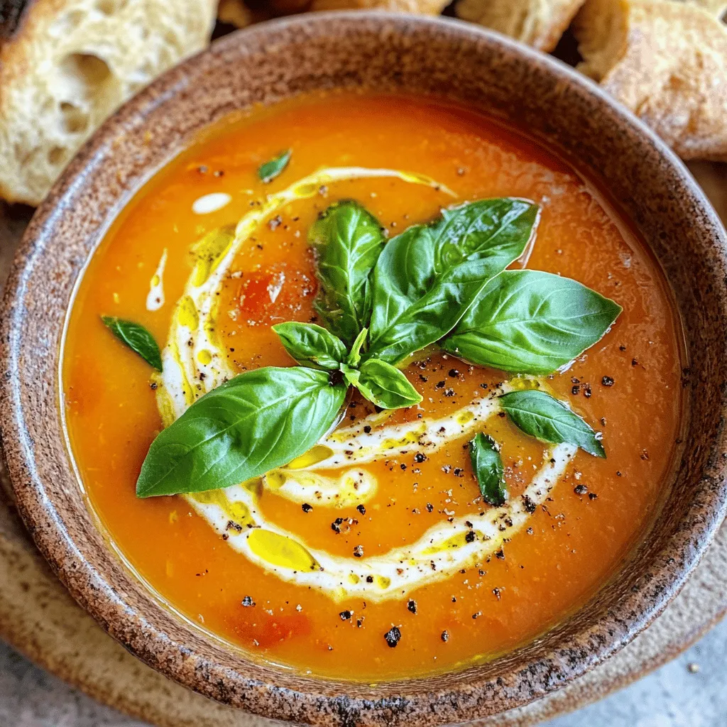 To make a delicious roasted tomato basil soup, you need the following ingredients: - 2 lbs ripe tomatoes, halved - 1 large onion, roughly chopped - 4 cloves garlic, peeled - 2 tablespoons extra-virgin olive oil - Salt and freshly ground black pepper, to taste - 4 cups vegetable broth - 1 cup fresh basil leaves, tightly packed - ½ cup heavy cream or coconut cream You can add these optional ingredients to boost the flavor: - 1 teaspoon sugar (to balance acidity) - 1 tablespoon balsamic vinegar (for added depth) This soup is packed with nutrients. Here’s the approximate nutritional info per serving (1 cup): - Calories: 180 - Protein: 3g - Carbohydrates: 10g - Dietary Fiber: 2g - Fat: 15g Roasted tomato basil soup is not just tasty; it’s also good for you! The fresh tomatoes and basil provide vitamins and antioxidants. Enjoy this warm bowl of comfort, knowing you’re treating yourself well! First, gather all your ingredients. You need ripe tomatoes, onion, garlic, olive oil, salt, pepper, and basil. Don’t forget the vegetable broth and cream! Next, preheat your oven to 400°F (200°C). This heat will help caramelize the tomatoes and enhance their sweetness. On a large baking sheet, lay the halved tomatoes cut-side up. Scatter the chopped onion and garlic cloves around them. This way, all the flavors mix during roasting. Drizzle the olive oil over everything. Add salt, black pepper, and sugar if you want to balance the acidity. Place the baking sheet in your hot oven and roast for 30 to 35 minutes. The tomatoes will turn juicy, and the onions will become soft and sweet. After roasting, take the baking sheet out of the oven. Let the vegetables cool for a few minutes. Then, transfer them into a large pot with a spatula. Pour in the vegetable broth and heat it on medium. Bring the mix to a gentle simmer and cook for 10 minutes. This helps meld all the wonderful flavors. Stir in the fresh basil leaves and balsamic vinegar if you're using it. Let it simmer for another 5 minutes. Finally, use an immersion blender to puree the soup until it's smooth and creamy. You can also use a traditional blender in batches if you prefer. Stir in the heavy cream or coconut cream for added richness. Taste and adjust the seasoning with more salt and pepper if needed. To get the best flavor from your tomatoes, choose ripe ones. Look for tomatoes that feel heavy and smell sweet. Cut them in half and place them cut-side up. This helps the juices stay in. Use a high heat of 400°F for roasting. This makes the tomatoes caramelized and sweet. Don’t forget the onions and garlic! They add rich flavors. Roast them together for about 30 to 35 minutes. Keep an eye on them. They should look soft and slightly charred. For a smooth soup, use an immersion blender. This tool is easy and quick. If you don’t have one, a regular blender works too. Just be careful; blend in small batches. This prevents spills. Blend until the soup is silky. Add the cream after blending. Heavy cream gives a rich taste, but coconut cream works for a dairy-free option. Stir well to mix everything. Start with salt and black pepper. They bring out the natural taste of the tomatoes. If your soup is too acidic, add a teaspoon of sugar. This balances the flavors. For extra depth, try balsamic vinegar. It adds a nice tang. Taste your soup before serving. Adjust the salt and pepper based on your preference. Don’t skip the fresh basil! It adds a great aroma and taste. {{image_4}} To make this soup dairy-free, simply swap heavy cream for coconut cream. Coconut cream gives a rich taste without dairy. It also adds a hint of sweetness, which blends well with the roasted tomatoes. If you're looking for a lighter option, you can use almond milk or cashew cream. These options will still keep your soup creamy and enjoyable. While basil is the star, you can also try other herbs. Oregano or thyme can add a lovely twist. For a spicy kick, consider adding a pinch of red pepper flakes. If you want a more aromatic flavor, try adding a bay leaf while simmering. Just remember to remove it before blending. These herbs and spices can enhance the overall taste and give your soup a new life. The type of tomatoes you choose can change the flavor of your soup. Ripe Roma tomatoes are great for their sweetness and low water content. Heirloom tomatoes offer a robust taste and unique colors. Cherry tomatoes can bring a burst of sweetness. Each variety gives the soup a different character. Experiment with what you have or what you love to find your favorite mix. After you enjoy your roasted tomato basil soup, let it cool down. Then, pour the soup into airtight containers. Make sure to leave some space at the top of the container. This allows the soup to expand if it freezes. Label the containers with the date. Store in the fridge if you plan to eat it within a few days. If not, freezing is a great option. When you are ready to eat your soup again, you can reheat it easily. Pour your soup into a pot over medium heat. Stir it often to keep it smooth. Heat until it is hot, but do not let it boil. If the soup is too thick, you can add a splash of vegetable broth or water to thin it out. You can also use the microwave. Just heat in short bursts, stirring in between. To freeze your soup, use the same airtight containers. It’s best to freeze it in smaller portions. This way, you can enjoy just what you need. The soup can last up to three months in the freezer. When you're ready to eat it, let it thaw overnight in the fridge. Reheat it as mentioned above. Enjoy your comforting soup any time! I love using ripe, juicy tomatoes for this soup. Varieties like Roma or vine-ripened tomatoes work best. They have a rich flavor and fewer seeds. Choose tomatoes that feel heavy for their size. Avoid ones with blemishes or soft spots. Fresh tomatoes bring a sweet taste and vibrant color to your dish. Yes, you can use canned tomatoes! Look for whole or crushed tomatoes in good quality cans. Choose those packed in juice, not sauce. Canned tomatoes save time and still taste great. They can help you make soup even when fresh tomatoes are out of season. Just remember to adjust the seasoning since canned tomatoes can be saltier. To make the soup vegan, skip the heavy cream or use coconut cream instead. This keeps it rich and creamy. Also, check your vegetable broth to ensure it is vegan-friendly. The rest of the recipe is already plant-based. You can still enjoy all the flavor without any animal products. This soup pairs well with crusty bread or garlic toast. You can also serve it with a fresh salad for a full meal. Grilled cheese sandwiches are a classic choice too. They complement the soup's warmth and flavor. For a fun twist, try adding a sprinkle of cheese or croutons on top of the soup. This blog post provides all you need for making delicious roasted tomato basil soup. You learned about the key ingredients, cooking steps, and helpful tips for the best flavor. I also shared variations and storage tips to enjoy this soup later. Roasting tomatoes enhances their taste, while blending gives it a creamy texture. With a few simple tweaks, you can make this dish suit your diet. Enjoy this warm, flavorful soup any time of the year. Happy cooking!