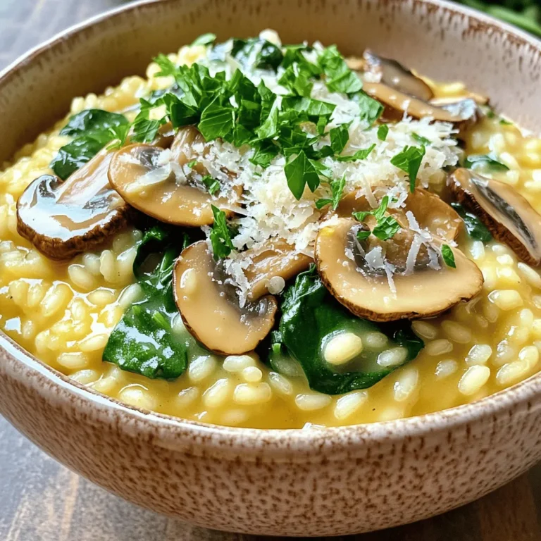 - 1 cup Arborio rice - 4 cups vegetable broth, kept warm - 1 cup mixed mushrooms (cremini, shiitake, and button), sliced - 1 small onion, finely chopped - 2 cloves garlic, minced - 1 cup fresh spinach, roughly chopped - 1/2 cup heavy cream - 1/2 cup freshly grated Parmesan cheese - 2 tablespoons olive oil - 1 tablespoon unsalted butter - Salt and freshly ground black pepper, to taste - Fresh parsley, finely chopped, for garnish I love using Arborio rice for this dish. It has a creamy texture that creates the perfect base. You need to keep the vegetable broth warm while cooking. This helps the rice absorb flavors well. Mixed mushrooms add depth and earthiness to the risotto. I often use cremini, shiitake, and button mushrooms for a nice mix. Chopping the onion and garlic finely is key. You want them to blend in well with the rice. Fresh spinach gives a bright color and flavor. The heavy cream and Parmesan cheese make it rich and delicious. Don't forget the olive oil and butter for sautéing! They add a lovely flavor to the dish. Season with salt and pepper to taste. Fresh parsley adds a nice touch at the end. It brightens the dish and makes it look pretty. Using these ingredients, you can create a warm, comforting bowl of creamy mushroom risotto that tastes like a hug in a dish. Step 1: Heating vegetable broth Start by gently heating 4 cups of vegetable broth. Use a medium saucepan. Keep the heat low. You want it warm, not boiling. This helps the rice cook evenly. Warm broth mixes well with the rice. Importance of keeping it warm Keeping your broth warm is key. Cold broth can shock the rice. This may lead to uneven cooking. Warm broth helps the risotto absorb flavors better. It keeps the dish creamy and smooth. Step 2: Cooking onion and garlic In a large skillet, heat 2 tablespoons of olive oil and 1 tablespoon of unsalted butter over medium heat. Add 1 small finely chopped onion. Cook for about 3-4 minutes. The onion should turn translucent. Next, add 2 minced garlic cloves. Sauté for another minute to bring out the flavor. Step 3: Adding mushrooms Now, it’s time to add 1 cup of sliced mixed mushrooms. Use cremini, shiitake, or button mushrooms. Cook for 5-7 minutes. The mushrooms should become tender and release moisture. This step adds depth to your risotto. Step 4: Toasting the Arborio rice Add 1 cup of Arborio rice to the skillet. Stir it well to coat the rice with oil and butter. Toast the rice for 1-2 minutes. You want a light, nutty aroma. This step enhances the flavor. Step 5: Incorporating vegetable broth Start adding the warm vegetable broth. Use a ladle to scoop it in, one at a time. Stir constantly as the rice absorbs the liquid. Wait until the rice is mostly dry before adding more broth. Repeat this for about 18-20 minutes. The risotto should become creamy and the rice al dente. Step 6: Adding cream and cheese Once the rice is cooked, stir in 1/2 cup of heavy cream. Add 1/2 cup of freshly grated Parmesan cheese next. Mix thoroughly until everything is well combined. This makes your risotto rich and creamy. After this, gently fold in 1 cup of roughly chopped fresh spinach. Season with salt and freshly ground black pepper to taste. Cook for another 2-3 minutes until the spinach wilts. This adds color and flavor to the dish. To get the best risotto, stir often. This helps release starch from the rice. Starch makes your risotto creamy. Use a wooden spoon for easy stirring. Know when your risotto is done. It should be creamy and slightly firm. Taste the rice after 18 minutes. If it’s still hard, keep cooking. Try adding herbs to boost flavor. Fresh thyme or rosemary works well. You can also add a pinch of nutmeg for warmth. For cheese lovers, try different cheeses. Goat cheese adds a tangy taste. Gruyère gives a rich flavor. Experiment to find what you like best. Serve your risotto in warm bowls. This keeps it hot and inviting. Top with fresh parsley for color. A sprinkle of extra Parmesan makes it look fancy. For added visual appeal, drizzle a little olive oil on top. This adds shine and flavor. Your dish will look as good as it tastes! {{image_4}} You can change the flavor of your risotto by using different types of mushrooms. Cremini, shiitake, and button mushrooms add unique tastes. You can also mix them for a more complex flavor. Try adding portobello mushrooms for a rich, earthy taste. You can add other vegetables too. Spinach is a great choice, as it blends well with mushrooms. You can also try peas, asparagus, or zucchini for added color and nutrition. Just be sure to sauté them until they are tender. If you want a dairy-free risotto, you can substitute cream and cheese. Use coconut cream for a rich texture. For cheese, try nutritional yeast. It adds a cheesy flavor without dairy. There are vegan alternatives that work well too. Swap the heavy cream with a blend of silken tofu and vegetable broth. This keeps your risotto creamy and delicious, while still being plant-based. Adding proteins can make your risotto a complete meal. You can include chicken or shrimp for extra flavor and nutrition. Cook the protein separately, then stir it into the risotto at the end. For a vegetarian option, try adding cooked lentils or chickpeas. These add protein and make the dish heartier. You can customize the risotto to fit your dietary needs, making it both satisfying and delicious. To keep your risotto fresh in the fridge, store it in an airtight container. This keeps moisture in while blocking outside air. Risotto lasts about 3 to 5 days when properly stored. Make sure the risotto cools before sealing it up. If you want to freeze risotto, portion it into smaller containers. This helps speed up thawing. Use freezer-safe bags or containers to avoid freezer burn. It can last up to three months in the freezer. To thaw, place it in the fridge overnight. You can also reheat it straight from the freezer, but it takes longer. For the best reheating, use a saucepan over low heat. Add a splash of broth or water to keep it moist. Stir often to avoid sticking. Microwaving is also an option, but be careful not to overheat it. Always check for dryness. If it looks dry, add more liquid while reheating. The best rice for risotto is Arborio rice. Arborio rice has a high starch content. This starch gives risotto its creamy texture. It absorbs liquid well and cooks evenly. The grains remain firm in the center while being soft on the outside. This balance makes Arborio ideal for creamy dishes. You can find it in most grocery stores. To make risotto creamier, you can use a few tips. First, stir the rice frequently as it cooks. This helps release more starch from the grains. Second, add warm broth slowly, one ladle at a time. Let the rice absorb the liquid fully before adding more. Third, incorporate heavy cream and cheese at the end. This adds richness and depth. You can also use a bit of butter for extra creaminess. Yes, you can make risotto ahead of time, but it’s not the best option. Risotto is best served fresh and warm. If you want to prep in advance, cook the rice until it's almost done. Then, cool it quickly and store it in the fridge. To reheat, add a little broth and stir on low heat. This helps bring back the creamy texture. Be careful not to overcook it during reheating. This blog post covered how to make a delicious risotto. We discussed key ingredients like Arborio rice, mushrooms, and creamy add-ins. I shared step-by-step instructions for cooking, perfecting the texture, and boosting flavor. You learned about variations and how to store leftovers safely. In the end, risotto is a versatile dish that you can customize. Try different ingredients to make it your own. Enjoy your cooking adventure!