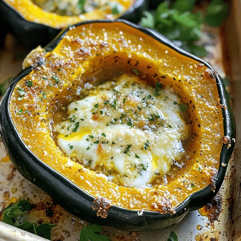 - 2 medium acorn squashes, halved with seeds fully removed - 3 tablespoons extra-virgin olive oil - 1 teaspoon garlic powder - 1 teaspoon dried thyme - 1 teaspoon dried rosemary - 1 teaspoon fine sea salt - ½ teaspoon freshly ground black pepper - ½ cup finely grated Parmesan cheese - 2 tablespoons fresh parsley, chopped (for serving) When cooking, precise measurements matter. For this recipe, I always stick to the amounts listed. If you want to switch things up, feel free to adjust the herbs. For example, use oregano instead of thyme. You can also try different types of cheese if you want a new flavor. Just remember, stick to the same amount for the best results. Fresh ingredients make a big difference. Using fresh acorn squash gives you the best taste and texture. It should feel heavy for its size. When it comes to herbs, dried ones work, but fresh ones add more flavor. Fresh parsley can brighten your dish. Always choose the best ingredients to make your dish shine. Start by preheating your oven to 400°F (200°C). This step is key for getting that perfect roast. Next, take your two acorn squashes and cut them in half from top to bottom. Make sure to scoop out all the seeds and any stringy bits. Discard those seeds. Place the squash halves, cut side up, on a baking sheet lined with parchment paper. This makes cleanup easy later on. Now it’s time to create the seasoning mixture. In a small bowl, whisk together 3 tablespoons of extra-virgin olive oil, 1 teaspoon of garlic powder, 1 teaspoon of dried thyme, 1 teaspoon of dried rosemary, 1 teaspoon of fine sea salt, and ½ teaspoon of freshly ground black pepper. Whisk until it’s all well combined and fragrant. This mixture is what will make your squash so tasty. Take a pastry brush or spoon and coat the cut sides of the squash with your seasoning mixture. Make sure each half is well covered. This ensures each bite is packed with flavor. Next, sprinkle ½ cup of finely grated Parmesan cheese on top of the seasoned squash. This cheesy layer adds a delightful crust. Now, place the baking sheet in your preheated oven. Roast the squash for 30 to 35 minutes. You want the flesh to be fork-tender and the tops to turn golden brown. This step enhances the squash's natural sweetness. After roasting, take the baking sheet out and let the squash cool for a few minutes. This helps prevent burns when you handle them. Finally, before serving, sprinkle some fresh chopped parsley on top. This adds a nice pop of color and freshness. For a lovely presentation, serve the squash halves on a pretty platter. You can even drizzle any leftover olive oil mixture from the baking sheet over them. Enjoy your delicious and beautiful Parmesan Herb Roasted Acorn Squash! To get the best roast, follow a few simple steps. Preheat your oven to 400°F (200°C). This heat level helps the squash caramelize well. Cutting the squash in half lets the heat reach the inside. Make sure to scoop out all the seeds; this gives more room for flavor. When you coat the squash with oil and spices, cover it fully. This ensures every bite is tasty. Roast the squash for 30 to 35 minutes. Check if a fork goes in easily; that means it’s done! You can make this dish even better with some fun tweaks. Try adding maple syrup for a sweet touch. Just drizzle a bit before roasting. Want more herbs? Fresh thyme or sage can add great depth. If you love heat, sprinkle some chili flakes on top. Mixing in other cheeses, like feta or goat cheese, can also bring new flavors. Each addition can change the dish, so feel free to experiment! Having the right tools makes cooking easier. Use a sharp knife for cutting the squash. A sturdy cutting board helps keep things stable. For mixing your seasoning, a small bowl works best. Use a pastry brush or spoon to spread the oil mix. A baking sheet lined with parchment paper makes cleanup easy. Finally, grab a fork or tongs to handle the hot squash safely. With these tools, you'll create a perfect dish every time! {{image_4}} You can change the herbs for different flavors. Use fresh herbs if you have them. Fresh thyme or rosemary work well. You can also try sage or oregano for a twist. Simply replace dried herbs with double the amount of fresh herbs. This keeps the taste bright and fresh. To add sweetness, drizzle maple syrup on the squash before roasting. This gives a nice caramel flavor. Mix the maple syrup with the olive oil and seasonings. Brush it on for a sweet glaze. This variation pairs well with the savory cheese and herbs. While Parmesan is great, feel free to switch it up. Try pecorino or aged gouda for a different taste. These cheeses melt well and add a unique flavor. You can even use a blend of cheeses for a richer profile. Just remember to keep the amount the same to balance the dish. Store your leftover Parmesan Herb Roasted Acorn Squash in an airtight container. It stays fresh for about 3 to 5 days in the fridge. Make sure to let it cool to room temperature before placing it in the container. If you want to keep it longer, consider freezing it. To freeze the acorn squash, slice it into pieces. Lay the pieces on a baking sheet lined with parchment paper. Freeze them for about 1 to 2 hours until firm. Then, transfer the pieces into a freezer-safe bag. Label the bag with the date. The squash can stay good in the freezer for up to 3 months. Reheat the acorn squash in the oven for the best results. Preheat your oven to 350°F (175°C). Place the squash on a baking sheet and cover it with foil to prevent drying out. Heat for about 15 to 20 minutes or until warmed through. You can also use a microwave, but the texture may not be as good. If using a microwave, heat in short bursts, checking often. Roasting acorn squash takes about 30 to 35 minutes. You want to preheat your oven to 400°F (200°C). When you roast the squash, check for fork-tenderness as you approach the end. The tops should be golden brown, which adds to the flavor. Keep an eye on them to avoid burning. Yes, you can prepare the acorn squash ahead of time. You can cut and season the squash a few hours before roasting. Just store the prepared squash in the fridge. When you're ready, roast them straight from the fridge. This way, they stay fresh and tasty. Absolutely! Acorn squash is very healthy. It's low in calories and high in fiber. It also has vitamins A and C, which are great for your skin and immune system. The natural sweetness of the squash makes it a perfect addition to any meal. Plus, with the Parmesan and herbs, you get added flavor without much fat. Enjoy its health benefits guilt-free! This blog post covered key points about roasting acorn squash. We discussed the best ingredients, with fresh ones being crucial. I shared step-by-step instructions for prepping and cooking. You learned tips for making it perfect, plus tasty options to try. Finally, we explored storage and answered common questions. With these insights, you can confidently roast acorn squash at home. Enjoy your cooking, and remember to get creative with flavors!