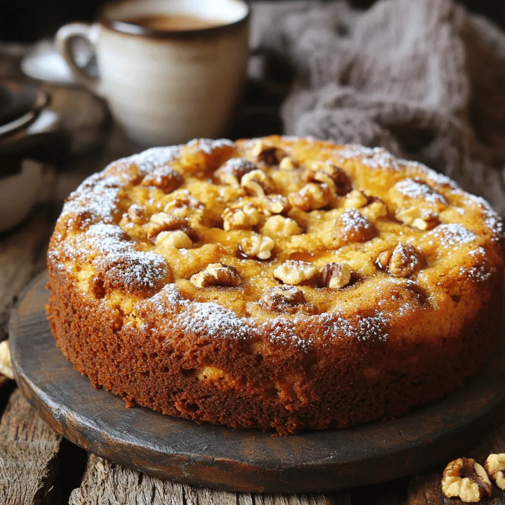 - 2 cups all-purpose flour - 1 cup granulated sugar - 1/2 cup brown sugar, packed - 1 cup unsalted butter - 3 large eggs - 1/2 cup buttermilk - 1/4 cup pure maple syrup - 2 teaspoons baking powder - 1 teaspoon baking soda - 1 teaspoon vanilla extract - 1/2 teaspoon salt - 1 1/2 cups walnuts, chopped - 1 teaspoon ground cinnamon Tips for selecting fresh ingredients: - Choose flour with a fine texture. - Look for butter that is creamy and smooth. - Eggs should be clean and uncracked. - Use fresh walnuts that smell nutty, not stale. Alternatives for buttermilk and maple syrup: - Use milk mixed with vinegar or lemon juice as a buttermilk substitute. - Honey or agave syrup can replace maple syrup for a different taste. - Preheat the oven to 350°F (175°C). - Prepare a 9x13 inch baking pan. Grease it with butter or cooking spray. Dust it with flour, or line it with parchment paper. - In a medium bowl, whisk together the all-purpose flour, baking powder, baking soda, salt, and ground cinnamon. Make sure these are mixed well. Set this bowl aside for later. - In a large mixing bowl, beat together the softened butter, granulated sugar, and packed brown sugar. Use a hand or stand mixer. Mix on medium speed until it turns light and fluffy. This should take about 3-4 minutes. - Now, add the eggs to the creamed mixture one at a time. Mix well after each egg. Once all the eggs are in, add the vanilla extract and maple syrup. Mix until everything is well combined. - Gradually add the dry mixture to the wet mixture. Do this in three parts and alternate with the buttermilk. Start and finish with the dry ingredients. Mix each part just until combined. Be careful not to overmix the batter. - Using a spatula, gently fold in the chopped walnuts. Make sure they are evenly mixed in. Pour the batter into the greased baking pan. Smooth the top with a spatula. Bake in the oven for 30-35 minutes. A toothpick should come out clean when inserted in the center. - After baking, let the coffee cake cool in the pan for about 10 minutes. Carefully remove it from the pan. Transfer it to a wire rack to cool completely. For a sweet touch, mix 1 cup of powdered sugar with 2-3 tablespoons of maple syrup. Stir until smooth and drizzle it over the cooled cake. To make the best coffee cake, you want it to bake evenly. Here are some tips to help you. - Use room temperature ingredients: This helps the batter mix well. - Rotate the pan: Halfway through baking, turn your pan for even heat. - Check the oven temperature: An oven thermometer ensures your cake bakes at the right heat. Testing doneness is key. Here’s how to do it right: - Toothpick test: Insert a toothpick in the center. If it comes out clean, it’s done. - Lightly press the top: If it springs back, your cake is ready. Presentation adds to the joy of eating. Here are some fun ideas: - Dust with powdered sugar: It looks pretty and adds a touch of sweetness. - Serve with fresh fruit: Sliced berries or apples add color and flavor. - Add a drizzle of maple glaze: This extra touch makes it feel special. As for drinks, you can’t go wrong with these: - Coffee: A classic choice that pairs well. - Herbal tea: A light option that complements the flavors. - Milk: A simple, comforting drink for all ages. Toasting walnuts makes a big difference. Here’s how to do it: - Heat a pan on medium: Add the walnuts and stir often. - Watch closely: They are ready when they smell nutty and turn golden. You can also boost the flavor with these ideas: - Add spices: A pinch of nutmeg or extra cinnamon can deepen the taste. - Use flavored extracts: Almond or maple extracts can add a fun twist. {{image_4}} You can change your coffee cake by adding different nuts or fruits. Try pecans for a twist. Almonds also work great. Dried fruit, like cranberries or raisins, can add sweetness. For a fun twist, add chocolate chips. They melt and create a rich flavor. Each option can change the taste and texture. Mix and match to find your favorite. If you have dietary needs, you can still enjoy this cake. For a gluten-free option, use gluten-free flour. Many brands work well in baking. Just ensure your other ingredients are also gluten-free. For a vegan version, swap eggs for flaxseed meal. Mix one tablespoon of flaxseed with three tablespoons of water. Let it sit for five minutes to thicken. Use plant-based butter and almond milk instead of buttermilk. You can replace maple syrup with agave syrup, too. These changes keep the cake tasty while meeting your diet. To change the flavor, you can try different syrups or spices. Use honey in place of maple syrup for a floral note. Agave syrup can also add sweetness without a strong flavor. Experiment with spices like nutmeg or ginger. They can add warmth and depth. A pinch of cardamom can give a unique twist, too. Each variation can make your coffee cake special. Enjoy exploring these ideas! To keep your coffee cake fresh, wrap it well. Use plastic wrap or foil to cover it. Store the cake at room temperature for up to three days. For longer storage, place it in the fridge. Refrigerating can keep it fresh for about a week. If you want to save some for later, freezing works great. First, let the cake cool completely. Then, cut it into slices. Wrap each slice tightly in plastic wrap, then in foil. This helps avoid freezer burn. You can freeze it for up to three months. To enjoy, simply move a slice to the fridge overnight. It will thaw slowly and taste fresh. Reheating your cake can bring back its soft texture. Preheat your oven to 350°F (175°C). Place a slice on a baking sheet and cover it with foil. Heat for about 10-15 minutes. This helps keep it moist. You can also use a microwave. Heat a slice for 10-15 seconds. Enjoy your warm coffee cake with a cup of coffee! Coffee cake has some unique traits. First, it is often less sweet than regular cake. This lets the flavors shine through. It usually contains a crumbly topping. This topping adds texture and flavor. Coffee cake is also meant to be served with coffee. It is more about the experience than the cake itself. Yes, you can swap out walnuts for other nuts. Pecans offer a similar flavor. Almonds add a nice crunch, too. If you want something different, try hazelnuts. Each nut changes the taste a bit. Make sure to toast any nut you choose. This step brings out the best flavors. This coffee cake stays fresh for about 3 to 4 days. Store it in an airtight container. Keep it at room temperature for best results. If you want it to last longer, you can freeze it. Wrap it tightly in plastic wrap and then foil. It will stay good for up to 3 months in the freezer. Coffee is the best drink to pair with this cake. A cup of hot coffee brings out the maple flavor. You can also serve it with tea or hot cocoa. For sides, try fresh fruit. Sliced apples or berries add a nice touch. Cream or yogurt can make it even better. Enjoy your coffee cake with these delightful options! This recipe for maple walnut coffee cake combines simple ingredients with clear steps. Remember to preheat your oven first and mix your ingredients properly for the best results. Use fresh ingredients and try different add-ins for a unique taste. Store your cake well to enjoy it longer. Baking is fun and rewarding. Enjoy your coffee cake with a cozy cup of coffee or tea! You now have all you need to make this delicious treat and share it with friends and family. Happy baking!