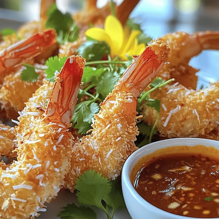 - 1 pound large shrimp, peeled and deveined - 1/2 cup all-purpose flour - 2 large eggs, beaten - 1 cup shredded unsweetened coconut - 1/2 cup panko breadcrumbs - 1 teaspoon paprika - 1/2 teaspoon garlic powder - Salt and pepper to taste - Cooking spray or oil for greasing What can I use instead of shrimp? You can use chicken breast or tofu as a substitute for shrimp. Both options work well with the same seasoning and coating method. What if I need gluten-free options? For a gluten-free version, use rice flour instead of all-purpose flour. Substitute panko breadcrumbs with gluten-free breadcrumbs. These swaps will keep the recipe tasty and safe for those with gluten sensitivities. Start by setting your air fryer to 400°F (200°C). Preheating takes about 5 minutes. This step is key for even cooking. A hot air fryer ensures the shrimp cook perfectly. Take 1 pound of peeled and deveined shrimp. Place them in a bowl. Add salt, pepper, paprika, and garlic powder. Mix gently until each shrimp has a nice coating. This seasoning adds great flavor. It makes the shrimp taste amazing! Now, let's set up your breading station. You will need three shallow dishes. Fill the first dish with 1/2 cup of flour. In the second dish, pour in 2 large beaten eggs. In your third dish, mix 1 cup of shredded unsweetened coconut with 1/2 cup of panko breadcrumbs. This mix adds crunch! To bread the shrimp, take one shrimp. Dip it in the flour, shaking off the excess. Next, dip it in the egg, letting any extra egg drip off. Finally, press it into the coconut and panko mix. Make sure it sticks well. Repeat this for all the shrimp. Before cooking, spray the air fryer basket lightly with cooking spray. Place the breaded shrimp in a single layer. Do not overcrowd them; they need space to cook. You might have to cook in batches. Cook the shrimp for 8-10 minutes. Flip them halfway through cooking. They should turn a lovely golden brown. Crispy and delicious, they will be ready to serve. Enjoy your air-fried coconut shrimp with your favorite dipping sauce! To get that perfect crunch, start with your air fryer basket. Always spray it with cooking spray. This step helps prevent the shrimp from sticking. It also promotes even cooking. I recommend a light coat on the shrimp as well. This will make them golden and crispy. One big mistake is overcrowding the basket. If you pack in too many shrimp, they won’t cook well. They need space for hot air to flow. Another issue is not preheating your air fryer. If it’s not hot enough, your shrimp may turn out soggy. Always preheat to 400°F (200°C) for the best results. You can boost the flavor with a few extra spices. I like to add a pinch of cayenne pepper for heat. You could also try adding lime zest for a fresh twist. For a tropical kick, mix in some crushed pineapple with the coconut. These small changes can elevate your dish and impress your guests. {{image_4}} You can make your coconut shrimp spicy with just a few tweaks. Add red pepper flakes or cayenne pepper to the seasoning mix. This will give your shrimp a nice kick. You can also try a spicy sauce for dipping. A sriracha mayo or hot chili sauce can enhance the flavor. These changes will make your dish stand out and excite your taste buds. Want to add a tropical twist? Think about using fresh fruits in your dish. Pineapples or mangoes can add sweetness. You can serve the shrimp with a tropical salsa. Mix diced mango, red onion, and cilantro for a fresh topping. You can also drizzle a coconut curry sauce over the shrimp for added flavor. These fruity options bring a bright and fresh taste to your meal. If you want a lighter dish, you can bake the shrimp instead of frying them. Preheat your oven to 400°F (200°C) and place the breaded shrimp on a baking sheet. Spray them lightly with oil to keep them crispy. Bake for about 12-15 minutes, flipping halfway through. This method cuts down on oil while still giving you a crunchy bite. Enjoy the same great taste with fewer calories! After enjoying your air fryer coconut shrimp, store any leftovers properly. First, let the shrimp cool down to room temperature. This cooling step helps prevent sogginess. Place the shrimp in an airtight container. Make sure to layer them with parchment paper to keep them crispy. Store them in the fridge for up to three days. To reheat your coconut shrimp, use the air fryer again. Preheat it to 350°F (175°C). Place the shrimp in the basket in a single layer. Heat for about 4-5 minutes, flipping them halfway through. This method keeps the shrimp crispy and delicious. Avoid using the microwave, as it can make the shrimp soft and chewy. You can also freeze both uncooked and cooked shrimp. For uncooked shrimp, bread them as you normally would, then place them on a baking sheet in a single layer. Freeze until solid, then transfer them to a freezer bag. They can last for up to three months. For cooked shrimp, let them cool, then store them in an airtight container. They can also last up to three months in the freezer. It takes about 8 to 10 minutes to cook coconut shrimp in an air fryer. I recommend flipping the shrimp halfway through to ensure even cooking. When they turn golden brown, they are ready to eat. This quick cooking time makes air frying easy and fun. Yes, you can use frozen shrimp! Just make sure to thaw them first. Place the shrimp in cold water for about 15-20 minutes. After thawing, dry them well with paper towels. This helps the coating stick better. Using frozen shrimp is a great option if fresh shrimp is hard to find. Several sauces go great with coconut shrimp. Here are a few favorites you can try: - Sweet chili sauce - Pineapple salsa - Mango chutney - Spicy aioli These sauces add a nice twist to the crunchy shrimp. Choose one or mix and match for extra fun! This blog post covered how to make delicious coconut shrimp in an air fryer. We discussed the ingredients, cooking steps, and tips for great results. I shared ways to customize your dish with flavors or healthy options. Remember to store leftovers properly and reheat them to keep them crispy. Whether you want a spicy twist or a tropical touch, this recipe is versatile. Enjoy creating your own tasty version of coconut shrimp!